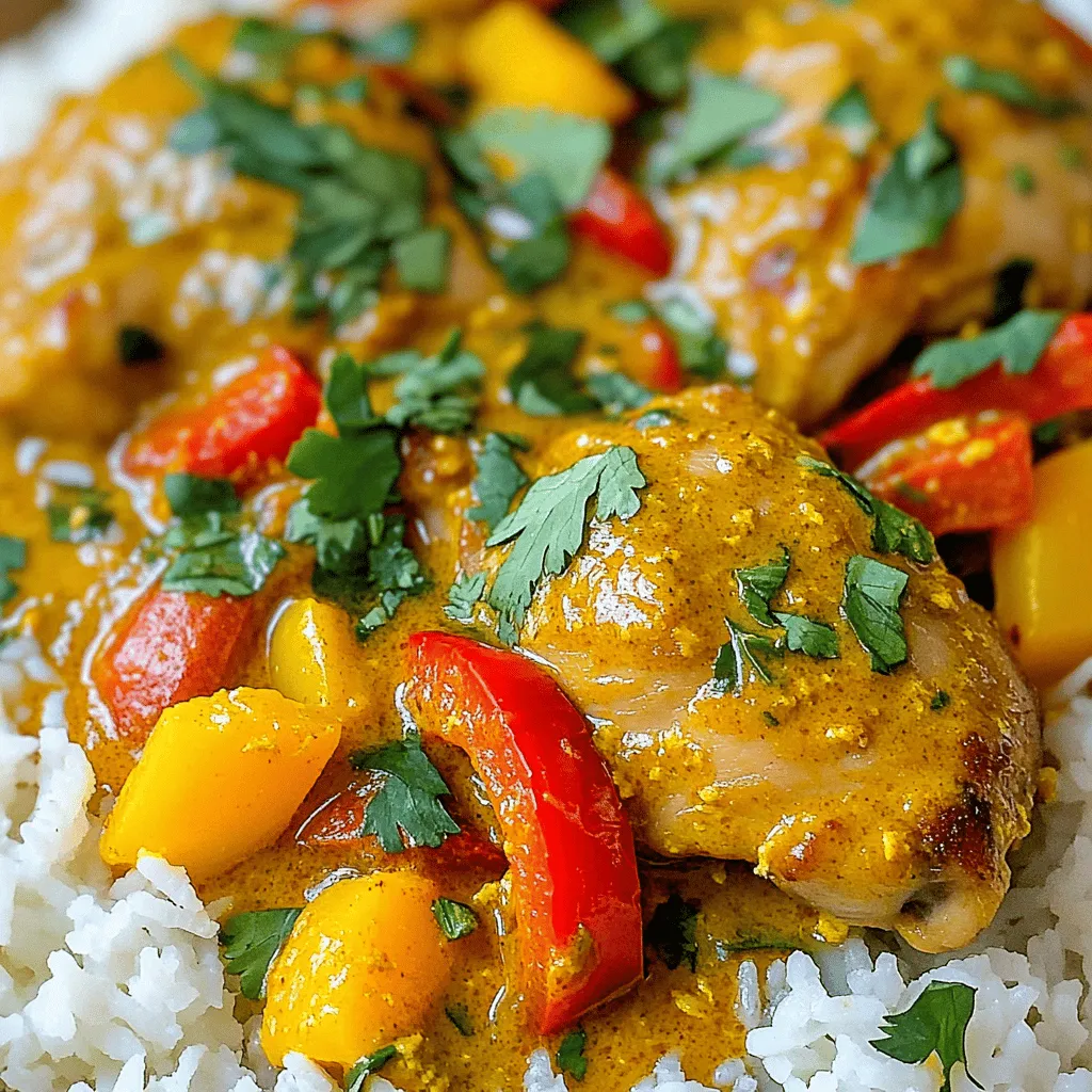 - 2 pounds boneless, skinless chicken thighs, cut into bite-sized pieces - 1 can (14 oz) coconut milk - 2 bell peppers (red and yellow), sliced - 1 onion, chopped - 4 cloves garlic, minced - 1 tablespoon ginger, minced - 1 cup chicken broth The chicken is the star of this dish. I prefer thighs for their rich taste. The coconut milk adds a creamy texture and sweetness. Fresh bell peppers and onion bring color and crunch to the meal. - 2 tablespoons red curry paste - 1 tablespoon fish sauce - 2 tablespoons brown sugar - 1 teaspoon turmeric powder - 1 tablespoon lime juice - Salt and pepper to taste Red curry paste gives this dish its signature flavor. Fish sauce adds depth. Brown sugar balances the spice, while turmeric gives a warm color. Lime juice brightens everything up. - Fresh cilantro, for garnish - Cooked rice or quinoa, for serving Fresh herbs like cilantro give a fresh finish. I love serving the curry over rice or quinoa. Both soak up the sauce well. For the full recipe, check the detailed instructions in the earlier section. Preparing the Base Start by adding chopped onion, minced garlic, and ginger to the bottom of your crockpot. This forms a flavorful base. The onions will add sweetness, while garlic and ginger give warmth. Layering Ingredients Next, layer the chicken pieces on top of the onion mix. Use boneless, skinless chicken thighs for best results. They stay juicy and tender while cooking. Mixing the Sauce In a separate bowl, whisk together the coconut milk, red curry paste, chicken broth, fish sauce, brown sugar, turmeric, lime juice, and a pinch of salt and pepper. This sauce brings all the flavors together and makes the dish rich and creamy. Setting Up the Crockpot Pour the coconut curry sauce over the chicken in your crockpot. Then, add the sliced bell peppers on top. Cover the pot tightly to keep all the steam in. Timing for Low vs. High Cooking Cook on low for 6-8 hours or high for 3-4 hours. Cooking on low gives the best taste as it allows the flavors to meld perfectly. The chicken should be cooked through and very tender when done. Adjusting Seasoning Once cooking time is up, taste the curry. You may want to add more salt, pepper, or lime juice to brighten the flavors. This step is key to making the dish your own. Serving the Dish Serve the coconut curry chicken over cooked rice or quinoa. Garnish with fresh cilantro for a pop of color and flavor. The warm rice soaks up the delicious sauce, making every bite comforting. For the complete recipe, check out [Full Recipe]. For the best slow-cooked meal, follow these tips. First, always layer your ingredients correctly. Start with onions and garlic at the bottom. This gives them time to soften and infuse flavor. Next, cut chicken into bite-sized pieces. This helps it cook evenly. To avoid overcooking, check your crockpot settings. Cooking on low for 6-8 hours is ideal. If you’re short on time, set it on high for 3-4 hours. Always check the chicken’s doneness. It should be tender and easy to shred. You can boost flavor by adding extra ingredients. Try throwing in some carrots or snap peas for color and crunch. Adding a splash of lime juice right before serving brightens up the dish. If you want to substitute ingredients, you have options. Can’t find red curry paste? Green curry paste works well too. Use vegetable broth instead of chicken broth for a lighter taste. You can also swap chicken for shrimp or tofu for a fun twist. Mastering the garnish makes your dish pop. Fresh cilantro adds a nice green touch. You can also add sliced lime for a burst of color. When plating, use a shallow bowl. Serve the curry on a bed of rice or quinoa. This creates a beautiful base. Spoon the coconut curry over the rice, letting it soak in. This makes each bite flavorful and satisfying. Explore the Full Recipe for more details and enjoy creating this comforting meal! {{image_2}} Protein Alternatives You can switch the chicken for other proteins. Try using shrimp or tofu. Both options give great taste. If you want a beefy flavor, use lean beef cuts. Cooking times may change, so check doneness. Vegan Option For a vegan version, skip the chicken and use chickpeas or lentils. These provide protein and fiber. Replace chicken broth with vegetable broth for a rich base. The coconut milk still adds creaminess. Spiciness Levels Everyone has different spice levels. If you like it hot, add more red curry paste. For a milder dish, use less paste or add some coconut milk. You can also add sugar to balance the heat. Herb Variations Fresh herbs can change the dish's taste. Try adding basil or mint for a fresh twist. You can also add curry leaves for a deeper flavor. Experiment to find your favorite herb combo. Instant Pot Version You can use an Instant Pot for faster cooking. Set it to high pressure for about 10 minutes. Release the pressure and enjoy a speedy meal. The flavors will still be rich and tasty. Stovetop Method If you prefer the stovetop, sauté the onion, garlic, and ginger first. Then, add the chicken and cook until browned. Pour in the coconut milk and let it simmer. This method takes about 30 minutes. These variations let you customize your crockpot coconut curry chicken. You can enjoy the dish just the way you like! For the full recipe, check the instructions above. To keep your crockpot coconut curry chicken fresh, store it in airtight containers. This method helps maintain flavor and texture. Place the leftovers in the fridge within two hours of cooking. They will stay good for up to four days. If you want to save it for later, freezing is a great option. - Freezing Tips: Divide the dish into smaller portions before freezing. Use freezer-safe bags or containers. Label each bag with the date. You can freeze it for up to three months. When ready to eat, thaw it overnight in the fridge before reheating. When reheating, I recommend using the stovetop for best results. Gently warm the chicken in a pan over low heat. This method keeps the dish moist and flavorful. Stir occasionally to ensure even heating. - Avoiding Texture Loss: If you use a microwave, heat in short bursts. Stir in between to keep the chicken tender. This way, you can enjoy the same great taste as when it was freshly made. The shelf life of your crockpot coconut curry chicken depends on how you store it. In the fridge, it lasts for about four days. If frozen, it can last up to three months. - Signs of Spoilage: Check for any off smells or changes in texture. If the chicken looks discolored or slimy, it’s best to throw it out. Always trust your senses when it comes to food safety. Can I use chicken breast instead of thighs? Yes, you can use chicken breast. Chicken thighs have more fat, making them juicy. Breasts may cook faster and dry out. Thighs stay tender and flavorful in the slow cooker. How spicy is this coconut curry chicken? The spice level comes from the red curry paste. If you like mild dishes, use less paste. You can always add more later if you want extra heat. Can I prep this recipe in advance? Absolutely! You can chop the veggies and chicken a day before. Store them in the fridge. This saves time on the cooking day. Just layer everything in the crockpot and cook. What if I don't have curry paste? No worries! You can use curry powder as a substitute. Mix it with coconut milk and spices for flavor. Try to add fresh ginger and garlic for a better taste. What goes well with crockpot coconut curry chicken? Serve this dish over rice or quinoa. Both soak up the sauce well. You can also add steamed veggies or a fresh salad. They balance the meal nicely. Can it be served as a meal prep option? Yes, this dish is great for meal prep! It stores well in the fridge. Just divide it into containers for the week. Reheat it for a quick and tasty meal. You can find the Full Recipe for detailed instructions. This blog post covered the key ingredients, step-by-step instructions, and helpful tips for making coconut curry chicken in a crockpot. You learned to choose the main ingredients, like chicken and coconut milk, and enhance flavors with spices and sauces. I shared easy cooking methods and variations for different tastes, plus smart storage tips. Slow cooking brings out rich flavors and tenderness. Experiment with your substitutions and enjoy a warm dish that warms the soul. Now, it’s time to cook, savor, and share this delightful meal!