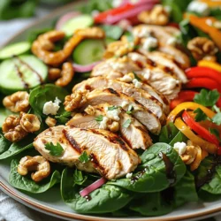 - 2 boneless, skinless chicken breasts - 4 cups fresh spinach, roughly chopped - 1 cup cremini mushrooms, sliced - 1/2 red bell pepper, julienned - 1 small cucumber, diced - 1/4 cup red onion, thinly sliced - 1/4 cup feta cheese, crumbled - 1/4 cup walnuts, chopped I love using fresh ingredients in this salad. The chicken breasts are juicy and tender. Spinach adds a nice crunch and bright color. Cremini mushrooms bring an earthy flavor that pairs well with everything else. The red bell pepper and cucumber add sweetness and freshness. When I sprinkle feta cheese and walnuts on top, it makes this salad feel special. - 3 tablespoons olive oil - 2 tablespoons balsamic vinegar - 1 teaspoon garlic powder - Salt and pepper, to taste For the dressing, I use olive oil and balsamic vinegar. They create a rich and tangy flavor. A bit of garlic powder gives depth. I always add salt and pepper to taste. This simple dressing ties all the flavors together. - Grill - Skillet - Salad Bowl To make this salad, you'll need a few tools. A grill is key for cooking the chicken. A skillet helps sauté the mushrooms. Finally, a large salad bowl is perfect for mixing everything together. With these tools, you can create a wonderful dish. For the full recipe, check out the details. To start, you want to marinate the chicken. First, rub the chicken breasts with 1 tablespoon of olive oil, garlic powder, salt, and pepper. This mix adds flavor and helps keep the meat juicy. After marinating, it’s time to preheat the grill. Aim for medium-high heat, which is perfect for grilling chicken. Place the chicken on the hot grill. Grill each side for about 6-7 minutes. You want the chicken to reach an internal temperature of 165°F (75°C). Once cooked, remove the chicken from the grill. Let it rest for a few minutes. Resting helps the juices settle, keeping the chicken tender. Now, let's sauté the mushrooms. In a skillet, add the remaining 2 tablespoons of olive oil. Heat the skillet over medium heat. Add the sliced mushrooms and cook for about 5 minutes. You want them golden brown. Season with salt and pepper to enhance their flavor. Grab a large bowl to assemble the salad. Combine the chopped spinach, sautéed mushrooms, red bell pepper, cucumber, and red onion. Toss gently to mix everything well. This mix creates a colorful and healthy base for your salad. Next, slice the grilled chicken into strips. Place the chicken on top of the salad. Sprinkle crumbled feta cheese and chopped walnuts over everything. This adds texture and flavor, making the salad more exciting. For the dressing, whisk together balsamic vinegar, salt, and pepper in a small bowl. This simple dressing balances the flavors in your salad. Drizzle it over the salad to coat the ingredients. Gently toss the salad to mix the dressing throughout. For the full recipe, check the section above. - Achieving Perfect Grill Marks Start with a clean grill. Preheat it to medium-high. Place the chicken at a 45-degree angle. This gives you those nice crosshatch marks. Avoid moving the chicken too much. Let it cook for 6-7 minutes before flipping. - Avoiding Dry Chicken To keep chicken juicy, marinate it ahead of time. Use olive oil, salt, and your favorite spices. Cook to an internal temperature of 165°F (75°C). Let it rest before slicing. This step keeps the juices inside. - How to Store Leftovers Place any leftover salad in an airtight container. Store it in the fridge. It stays fresh for up to three days. Keep the dressing separate to avoid sogginess. - Reheating Techniques If you want warm chicken, heat it in the microwave for 30 seconds. Avoid reheating the salad. It tastes best fresh. - Pairing with Other Dishes Serve the salad with crusty bread or a light soup. This adds more texture and flavor. It makes a great lunch or dinner option. - Making It a Meal To make it a full meal, add quinoa or brown rice. These grains provide extra protein and fiber. You can also top it with avocado slices for creaminess. For the complete recipe, check out the Full Recipe. {{image_2}} You can switch chicken for other proteins. Try grilled shrimp or beef for a twist. Tofu also works well for a plant-based option. These alternatives add unique flavors and textures. Using seasonal veggies can brighten your salad. Think fresh tomatoes in summer or roasted squash in fall. Each season brings new colors and tastes. You can also add fruits like berries or sliced apples. They add sweetness and crunch. Homemade dressings often taste better than store-bought. Try mixing olive oil, lemon juice, and herbs for a zesty touch. You can also use yogurt or tahini for creaminess. Explore different flavors to find what you love. Enjoy experimenting with your salad dressings to make them unique. For the full recipe, check the link. To keep your grilled chicken salad fresh, follow these tips: - Store leftovers in the fridge within two hours of serving. - Use airtight containers to prevent moisture loss. - Keep the chicken and salad separate if possible. This keeps the greens crisp. You can freeze the chicken salad for later. Here’s how: - Make sure the salad is cool before freezing. - Use freezer-safe containers or bags. - Remove excess air to prevent freezer burn. For thawing: - Move the salad to the fridge for a slow thaw. - Avoid microwaving, as it can make the veggies soggy. In the fridge, your grilled chicken salad lasts: - About 3-4 days. Make sure it stays below 40°F (4°C). - Check for signs of spoilage, like a bad smell or slimy texture. If you see these signs, it's best to toss it out. Yes, you can use frozen chicken. Just make sure to thaw it first. You can thaw it in the fridge overnight or use the microwave. Once thawed, follow the grilling steps. This will help ensure juicy chicken. The best way to tell is by using a meat thermometer. The chicken should reach an internal temperature of 165°F (75°C). If you don’t have a thermometer, cut into the thickest part. The meat should be white, not pink. If you want a different cheese, try goat cheese or blue cheese. Both add a nice tang. For a dairy-free option, use avocado or a nut-based cheese. Each option gives a unique flavor to the salad. You can prepare the chicken and mushrooms in advance. Cook them and store them in the fridge. Assemble the salad just before serving to keep it fresh. This way, the greens stay crisp and tasty. Yes, you can grill mushrooms! Just clean them and slice them. Brush with olive oil and grill for about 5 minutes. They will get a nice smoky flavor and pair well with the chicken. For more details on how to make this delicious dish, check the [Full Recipe](#). This blog post covered how to create a healthy grilled chicken salad. We talked about the key ingredients like chicken, spinach, and mushrooms, plus how to prepare and grill them. I shared tips for perfect cooking and storage, along with tasty variations. Try this salad for a fresh meal any day. Simple steps help you craft flavors you will love. Enjoy your cooking and make it your own!
