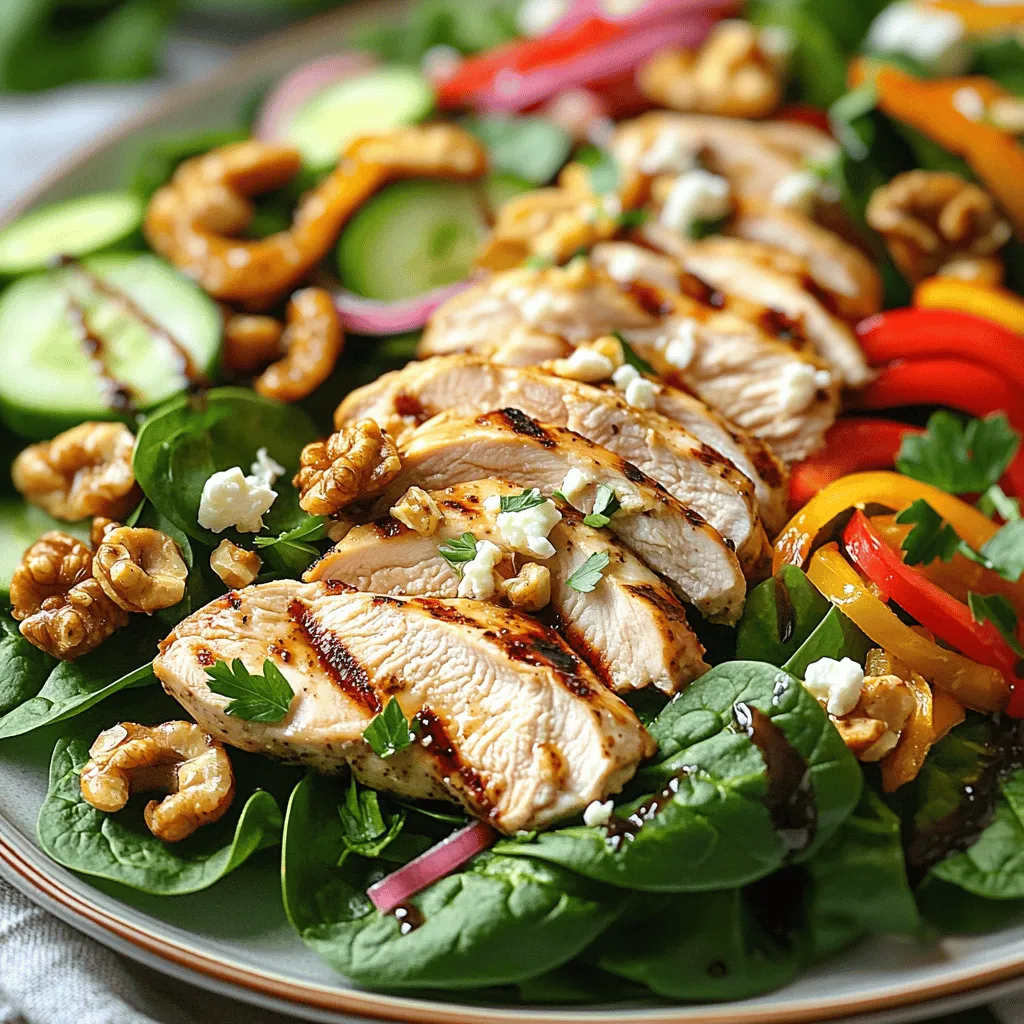 - 2 boneless, skinless chicken breasts - 4 cups fresh spinach, roughly chopped - 1 cup cremini mushrooms, sliced - 1/2 red bell pepper, julienned - 1 small cucumber, diced - 1/4 cup red onion, thinly sliced - 1/4 cup feta cheese, crumbled - 1/4 cup walnuts, chopped I love using fresh ingredients in this salad. The chicken breasts are juicy and tender. Spinach adds a nice crunch and bright color. Cremini mushrooms bring an earthy flavor that pairs well with everything else. The red bell pepper and cucumber add sweetness and freshness. When I sprinkle feta cheese and walnuts on top, it makes this salad feel special. - 3 tablespoons olive oil - 2 tablespoons balsamic vinegar - 1 teaspoon garlic powder - Salt and pepper, to taste For the dressing, I use olive oil and balsamic vinegar. They create a rich and tangy flavor. A bit of garlic powder gives depth. I always add salt and pepper to taste. This simple dressing ties all the flavors together. - Grill - Skillet - Salad Bowl To make this salad, you'll need a few tools. A grill is key for cooking the chicken. A skillet helps sauté the mushrooms. Finally, a large salad bowl is perfect for mixing everything together. With these tools, you can create a wonderful dish. For the full recipe, check out the details. To start, you want to marinate the chicken. First, rub the chicken breasts with 1 tablespoon of olive oil, garlic powder, salt, and pepper. This mix adds flavor and helps keep the meat juicy. After marinating, it’s time to preheat the grill. Aim for medium-high heat, which is perfect for grilling chicken. Place the chicken on the hot grill. Grill each side for about 6-7 minutes. You want the chicken to reach an internal temperature of 165°F (75°C). Once cooked, remove the chicken from the grill. Let it rest for a few minutes. Resting helps the juices settle, keeping the chicken tender. Now, let's sauté the mushrooms. In a skillet, add the remaining 2 tablespoons of olive oil. Heat the skillet over medium heat. Add the sliced mushrooms and cook for about 5 minutes. You want them golden brown. Season with salt and pepper to enhance their flavor. Grab a large bowl to assemble the salad. Combine the chopped spinach, sautéed mushrooms, red bell pepper, cucumber, and red onion. Toss gently to mix everything well. This mix creates a colorful and healthy base for your salad. Next, slice the grilled chicken into strips. Place the chicken on top of the salad. Sprinkle crumbled feta cheese and chopped walnuts over everything. This adds texture and flavor, making the salad more exciting. For the dressing, whisk together balsamic vinegar, salt, and pepper in a small bowl. This simple dressing balances the flavors in your salad. Drizzle it over the salad to coat the ingredients. Gently toss the salad to mix the dressing throughout. For the full recipe, check the section above. - Achieving Perfect Grill Marks Start with a clean grill. Preheat it to medium-high. Place the chicken at a 45-degree angle. This gives you those nice crosshatch marks. Avoid moving the chicken too much. Let it cook for 6-7 minutes before flipping. - Avoiding Dry Chicken To keep chicken juicy, marinate it ahead of time. Use olive oil, salt, and your favorite spices. Cook to an internal temperature of 165°F (75°C). Let it rest before slicing. This step keeps the juices inside. - How to Store Leftovers Place any leftover salad in an airtight container. Store it in the fridge. It stays fresh for up to three days. Keep the dressing separate to avoid sogginess. - Reheating Techniques If you want warm chicken, heat it in the microwave for 30 seconds. Avoid reheating the salad. It tastes best fresh. - Pairing with Other Dishes Serve the salad with crusty bread or a light soup. This adds more texture and flavor. It makes a great lunch or dinner option. - Making It a Meal To make it a full meal, add quinoa or brown rice. These grains provide extra protein and fiber. You can also top it with avocado slices for creaminess. For the complete recipe, check out the Full Recipe. {{image_2}} You can switch chicken for other proteins. Try grilled shrimp or beef for a twist. Tofu also works well for a plant-based option. These alternatives add unique flavors and textures. Using seasonal veggies can brighten your salad. Think fresh tomatoes in summer or roasted squash in fall. Each season brings new colors and tastes. You can also add fruits like berries or sliced apples. They add sweetness and crunch. Homemade dressings often taste better than store-bought. Try mixing olive oil, lemon juice, and herbs for a zesty touch. You can also use yogurt or tahini for creaminess. Explore different flavors to find what you love. Enjoy experimenting with your salad dressings to make them unique. For the full recipe, check the link. To keep your grilled chicken salad fresh, follow these tips: - Store leftovers in the fridge within two hours of serving. - Use airtight containers to prevent moisture loss. - Keep the chicken and salad separate if possible. This keeps the greens crisp. You can freeze the chicken salad for later. Here’s how: - Make sure the salad is cool before freezing. - Use freezer-safe containers or bags. - Remove excess air to prevent freezer burn. For thawing: - Move the salad to the fridge for a slow thaw. - Avoid microwaving, as it can make the veggies soggy. In the fridge, your grilled chicken salad lasts: - About 3-4 days. Make sure it stays below 40°F (4°C). - Check for signs of spoilage, like a bad smell or slimy texture. If you see these signs, it's best to toss it out. Yes, you can use frozen chicken. Just make sure to thaw it first. You can thaw it in the fridge overnight or use the microwave. Once thawed, follow the grilling steps. This will help ensure juicy chicken. The best way to tell is by using a meat thermometer. The chicken should reach an internal temperature of 165°F (75°C). If you don’t have a thermometer, cut into the thickest part. The meat should be white, not pink. If you want a different cheese, try goat cheese or blue cheese. Both add a nice tang. For a dairy-free option, use avocado or a nut-based cheese. Each option gives a unique flavor to the salad. You can prepare the chicken and mushrooms in advance. Cook them and store them in the fridge. Assemble the salad just before serving to keep it fresh. This way, the greens stay crisp and tasty. Yes, you can grill mushrooms! Just clean them and slice them. Brush with olive oil and grill for about 5 minutes. They will get a nice smoky flavor and pair well with the chicken. For more details on how to make this delicious dish, check the [Full Recipe](#). This blog post covered how to create a healthy grilled chicken salad. We talked about the key ingredients like chicken, spinach, and mushrooms, plus how to prepare and grill them. I shared tips for perfect cooking and storage, along with tasty variations. Try this salad for a fresh meal any day. Simple steps help you craft flavors you will love. Enjoy your cooking and make it your own!