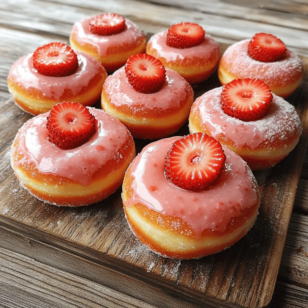 To create these delicious donuts with strawberries, you need a few simple items. Gather these ingredients to get started on your tasty treat: - 2 cups all-purpose flour - 1 cup granulated sugar - 1 tablespoon baking powder - ½ teaspoon salt - 2 large eggs - ½ cup whole milk - ¼ cup unsalted butter, melted - 1 teaspoon vanilla extract - 1 cup fresh strawberries, pureed - ½ cup powdered sugar (for glaze) - Extra sliced strawberries for garnish These ingredients work together to create soft, fluffy donuts with a sweet strawberry flavor. The fresh strawberries add a burst of color and taste. You can find these items at your local grocery store. Feel free to get creative with your strawberries! Using fresh ones makes a big difference. You can also find great tips in the Full Recipe to help you along the way. 1. Preheat your oven to 350°F (175°C). This step warms the oven for even baking. 2. Grease your donut pan with non-stick spray. This helps the donuts come out easily. 3. In a large bowl, mix the dry ingredients: - 2 cups all-purpose flour - 1 cup granulated sugar - 1 tablespoon baking powder - ½ teaspoon salt Stir until all the ingredients blend well. 4. In another bowl, whisk together the wet ingredients: - 2 large eggs - ½ cup whole milk - ¼ cup unsalted butter, melted - 1 teaspoon vanilla extract - 1 cup fresh strawberries, pureed Mix until smooth. 5. Pour the wet mix into the dry mix. Stir gently until just combined. It's okay if there are a few lumps. 6. Fill each donut mold about ¾ full with the batter. You can use a piping bag or a zip-top bag with a cut corner for this. 7. Bake your donuts for 12-15 minutes. Check with a toothpick; it should come out clean. 1. Let the donuts cool in the pan for about 5 minutes. This makes them easier to handle. 2. Move them to a wire rack to cool completely. 3. For the glaze, whisk together: - ½ cup powdered sugar Add a little water to reach a smooth consistency. 4. Dunk each cooled donut into the glaze. Let the excess glaze drip off. 5. While the glaze is still wet, decorate with extra sliced strawberries for a fresh touch. 6. Allow the glaze to set for a few minutes before you enjoy them. For the full recipe, you can refer to the previous section. Enjoy making these delightful treats! Avoiding overmixing Mix the wet and dry ingredients just until they come together. You want some lumps to stay. Overmixing makes the donuts tough. This is key for soft, fluffy donuts. Ensuring even baking Fill each donut mold about ¾ full. This helps them rise evenly. If they are too full, they may overflow. Keep an eye on the baking time. Toothpicks are great for checking doneness. Adding more strawberry puree You can add extra strawberry puree for a stronger flavor. It makes the donuts more fruity and fun. Use fresh strawberries for the best taste. Blend them until smooth for a great addition. Experimenting with different glazes Try different glazes for unique flavors. You can mix in lemon juice or vanilla to the glaze. This adds a nice twist. A chocolate glaze also pairs well with strawberry donuts. Don't be afraid to get creative! For the full recipe, check out the complete instructions above! {{image_2}} Chocolate Strawberry Donuts You can turn your strawberry donuts into a chocolate delight. Just add cocoa powder to the batter. I suggest using ¼ cup of cocoa powder to keep the balance. The rich chocolate flavor pairs well with the sweet strawberries. You can also drizzle melted chocolate on top for extra flavor. Strawberry Lemon Donuts For a bright twist, try strawberry lemon donuts. Add zest from one lemon to your batter. This adds a fresh kick that brightens the sweet strawberries. You can also make a lemon glaze by mixing powdered sugar with fresh lemon juice. This makes the donuts taste refreshing and light. Gluten-Free Options If you need gluten-free donuts, swap all-purpose flour for a gluten-free blend. Many blends work well for baking. Make sure it has xanthan gum, which helps with texture. This change keeps your donuts soft and yummy while being gluten-free. Vegan Adaptations To make these donuts vegan, use plant-based milk instead of whole milk. You can replace eggs with flaxseed meal. Just mix 1 tablespoon of flaxseed meal with 2.5 tablespoons of water and let it sit for a few minutes. This mixture mimics the binding power of eggs. Use vegan butter in place of regular butter for a dairy-free treat. For the full recipe, check out the Strawberry Bliss Donuts section above! To keep your donuts fresh, store them at room temperature in an airtight container. This method works well for short-term storage. Donuts taste best when eaten fresh, but they can last for about two days this way. If you want to keep your donuts for a longer time, refrigerate them. Wrap each donut in plastic wrap and place them in a sealed container. This helps retain moisture and flavor. Refrigerated donuts can stay fresh for up to a week. Freezing donuts is a great way to save them for later. Here’s how to do it correctly: - Allow the donuts to cool completely after baking. - Wrap each donut tightly in plastic wrap. - Place the wrapped donuts in a freezer-safe bag or container. To thaw, take the donuts out of the freezer and leave them at room temperature for about 1-2 hours. You can also warm them in the oven at a low temperature for a few minutes. This way, they taste fresh and delicious, just like when you first made them. For the full recipe, check out the Strawberry Bliss Donuts. Can I use frozen strawberries? Yes, you can use frozen strawberries. Just thaw them first. Drain any excess water. This keeps the batter from getting too wet. Puree the strawberries as you would with fresh ones. How can I make these donuts healthier? To make these donuts healthier, swap out some ingredients. Use whole wheat flour instead of all-purpose flour. You can also reduce the sugar by using natural sweeteners like honey or maple syrup. Consider using Greek yogurt in place of butter for a lighter touch. What’s the best way to garnish the donuts? The best way to garnish the donuts is to use fresh sliced strawberries. They add color and flavor. You can sprinkle some chopped nuts for crunch. A drizzle of dark chocolate can also add a nice touch. Why did my donuts sink? Donuts may sink if the batter is too heavy or overmixed. Ensure you mix until just combined. Also, check your oven temperature. An oven that is too cool can lead to sinking donuts. How can I make the glaze thicker? To make the glaze thicker, add more powdered sugar. Start with a small amount and mix well. If you want to keep it smooth, avoid adding too much liquid. Where to buy fresh strawberries? You can buy fresh strawberries at local farmers' markets. Grocery stores also have them in the produce section. Look for bright red berries that are firm and fragrant. Recommended cafes for donut lovers For donut lovers, visit local cafes known for their unique flavors. Try places that use fresh ingredients and seasonal fruits. Ask friends or check online reviews to find the best spots in your area. This blog covered how to make delicious strawberry donuts. I shared the key ingredients, easy steps, and tips for perfecting your recipe. You can also try new flavors and dietary options. Remember, storing them correctly keeps your donuts fresh longer. Don’t hesitate to experiment and make this recipe your own. Enjoy making these treats, and share them with friends! They’ll love the taste and effort you put into baking.
