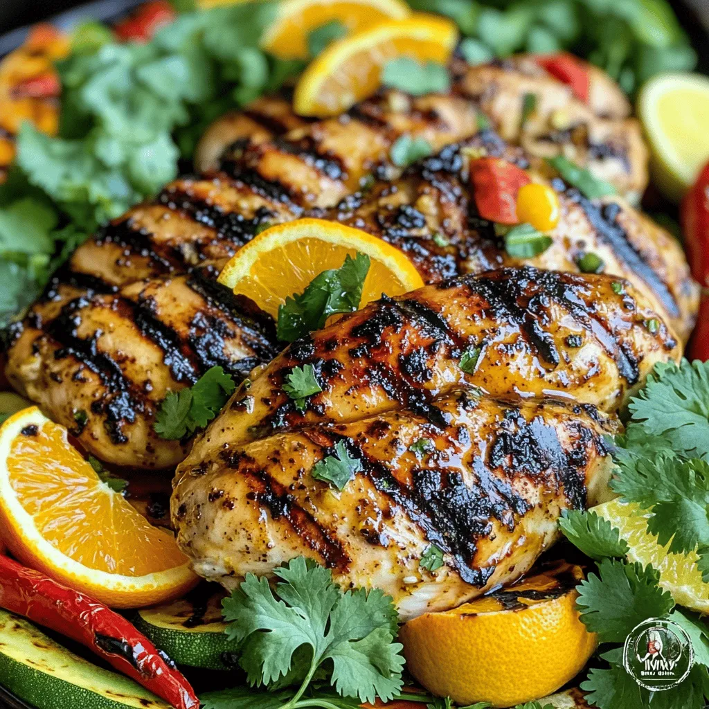 - 4 boneless, skinless chicken breasts - 1/4 cup fresh orange juice - 1/4 cup fresh lime juice - 2 tablespoons olive oil - 2 tablespoons honey - 3 cloves garlic, minced - 1 teaspoon ground cumin - 1 teaspoon smoked paprika - Salt and pepper to taste - Zest of 1 lime - Zest of 1 orange - Fresh cilantro, for garnish To make Grilled Key West Chicken with Citrus Marinade, you'll need some key ingredients. Start with four boneless, skinless chicken breasts. These are your main protein. Next, grab a quarter cup of fresh orange juice and a quarter cup of fresh lime juice. These juices bring bright flavor to the dish. For the marinade, you'll need two tablespoons of olive oil. This adds richness and helps the flavors blend. Two tablespoons of honey sweeten the mix and balance the acidity. Don't forget three cloves of minced garlic for a punch of flavor. Now, let’s add spices. You will need a teaspoon of ground cumin and a teaspoon of smoked paprika. These spices give the chicken a warm, smoky taste. Add salt and pepper to your liking. Don’t forget the zest of one lime and one orange. The zest adds fresh citrus notes that elevate the dish. Finally, you'll want fresh cilantro for garnish. This adds a pop of color and flavor when serving. For the full recipe, check out the details above. To start, gather your ingredients for the marinade. You need fresh orange juice, lime juice, olive oil, honey, garlic, ground cumin, smoked paprika, and the zest of both a lime and an orange. In a mixing bowl, combine the orange juice and lime juice. Add the olive oil, honey, and minced garlic. Then, sprinkle in the cumin and smoked paprika. Finally, add the lime and orange zest. Whisk everything together until it blends well. This citrus marinade gives the chicken a bright, fresh taste. It’s simple but packed with flavor. Next, take your chicken breasts and place them in a resealable plastic bag or a shallow dish. Pour the citrus marinade over the chicken, making sure every piece gets coated. Seal the bag tightly or cover your dish. Refrigerate the chicken for at least one hour. For the best flavor, let it marinate for two to four hours. This step is key. It allows the chicken to soak in all those zesty flavors. Before grilling, preheat your grill to medium-high heat. Once hot, take the marinated chicken out of the fridge. Let any excess marinade drip off, and then discard the marinade. Place the chicken on the grill. Cook each side for about six to seven minutes. You want the chicken to reach an internal temperature of 165°F. This ensures it’s safe to eat and juicy. When done, take the chicken off the grill and let it rest for five minutes. This helps the juices redistribute, making it more tender. Slice the chicken and serve it hot. Garnish with fresh cilantro for a lovely touch. For the full recipe, check the details above. To make your citrus marinade just right, start by tasting it. If you want more sweetness, add a bit more honey. If you like it tangy, squeeze in more lime juice. Balance is key. You can also add spices like chili flakes for a kick. This way, you create a flavor that fits your taste. When grilling, heat your grill to medium-high. To prevent sticking, oil the grill grates before placing the chicken on them. Use tongs to turn the chicken, which helps keep the juices in. For great grill marks, do not move the chicken around too much. Let it sit on one side for about 6-7 minutes before flipping. After grilling, let the chicken rest for 5 minutes. This helps the juices settle, making each bite tender and juicy. For presentation, slice the chicken and arrange it on a nice platter. Add fresh cilantro and citrus slices for color. This makes your dish look as good as it tastes. For a meal, serve it with grilled veggies or a salad. You can find the full recipe earlier in the article. {{image_2}} If you want to switch things up, consider using pork or tofu. Both can soak up the citrus marinade well. For pork, use boneless chops or tenderloin. The marinade will keep the meat juicy and flavorful. For tofu, press it to remove excess water. Then, cut it into cubes or slices. Marinate the tofu for at least an hour. This will give you a tasty plant-based option that still feels like a feast. Adding new spices can elevate the dish. Try mixing in fresh herbs like cilantro or mint. You can also add a hint of heat with red pepper flakes. For a unique twist, swap lime juice for grapefruit juice. This adds a sweet and tart flavor that pairs nicely with the chicken. Experimenting can lead to new favorite tastes! Do not worry if you do not have a grill. Baking or pan-searing works great too. For baking, preheat your oven to 400°F (200°C). Place the marinated chicken on a baking sheet lined with parchment paper. Bake for 25-30 minutes, or until the chicken reaches 165°F (75°C). For pan-searing, heat a skillet over medium-high heat. Add a bit of oil and cook the chicken for 6-7 minutes on each side. This gives a nice crust while keeping the inside juicy. Now you have several ways to enjoy Grilled Key West Chicken with Citrus Marinade. Check out the Full Recipe for all the details! You can keep marinated chicken in the fridge for up to two days. This helps the flavors soak in. If you want the best taste, try to use it within 24 hours. Make sure it’s in a sealed bag or container to avoid any mess. To freeze grilled chicken, first let it cool completely. Wrap each piece tightly in plastic wrap. Then, place them in a freezer-safe bag. Write the date on the bag. The grilled chicken will stay fresh for up to three months. When you're ready to eat it, just thaw it in the fridge overnight. To reheat grilled chicken, use the oven or stovetop. If using the oven, set it to 350°F. Place the chicken in a baking dish, add a splash of water, and cover it with foil. This keeps it moist. Heat for about 15-20 minutes or until warm. On the stovetop, use low heat and cover the pan. This also helps avoid drying out your chicken. Enjoy it just like fresh! For the best flavor, you should marinate the chicken for at least 1 hour. However, I recommend 2 to 4 hours. This allows the chicken to soak up the citrus flavors and spices. If you have time, marinating overnight works wonders too. Just remember to keep the chicken in the fridge while it marinates. Yes, you can use frozen chicken for this recipe. Just remember to thaw it first. It’s best to thaw the chicken in the fridge overnight. After thawing, you can follow the same marinating steps. This will keep the chicken juicy and flavorful. Key West Chicken pairs well with many sides. Here are some great ideas: - Grilled vegetables, like zucchini and bell peppers - A fresh garden salad with citrus dressing - Rice, particularly coconut or jasmine rice - Black beans or corn salad for a tropical touch These sides will complement the bright flavors of the chicken. Enjoy your meal with family and friends! For the complete recipe, check out the Full Recipe. You learned how to make a tasty Key West chicken dish. We covered ingredients, marinade steps, and grilling tips. Remember to adjust the marinade to your taste and let the chicken rest. If you want to switch proteins or cooking methods, plenty of options exist. Store any leftovers properly, so they stay fresh. This recipe is simple and delicious, perfect for any meal. Now, get cooking and enjoy your flavorful dish!