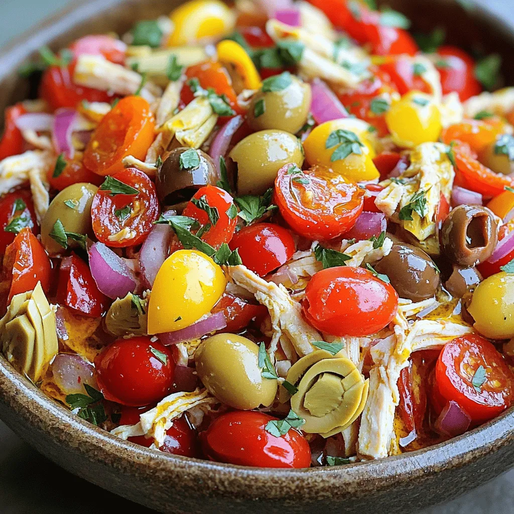 To make this savory dish, you need a few simple items. Here’s what you will gather: - 4 boneless, skinless chicken breasts - 1 cup cherry tomatoes, halved - 1 red bell pepper, sliced - 1 yellow bell pepper, sliced - 1 red onion, diced - 1/2 cup pitted Kalamata olives, sliced - 1/4 cup artichoke hearts, chopped - 3 cloves garlic, minced - 1/4 cup olive oil - Juice of 1 lemon These ingredients create a bright and fresh taste. The chicken becomes tender and flavorful when cooked slowly. Herbs and spices bring life to our dish. You’ll need: - 1 teaspoon dried oregano - 1 teaspoon dried basil - 1 teaspoon paprika - 1/2 teaspoon salt - 1/4 teaspoon black pepper Mix these herbs together for a delightful blend. They add depth and aroma, making the meal feel truly Mediterranean. Garnishes make your dish look pretty and add flavor. Consider these options: - Fresh parsley, chopped Sprinkling fresh parsley on top adds color and a burst of freshness. It makes your meal even more inviting. This is a great base to create a delicious Slow Cooker Mediterranean Chicken. For the full recipe, follow the steps ahead to enjoy this tasty meal. To start, I lightly grease the slow cooker pot with olive oil. This helps keep the chicken from sticking. You want a nice non-stick surface for easy cleanup. Next, I place the chicken breasts in the bottom of the pot. They should fit in one even layer. This helps the chicken cook evenly. In a mixing bowl, I combine cherry tomatoes, red and yellow bell peppers, red onion, Kalamata olives, artichoke hearts, and minced garlic. I stir it all together to mix well. In another small bowl, I mix dried oregano, basil, paprika, salt, and black pepper. I sprinkle this herb mix over the chicken evenly. Now, I pour the vegetable mix over the chicken. I make sure the veggies are spread out nicely. Then, I drizzle olive oil and the juice of one lemon over everything. I cover the slow cooker with its lid. Then, I set it to low for 6-7 hours or high for 3-4 hours. I check that the chicken is cooked through and tender. Once it's done, I use two forks to shred the chicken right in the pot. I mix it with the veggies and juices. Finally, I taste it and adjust the seasoning if needed. This full recipe is a true delight for the senses! To boost the taste of your Mediterranean chicken, use fresh herbs. Fresh parsley and basil add a bright touch. You can also try adding lemon zest for extra zing. For a richer flavor, let the chicken marinate. Mix olive oil, lemon juice, and spices. Coat the chicken and let it sit for at least one hour. To get tender chicken, choose the right cut. Boneless, skinless breasts work well. They cook evenly and stay juicy. Avoid overcooking; this can make them dry. Follow the cooking times closely. Use a meat thermometer if you can. The chicken should reach an internal temperature of 165°F (75°C). Your slow cooker can change cooking times. If using a newer model, check the times given. For high heat, cook for 3-4 hours. For low heat, 6-7 hours is ideal. If you add more veggies or chicken, you may need extra time. Always check for doneness before serving. For the full recipe, look back at the beginning. {{image_2}} You can change up the veggies in this dish. Try adding zucchini, spinach, or mushrooms. These add great flavor and nutrition. You can also use eggplant for a heartier texture. Just remember to keep the cooking time the same. The slow cooker will make these veggies tender and tasty. If you want something different, swap out the chicken. Use turkey or pork for a twist. You can also try fish like salmon or cod. Just be aware that fish cooks faster, so check it after two hours on low. This way, you can enjoy a different protein while still savoring that Mediterranean flavor. For a vegetarian take, leave out the chicken entirely. You can use chickpeas or lentils for protein. These add a nice texture and soak up the flavors. Mix in extra veggies like carrots and peas. This version is both filling and healthy. You can still follow the same cooking method and enjoy this dish in a new way. For the full recipe, check out the details above. After enjoying your savory slow cooker Mediterranean chicken, let it cool. Transfer any leftovers into an airtight container. Store it in the fridge. Leftovers stay fresh for about 3 to 4 days. Make sure to label the container with the date. This helps you keep track of how long they are good. To reheat, you can use the microwave or the stovetop. If using the microwave, place the chicken in a bowl. Cover it with a lid or a microwave-safe wrap. Heat on medium for 1-2 minutes, stirring halfway through. If you prefer the stovetop, heat a pan over medium heat. Add a splash of water or broth to keep it moist. Stir often until heated through. For longer storage, freeze the chicken. Place cooled leftovers in a freezer-safe bag or container. Remove as much air as possible to prevent freezer burn. You can freeze it for up to 3 months. When ready to eat, thaw it overnight in the fridge. Reheat as mentioned above for the best results. Enjoy your meal anytime! To keep your chicken juicy, use a slow cooker. The low heat cooks slowly and keeps moisture in. Adding olive oil and lemon juice also helps. These ingredients create a delicious sauce that bathes the chicken. Shredding the chicken after cooking mixes it with the juices. This step adds flavor and keeps it moist. Yes, you can use frozen chicken breasts. However, it may change the cooking time. If using frozen, set your slow cooker on high. Cook for about 4-5 hours instead of 3-4 hours. Always check the internal temperature. It should reach 165°F (75°C) for safety. This way, your chicken stays tender and safe to eat. You have many tasty options for sides. Here are some great ideas: - Rice or quinoa for a hearty base. - Couscous pairs well with the Mediterranean flavors. - A fresh green salad adds crunch and color. - Pita bread or crusty bread is perfect for soaking up juices. - Roasted vegetables can complement the dish well. These sides can make your meal balanced and fun! For the complete recipe, check the Full Recipe section above. This blog post covered all you need for Slow Cooker Mediterranean Chicken. We discussed the key ingredients and garnishes that boost flavor. The cooking steps were clear, helping to ensure tender chicken every time. I shared tips on flavoring and storing your dish for later. Remember, you can always customize it with different veggies or proteins. Now, get cooking and enjoy a tasty meal with ease!