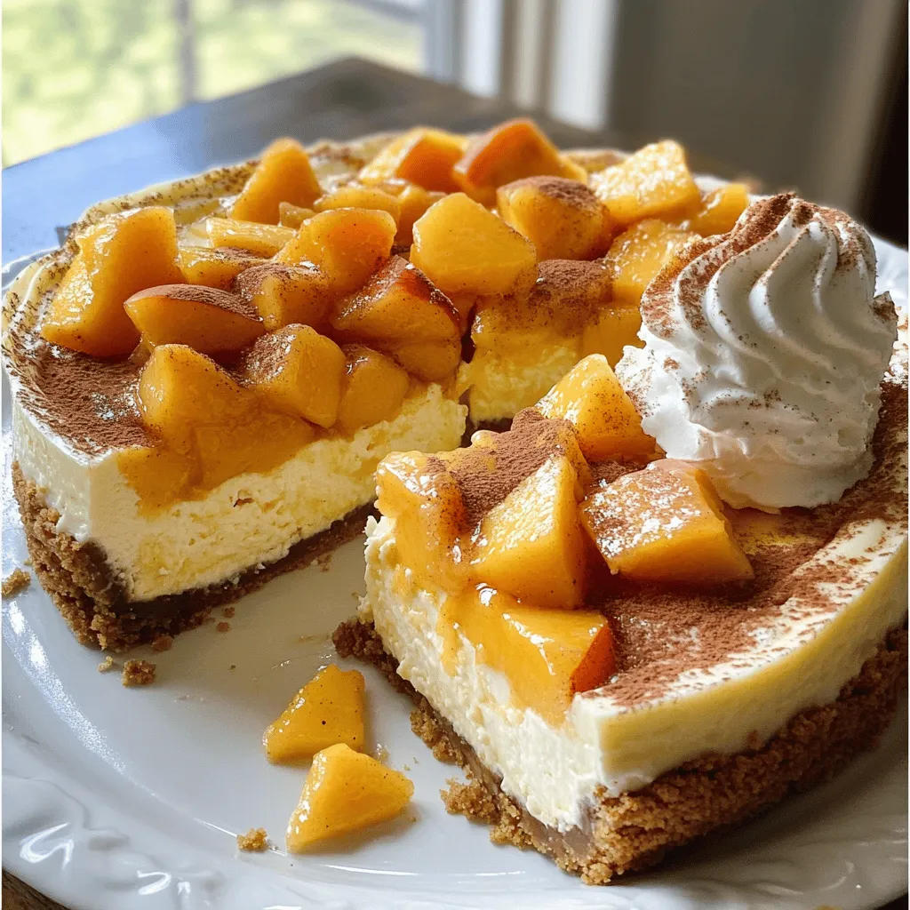 To make Peach Cobbler Cheesecake, gather these simple items: - 1 ½ cups graham cracker crumbs - ½ cup unsalted butter, melted - 2 tablespoons sugar - 3 (8 oz) packages cream cheese, softened - 1 cup sugar - 1 teaspoon vanilla extract - 3 large eggs - 1 cup sour cream - 1 ½ cups fresh peaches, peeled and diced - 1 teaspoon cinnamon - ½ teaspoon nutmeg - ¼ cup brown sugar When measuring your ingredients, use dry measuring cups for solids. For liquids, a clear measuring cup works best. Fill the cup to the line and check at eye level. This step helps avoid mistakes. For sticky items like butter or honey, use a spoon to pack it in tightly. Level the top with a straight edge. This ensures you have the right amount. If you don’t have all the ingredients, don’t worry! Here are some swaps you can try: - For graham cracker crumbs, use vanilla wafer crumbs or crushed cookies. - If you need a dairy-free option, replace cream cheese with cashew cream. - For eggs, you can use unsweetened applesauce or mashed bananas. One egg equals ¼ cup of applesauce. These substitutions can still give you a tasty Peach Cobbler Cheesecake. For the full recipe, check the details above! Start by preheating your oven to 325°F (160°C). This helps the pie cook evenly. In a medium bowl, mix together 1 ½ cups graham cracker crumbs, ½ cup melted unsalted butter, and 2 tablespoons of sugar. You want the mix to look like wet sand. Next, press this mixture into the bottom of a 9-inch springform pan. Make sure it’s even and compact. Bake the crust for 10 minutes. Once done, take it out and let it cool. In a large bowl, take 3 packages of softened cream cheese. Beat it with an electric mixer for 2-3 minutes until smooth. Gradually add 1 cup of sugar and 1 teaspoon of vanilla extract. Mix until it’s all blended well. Now, add 3 large eggs, one at a time. Mix well after each one. Then, add 1 cup of sour cream and mix until it’s smooth. Now, gently fold in 1 ½ cups of diced fresh peaches, 1 teaspoon of cinnamon, ½ teaspoon of nutmeg, and ¼ cup of brown sugar. Make sure all the ingredients are mixed evenly. Pour the cheesecake filling over the cooled crust in your springform pan. Smooth the top with a spatula. Bake in the oven for 50-60 minutes. The edges should be set, but the center can be a bit jiggly. After baking, turn off the oven and leave the cheesecake inside. Keep the door slightly open for 1 hour. This step helps prevent cracks. Once cooled, let it reach room temperature. Refrigerate for at least 4 hours, but overnight is best. When ready, carefully remove the springform pan and slice the cheesecake into wedges. Enjoy your peach cobbler cheesecake! For more details, check the Full Recipe. To create a great crust, use fresh graham cracker crumbs. You can crush them by hand or in a food processor. Mix the crumbs with melted butter and sugar. Press this mix firmly into the bottom of your pan. This step is key. Bake for just 10 minutes to set it without overdoing it. A well-made crust gives your cheesecake a solid base. Cracks can ruin the look of your cheesecake. To prevent this, avoid overmixing the batter. Mix just until smooth. Baking at a lower temperature helps too. After baking, turn off the oven but leave the cheesecake inside for an hour. This gradual cooling helps. Lastly, chill the cheesecake in the fridge for at least four hours before slicing. Serve your cheesecake with a fresh touch. Top slices with extra diced peaches for color. A sprinkle of cinnamon adds warmth. A dollop of whipped cream makes it extra special. You can also pair it with a scoop of vanilla ice cream for a treat. For drinks, sweet tea or a light white wine works well. For the full recipe, check out our detailed guide. {{image_2}} You can change the fruit in this cheesecake. Try using apples, berries, or cherries. Each fruit brings its own taste. Apples give a crisp bite, while berries add a tart twist. For cherries, pit and chop them first. Adjust the sugar based on the fruit's sweetness. Fresh fruit works best, but frozen can work if you thaw and drain them well. Adding flavors can make this cheesecake even better. You can mix in lemon zest for a bright kick. Almond extract gives a subtle nutty taste. A splash of bourbon or rum can add depth. Spice lovers can use ginger or cardamom for warmth. Just remember, a little goes a long way. Taste as you mix to find your perfect blend. To make this cheesecake gluten-free, swap the graham crackers. Use gluten-free cookie crumbs or almond flour instead. For the crust, mix the crumbs with melted butter and sugar like in the original recipe. Ensure all other ingredients are gluten-free too. This way, everyone can enjoy the dessert without worry. Check labels on your products to be safe. For the complete method and ingredients, check out the Full Recipe. After enjoying your peach cobbler cheesecake, you may have leftovers. To keep them fresh, follow these steps: - Allow the cheesecake to cool completely at room temperature. - Wrap it tightly with plastic wrap. This prevents air from drying it out. - Place the wrapped cheesecake in the fridge. It stays fresh for up to five days. If you cut slices, wrap each slice separately for better storage. This way, you can grab a piece at any time! If you want to save your cheesecake for later, freezing is a great option. Here’s how to do it: - Allow the cheesecake to cool completely. - Wrap it well in plastic wrap, then in aluminum foil. Make sure it’s airtight. - Label with the date and type of cheesecake. - Place it in the freezer. It can last for up to three months. When you are ready to enjoy it again, simply transfer it to the fridge to thaw overnight. You might want to warm up your cheesecake. Here’s the best way to do it: - Preheat your oven to 325°F (160°C). - Unwrap the cheesecake and place it on a baking dish. - Heat for about 10-15 minutes. This warms it without drying it out. After reheating, let it cool for a few minutes before serving. Enjoy the delightful flavor as if it were fresh! Peach Cobbler Cheesecake needs to set for at least 4 hours. For the best texture, I recommend letting it chill overnight. This helps it firm up and makes slicing easier. The longer it sets, the better the flavor blends together. Yes, you can use canned peaches! Just make sure to drain them well. Canned peaches can be softer, so cut them into smaller pieces. This keeps the cheesecake from getting too mushy. Fresh peaches give a brighter taste, but canned ones work just fine. Common mistakes include overmixing the batter and not letting it cool properly. Overmixing adds too much air, causing cracks. Always mix just until combined for a smooth texture. Also, avoid opening the oven door while baking. This can cause the cheesecake to sink or crack. Let it cool slowly in the oven for the best results. This guide covered everything you need for the perfect Peach Cobbler Cheesecake. We explored ingredients, steps for prep, and baking tips. I shared ways to avoid cracks and suggested delicious flavor twists. You learned how to store and reheat leftovers too. Remember to have fun and be creative! Each bite should remind you of summer. Now, get in the kitchen and make your own cheesecake masterpiece!