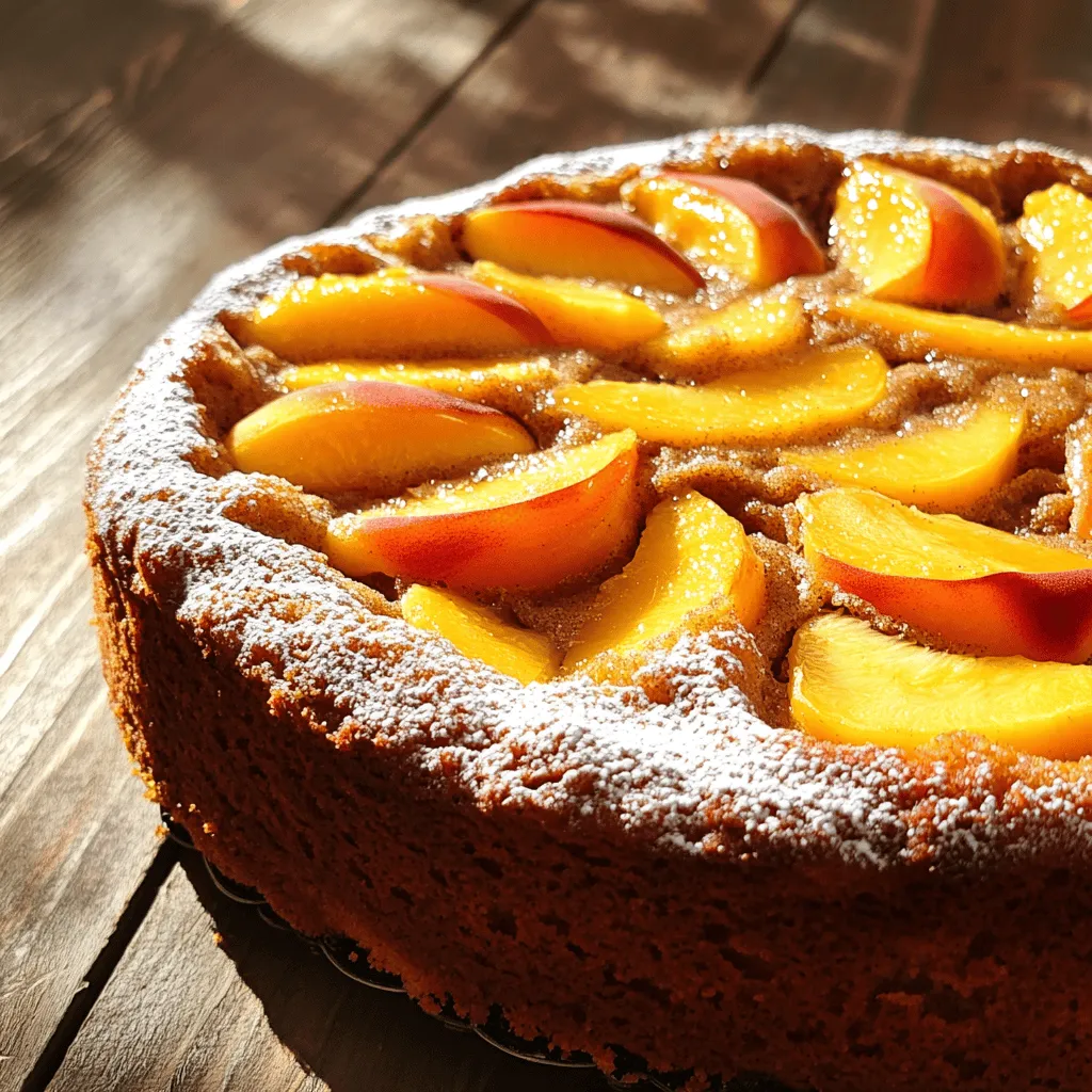For a Brown Sugar Peach Cake, you need the following ingredients: - Ripe peaches (2 cups, peeled and diced) - Brown sugar (1 cup, packed) - Granulated sugar (½ cup) - Unsalted butter (½ cup, softened) - Large eggs (2) - Vanilla extract (1 teaspoon) - All-purpose flour (2 cups) - Baking powder (1 teaspoon) - Baking soda (1 teaspoon) - Salt (½ teaspoon) - Buttermilk (1 cup) - Ground cinnamon (1 teaspoon) - Nutmeg (½ teaspoon) - Optional: powdered sugar for dusting These ingredients create a lovely flavor profile. The ripe peaches bring sweetness, while the brown sugar adds deep caramel notes. The buttermilk ensures the cake stays moist and tender. Each bite will remind you of summer! If you want the full details on how to put this all together, check out the Full Recipe. - Preheat oven to 350°F (175°C). - Grease and flour a 9x13-inch cake pan. Start by preheating your oven. A warm oven helps the cake rise well. Next, grease the pan. Use butter or cooking spray to coat it. Then, add flour to the pan. This helps the cake come out easily after baking. - Cream together butter and sugars. - Add eggs and vanilla extract. In a large bowl, mix the softened butter with brown sugar and granulated sugar. You want it to be light and fluffy. This step adds air to the batter. Next, add the eggs one by one. Mix well after each egg. Finally, stir in the vanilla extract for great flavor. - Whisk dry ingredients together. - Alternate adding dry ingredients with buttermilk. In a separate bowl, whisk together the flour, baking powder, baking soda, salt, cinnamon, and nutmeg. This helps evenly mix the dry ingredients. Gradually add this mixture to the butter mix. Alternate with the buttermilk. Start and end with the flour mix. Stir until just combined to keep it light. - Fold in the diced peaches. - Pour batter into the pan and bake. Now, gently fold in the diced peaches. This adds sweet bites throughout the cake. Pour the batter into your prepared pan. Smooth the top with a spatula. Bake in the oven for 40-45 minutes. A toothpick should come out clean when the cake is done. Enjoy the wonderful smell filling your kitchen! To keep your Brown Sugar Peach Cake moist, start with ripe peaches. They add natural sweetness and juiciness. When you measure flour, spoon it into your measuring cup. This helps avoid too much flour, which can make the cake dry. For extra flavor, add ground cinnamon and nutmeg to the batter. These spices bring warmth and depth to the cake. If you want a pretty finish, dust the cake with powdered sugar before serving. It makes the cake look fancy! Use a large mixing bowl for easy stirring. A sturdy spatula works best for mixing the batter. For baking, I suggest a 9x13-inch pan. This size helps the cake bake evenly. This equipment will make your baking experience smoother and more fun. You can find the Full Recipe above. {{image_2}} You can change the fruit in this cake. Swap the peaches for berries or apples. Both options bring a fresh taste. Berries add tartness, while apples give a cozy flavor. You can also mix in nuts, like walnuts or pecans. Nuts add a nice crunch and a rich taste. If you need a gluten-free cake, use almond flour or a gluten-free flour blend. Almond flour makes the cake moist and rich. A gluten-free blend can work well too. Just make sure it has a good mix of flours. This way, your cake stays fluffy. Want to make this cake vegan? You can replace the eggs with flaxseed meal or applesauce. Use one tablespoon of flaxseed meal mixed with three tablespoons of water for each egg. Let it sit for a few minutes to thicken. If using applesauce, replace each egg with ¼ cup of unsweetened applesauce. Both options keep the cake light and tasty. For the full recipe, check out the detailed steps and ingredients above. To keep your Brown Sugar Peach Cake fresh, start by letting it cool completely. Once cooled, slice the cake into pieces. Use an airtight container to store the slices. This helps keep moisture in and prevents the cake from drying out. If you have a whole cake left, cover it with plastic wrap or foil. Store it in the fridge for up to five days. Freezing your cake is easy! First, wrap each slice in plastic wrap tightly. Then, place the wrapped slices in a freezer-safe bag. Be sure to label the bag with the date. You can freeze the cake for up to three months. When you want to enjoy it, remove a slice from the freezer. Let it thaw in the fridge overnight. If you want it warm, reheat it in the oven at 350°F for about 10 minutes. Enjoy your delicious cake any time! To ripen peaches fast, place them in a brown paper bag. This bag traps the ethylene gas, which speeds up ripening. Make sure to close the bag loosely. Check the peaches daily. Once they feel soft, they are ready to use. You can tell the cake is done by checking a few things. First, use a toothpick. Insert it in the center; it should come out clean. The edges will also pull away from the pan slightly. The top should look golden brown and spring back when you touch it. Yes, you can make the batter ahead of time! Just mix it as usual and cover it tightly. Store it in the fridge for up to 24 hours. When you are ready to bake, let it warm up for about 30 minutes before pouring it into the pan. This helps it bake evenly. For the full recipe, check back to ensure you follow each step correctly! This blog post covered how to make a peach cake. We explored the ingredients, step-by-step instructions, and tips for a moist outcome. I shared variations to try, like using different fruits or making it gluten-free. Plus, I provided storage info to keep your cake fresh and tasty. With these details, you can bake a delicious peach cake that everyone will love. Enjoy the process and the sweet rewards!