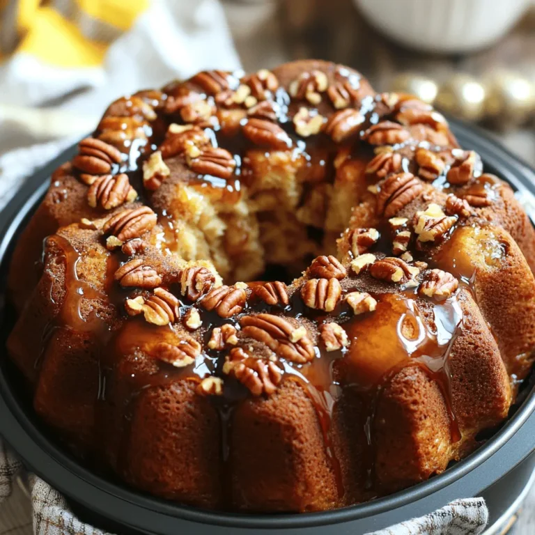 - 2 cans (16 oz each) refrigerated biscuit dough - 1 cup pecans, chopped - 1 cup brown sugar - 1/2 cup unsalted butter - 1/2 cup maple syrup - 2 teaspoons ground cinnamon - 1/4 teaspoon nutmeg - 1 teaspoon vanilla extract - 1 pinch of salt - Extra maple syrup for drizzling - Additional chopped pecans - Whipped cream or vanilla ice cream To create Sticky Maple Pecan Monkey Bread, start with the main ingredients. The refrigerated biscuit dough is key. It gives the bread its soft texture. Chopped pecans add a nice crunch and flavor. Brown sugar and maple syrup bring sweetness and stickiness. Butter adds richness, while cinnamon and nutmeg give warmth. Vanilla extract enhances all the flavors, and a pinch of salt balances it out. For a special touch, consider optional garnishes. Drizzling extra maple syrup on top makes it even sweeter. Additional chopped pecans can add more crunch. If you want to make it extra special, serve it with whipped cream or a scoop of vanilla ice cream. This dessert is sure to impress! For the complete guide on how to make this delicious treat, check out the Full Recipe. - Preheat oven to 350°F (175°C). - Grease a bundt pan with non-stick cooking spray or butter. - Cut each biscuit into quarters and set aside. - Combine brown sugar, cinnamon, nutmeg, and salt in a bowl. - Toss biscuit pieces in the sugar mixture until well coated. - Melt butter and mix with maple syrup and vanilla extract. - Layer coated biscuit pieces and pecans in the bundt pan. - Drizzle the maple butter mixture over each layer. - Bake for 30-35 minutes or until golden brown. This part of the process is where the fun begins! I love seeing the layers build up. The sweet smells will fill your kitchen as it bakes. You can find the full recipe for sticky maple pecan monkey bread in the links. Enjoy! To know when your monkey bread is done, look for a golden brown color. The top should be crisp, and a toothpick should come out clean when inserted. Bake it at 350°F for 30-35 minutes. Cooling is key too! Let it sit in the pan for about 10 minutes. This helps it firm up, making it easier to remove. Want to kick up the flavor? Add a pinch of allspice or ginger for warmth. You can also use walnuts or almonds instead of pecans. Each nut brings its own taste and crunch. Don't be afraid to experiment with different spices and nuts in your recipe! Serve your monkey bread warm for the best taste. If you have leftovers, reheat them in the microwave for about 15-20 seconds. Pair it with coffee or hot chocolate for a cozy treat. You can also serve it with whipped cream or vanilla ice cream for a sweet finish. Check out the Full Recipe for more details! {{image_2}} You can easily switch up the flavors in your sticky maple pecan monkey bread. For a fun twist, try adding chocolate chips. They melt beautifully and add a rich taste. Just sprinkle them between the layers of dough. Another great option is pumpkin spice monkey bread. This version brings the cozy fall flavors straight to your table. Add pumpkin puree and a touch of pumpkin spice to the mix. The warm spices will make your house smell amazing. You can make this dessert healthier with a few swaps. Use whole wheat biscuit dough instead of regular. It adds fiber and gives a nutty flavor. If you want to cut down on sugar and butter, use natural sweeteners. Honey or maple sugar works well. For butter, try coconut oil. These changes keep the taste while making it better for you. Monkey bread can join your holiday fun too! Add dried cranberries for a festive version. The tartness balances the sweetness. You can also sprinkle some green and red sugar on top for a cheerful look. For Easter, make pastel-colored monkey bread. Use colored icing to drizzle on top. You can also add sprinkles for a bright touch. This makes it perfect for any spring gathering. For the full recipe, check out the Sticky Maple Pecan Monkey Bread section! To store leftover monkey bread at room temperature, place it in an airtight container. This keeps it fresh for one to two days. If you want to keep it longer, refrigerate it. Wrap the monkey bread in plastic wrap before placing it in the fridge. When ready to eat, you can reheat it in the microwave for about 20 seconds. This warms it up nicely and makes it gooey again. For long-term storage, freezing is the best option. Allow the monkey bread to cool completely. Then, wrap it tightly in plastic wrap and then foil. This helps prevent freezer burn. You can freeze it for up to three months. When you want to enjoy it again, take it out of the freezer. Let it thaw in the fridge overnight. To reheat, warm it in the oven at 350°F (175°C) for about 15-20 minutes. This restores its texture and flavor. For full details, refer to the Full Recipe. Can I make sticky maple pecan monkey bread ahead of time? Yes, you can prepare it a day in advance. Just cover it tightly and store it in the fridge. When you are ready to bake, let it sit at room temperature for about 30 minutes. This way, it will bake evenly and rise well. What can I use instead of biscuit dough? If you want a different base, use pizza dough or crescent roll dough. These options will give a unique twist. You can also try homemade dough if you prefer. How do I know if the monkey bread is cooked through? Check for a golden-brown color and a toothpick inserted in the middle. If it comes out clean, it’s done. The bread should feel firm but not hard. What to do if the bread is too soggy or dry? If it’s soggy, you may have added too much syrup. Try cooking it a bit longer. If it’s dry, use less baking time next time or add more butter to the mix. How to fix dough that didn’t rise properly? Make sure your yeast is fresh if you used it. If using biscuit dough, ensure it’s not expired. If the dough still won’t rise, try a warmer spot for proofing. How many servings does this recipe make? The full recipe makes about 8 to 10 servings. It’s perfect for a family gathering or a small party. Can I scale the recipe up or down? Yes, you can easily adjust the recipe. Just keep the same ratios of ingredients. This way, you'll get the same tasty result, whether you need more or less. This blog post covered the delicious sticky maple pecan monkey bread recipe. You learned about key ingredients and step-by-step instructions to make it. The tips and variations help you adjust flavors and enhance your dish. Storage info ensures your bread stays fresh, and FAQs answer common concerns. I hope this recipe brings joy to your kitchen. Enjoy making and sharing this treat with family and friends. It’s a fun and tasty way to create lasting memories. Happy baking!