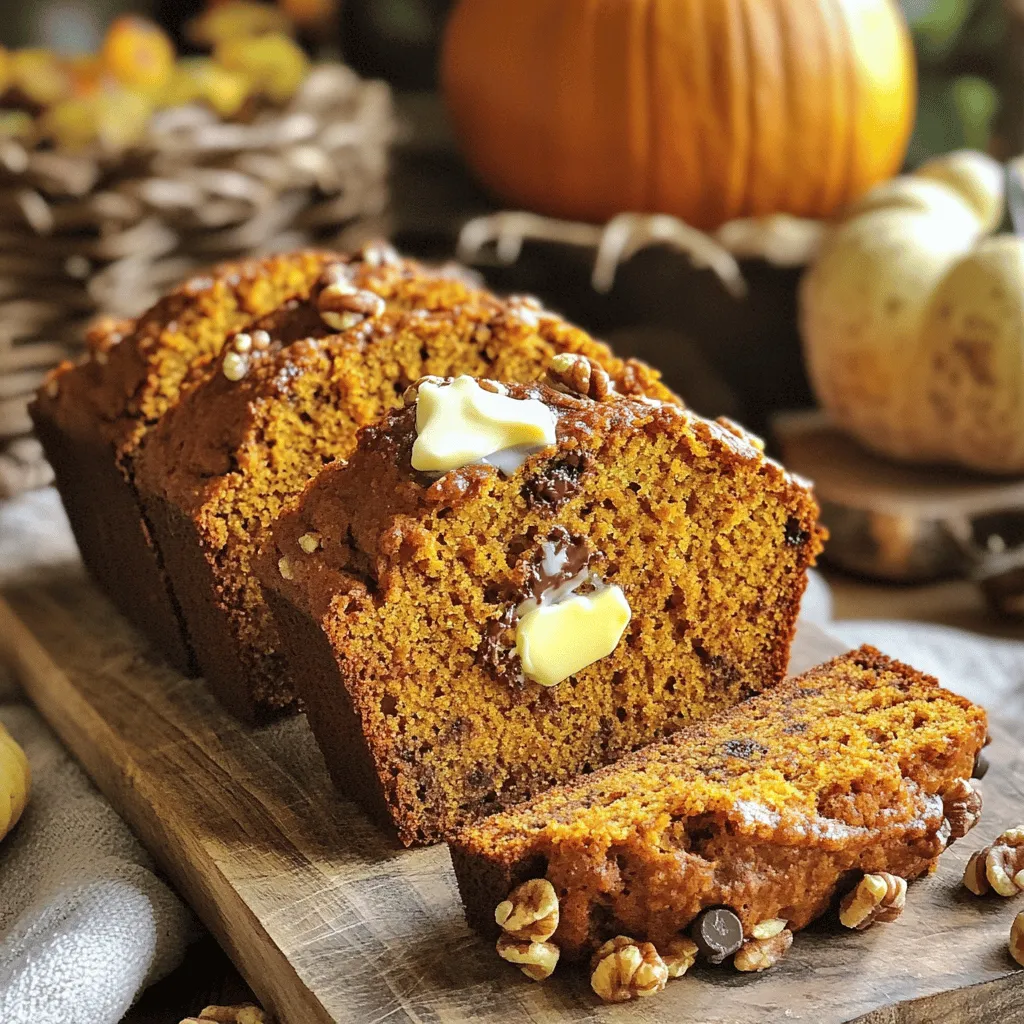 - 1 can (15 oz) pure pumpkin puree - 1/2 cup vegetable oil - 1 cup brown sugar - 1/2 cup granulated sugar - 3 large eggs - 1 3/4 cups all-purpose flour - 1 teaspoon baking soda - 1/2 teaspoon baking powder - 1 teaspoon ground cinnamon - 1/2 teaspoon ground nutmeg - 1/2 teaspoon ground ginger - 1/2 teaspoon salt - 1/2 cup chopped walnuts or pecans (optional) - 1/4 cup chocolate chips (optional) You need simple, fresh ingredients for this easy pumpkin bread. The pure pumpkin puree gives it a rich flavor and moist texture. I like using vegetable oil as it helps keep the bread soft. Brown sugar adds deep sweetness, while granulated sugar balances it out. The eggs bind everything together. Don’t skip the spices! Ground cinnamon, nutmeg, and ginger create warmth and depth. Adding a pinch of salt enhances the flavors. If you love crunch, fold in walnuts or pecans. For a sweet twist, add chocolate chips. - Prep Time: 15 minutes - Total Time: 1 hour 20 minutes - Servings: 8 slices This recipe is quick to prepare, taking just 15 minutes of active time. The total baking time is about 60 to 70 minutes. You’ll get about 8 slices from one loaf. Perfect for sharing with friends or enjoying all week! For the full recipe, you can refer to the earlier section. - Preheat your oven to 350°F (175°C). - Prepare your loaf pan by greasing and flouring or lining with parchment paper. - Combine pumpkin puree, vegetable oil, brown sugar, and granulated sugar until smooth. - Add eggs one at a time, mixing well after each addition. - Sift together all-purpose flour, baking soda, baking powder, ground spices, and salt. - Gradually add dry mixture to wet mixture, stirring until just combined. - If desired, gently fold in nuts and chocolate chips. - Pour batter into prepared loaf pan and spread evenly. - Bake for 60-70 minutes, checking with a toothpick for doneness. - After baking, cool in the pan for 10 minutes before transferring to a wire rack. To make your pumpkin bread great, avoid over-mixing the batter. This helps keep the bread tender. Mix until you see no dry flour, but don’t go overboard. To check for doneness, use a toothpick. Insert it into the center of the bread. If it comes out clean, your bread is ready! You can boost the flavor of your pumpkin bread with spices. Try adding cardamom or cloves. These spices add depth and warmth to the taste. Just a little can make a big difference. Experiment with these spices to find your perfect mix! How you serve your pumpkin bread can add to its charm. Serve it warm with a pat of butter on top. It gives a rich flavor that everyone will love. You can also sprinkle powdered sugar on top for a sweet touch. This simple detail makes your bread look and taste even better! {{image_2}} You can easily make a gluten-free pumpkin bread. Just swap regular flour for gluten-free all-purpose flour. This simple change keeps the texture nice and moist. Look for a blend that has xanthan gum in it. This will help the bread rise and hold together well. Want to make this pumpkin bread vegan? It’s simple! Instead of eggs, use unsweetened applesauce or flaxseed meal mixed with water. For one egg, mix 1 tablespoon of flaxseed meal with 2.5 tablespoons of water. Let it sit for a few minutes until it thickens. This keeps your bread moist and fluffy without eggs. You can add fun flavors to your pumpkin bread too! Consider mixing in dried cranberries, raisins, or citrus zest for a fresh twist. A bit of chopped chocolate adds sweetness, while nuts like walnuts or pecans give a nice crunch. Try these mix-ins to make your pumpkin bread even more special. Check the Full Recipe for more ideas! To keep your pumpkin bread fresh, store it at room temperature. Wrap it tightly in plastic wrap or foil. This will help keep it moist. If you want to store it in the fridge, place it in an airtight container. This can help it last even longer. Just be aware that the fridge may dry it out a bit. Freezing pumpkin bread is easy. First, let it cool completely. Then, wrap it tightly in plastic wrap. After that, place the wrapped bread in a freezer-safe bag. Label the bag with the date. To enjoy later, just take it out and let it thaw in the fridge overnight. You can also warm slices in the oven. When stored properly, pumpkin bread lasts about 3-5 days at room temperature. In the fridge, it can last up to a week. If you freeze it, pumpkin bread can last for about 2-3 months. Just make sure to check for any signs of freezer burn before you eat it. Enjoy this delightful treat fresh! Yes, you can use fresh pumpkin. Fresh pumpkin gives a nice flavor. However, it requires more work. First, you need to cook the pumpkin. Cut it into pieces, remove seeds, and bake it until soft. Then, scoop out the flesh and mash it. You need about 2 cups of fresh pumpkin to match one can. Canned puree saves time and is consistent. To check if the bread is done, look for a few signs. First, the top should be golden brown. Second, a toothpick inserted in the center should come out clean. If it has wet batter, it needs more time. Also, the sides should pull away from the pan slightly. This means it is ready to cool. Yes, you can easily double the recipe. Just multiply all the ingredients by two. Use two loaf pans or one larger pan. If you use a larger pan, check the bread early. It may take longer to bake. Always use the toothpick test to check for doneness. Pumpkin bread pairs well with many items. Here are some ideas: - A hot cup of coffee or tea - Cream cheese or butter spread on top - A sprinkle of powdered sugar for sweetness - Warm apple cider for a seasonal touch - A scoop of vanilla ice cream for dessert For more delicious ideas, check the Full Recipe! In this article, we explored how to make delicious pumpkin bread. We covered the key ingredients, preparation steps, and tips for the best results. I shared ways to enhance flavor and serve your bread perfectly. You also learned about variations, storage tips, and common FAQs for a smooth baking experience. Pumpkin bread is not just satisfying; it's also a fun project. Enjoy baking and sharing this treat with friends and family.