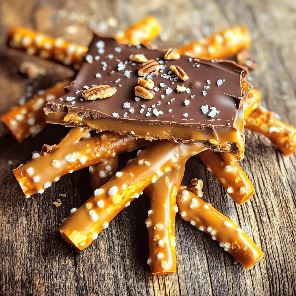 - 2 cups pretzel sticks - 1 cup semi-sweet chocolate chips - 1 cup creamy caramel candies, unwrapped - 2 tablespoons heavy cream - 1 teaspoon sea salt - 1/2 cup chopped nuts (optional) For the best flavor, I suggest using Ghirardelli chocolate chips. They melt smoothly and taste great. Kraft caramels work well too. They are easy to find and melt nicely. If you like nuts, try Diamond or Planters for a good crunch. You can swap pretzel sticks for pretzel crisps. They offer a different crunch but still taste amazing. For chocolate, use dark chocolate chips for a richer flavor. You can also try milk chocolate if you prefer something sweeter. If you want a nut-free option, simply omit the nuts. Your bark will still be delicious! 1. Preheat and prepare the baking sheet: Start by preheating your oven to 350°F (175°C). Grab a baking sheet and line it with parchment paper. This helps the bark not stick when you take it out later. 2. Baking pretzels: Spread 2 cups of pretzel sticks evenly on the prepared baking sheet. Bake them for 5-7 minutes. Watch them closely! You want them golden and crispy. Once done, take them out and let them cool for a few minutes. 3. Melting the caramel: While the pretzels cool, take 1 cup of creamy caramel candies and put them in a microwave-safe bowl. Add 2 tablespoons of heavy cream. Heat in the microwave for 30 seconds at a time. Stir after each interval until the caramel is smooth, usually in about 1-2 minutes. 1. Pouring the caramel over pretzels: Once your pretzels are cool, pour the warm caramel over them. Use a spatula to spread it out. Make sure all pretzels are coated well in that sweet goodness! 2. Melting and drizzling the chocolate: Next, take 1 cup of semi-sweet chocolate chips and melt them in the microwave, just like you did with the caramel. Stir until smooth. Drizzle this melted chocolate over the caramel-covered pretzels. Get creative! You can spread it evenly with a spatula if you like. 1. Refrigeration process: After you've drizzled the chocolate, sprinkle 1 teaspoon of sea salt over the top. If you want extra crunch, add 1/2 cup of chopped nuts. Now, place the baking sheet in the refrigerator. Let it chill for about 30 minutes until everything sets. 2. Breaking the bark into pieces: Once it's set, take it out and break the bark into pieces of your choice. You can make them big or small. Enjoy your salted caramel pretzel bark delight! For the full recipe, check out the details above. - Ensuring crispy pretzels: Start with fresh pretzel sticks. Bake them at 350°F for 5-7 minutes. This step makes them crispy and ready to hold the caramel. Keep an eye on them to avoid burning. - Melting caramel and chocolate correctly: Use a microwave for the caramel and chocolate. Heat in 30-second bursts. Stir well between intervals. This method keeps both smooth and creamy. - Using flavored chocolate or additional toppings: Try using milk chocolate or dark chocolate for different tastes. You can also add toppings like crushed pretzels or sea salt for extra flavor. Each addition brings its own twist to the bark. - Pairing with desserts or drinks: Serve the bark with a scoop of vanilla ice cream. It also pairs well with coffee or hot chocolate. The sweet and salty mix makes it a great snack for any occasion. {{image_2}} You can easily make this treat nut-free. Just skip the nuts in the recipe. This keeps it simple and safe for those with nut allergies. The bark still tastes great without any added crunch. Trust me, you won't miss them! Want to change up the flavor? Try different types of chocolate. Use milk chocolate for a sweeter taste or dark chocolate for a rich flavor. You can even mix the two for a fun twist. Each choice gives the bark a unique spin, so have fun experimenting. Celebrate holidays with themed versions of this bark. For a festive touch, add peppermint extract during winter. You could also try pumpkin spice in the fall. These flavors make your bark feel special and perfect for any season. They can bring joy to your table all year round! To keep your salted caramel pretzel bark fresh, store it in an airtight container. This helps keep moisture out. You can use a glass jar or a plastic container. Make sure the lid seals tightly to maintain its crunch. When stored properly, your pretzel bark lasts about two weeks in the pantry. If you put it in the fridge, it can last up to three weeks. Just remember, the longer it sits, the more it may lose its crispness. You can freeze salted caramel pretzel bark for longer storage. First, cut it into pieces. Wrap each piece in plastic wrap. Then, place the wrapped pieces in a freezer-safe bag. When you want to enjoy it, thaw it in the fridge overnight. This keeps it tasty and fresh. To make salted caramel, you need sugar, butter, and cream. Start by heating sugar in a pan. Stir until it melts and turns golden. Then add butter and mix until melted. Slowly pour in cream while stirring. Let it simmer for a few minutes. Finally, add sea salt to taste for that perfect salted flavor. Yes, you can make this recipe without an oven. Instead of baking the pretzels, simply use them as is. You can still melt the caramel and chocolate in the microwave. Pour the melted caramel over the pretzels, then drizzle the chocolate. This method saves time and still gives you tasty bark. If you love salted caramel pretzel bark, try these similar treats: - Chocolate-covered pretzels with sea salt - Caramel popcorn with pretzel bits - Salted caramel brownies - Pretzel toffee candy For more ideas, search online for "salted caramel desserts." You’ll find many fun and tasty options to explore. You can also check out the Full Recipe for more inspiration! This post showed you how to make salted caramel pretzel bark. You learned about the key ingredients, brands to choose, and how to adapt them. I walked you through preparation, assembly, and cooling steps. Tips helped you achieve the best texture and flavor. Variations let you get creative for any season. Finally, I shared storage information to keep your bark fresh. Try making this treat. It's easy and fun. You'll love sharing it with friends and family.