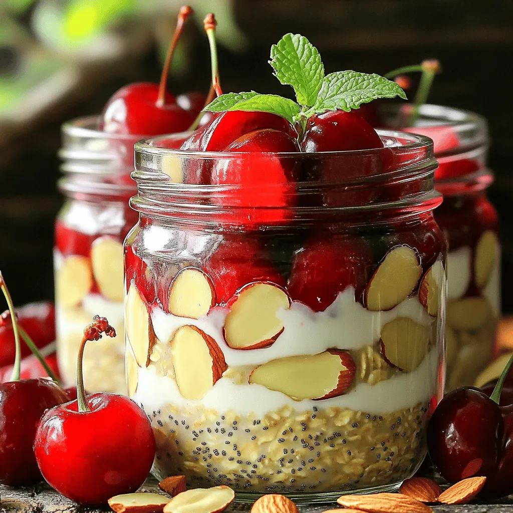 To make Cherry Almond Overnight Oats, gather these ingredients: - 1 cup rolled oats - 2 cups unsweetened almond milk - 1 cup fresh cherries, pitted and halved - 1/4 cup sliced almonds - 2 tablespoons chia seeds - 2 tablespoons maple syrup (or honey) - 1 teaspoon vanilla extract - 1/2 teaspoon almond extract - A pinch of salt These ingredients work together to create a tasty and healthy meal. The oats provide fiber, while the almonds add healthy fats. Cherries bring natural sweetness and a burst of flavor. You can customize your oats with fun toppings. Here are some ideas: - Sliced bananas - Fresh berries - Coconut flakes - Greek yogurt - A drizzle of nut butter These options add different textures and flavors. Mix and match to find your favorite combo! Cherry Almond Overnight Oats are not just delicious; they are nutritious too. Here’s a quick look at what you get per serving: - Calories: Around 300 - Protein: 8 grams - Fat: 12 grams - Carbohydrates: 45 grams - Fiber: 10 grams This meal keeps you full and satisfied. It’s perfect for busy mornings. For the full recipe, check out the detailed instructions. To start, gather your ingredients. You will need rolled oats, chia seeds, and a pinch of salt. In a large mixing bowl, add the rolled oats and chia seeds. Sprinkle in that pinch of salt. Stir the dry mix gently until it is even. This step sets the base for your overnight oats. Next, take a separate bowl. Here, you will whisk together the almond milk, maple syrup, vanilla extract, and almond extract. Make sure the liquids blend well. Pour this mixture over your dry ingredients. Stir it all together until every oat is coated. Now, gently fold in the halved cherries and sliced almonds. Save a few cherries and almonds for later. Divide the oat mixture into mason jars or airtight containers. Seal them tight and place them in the fridge overnight. When you are ready to eat, stir the oats well. If you want it creamier, add a splash of almond milk. Top each jar with the reserved cherries and almonds for a nice touch. Enjoy your Cherry Almond Overnight Oats! For the full recipe, check out the details above. To get the creamiest overnight oats, use rolled oats. They soak up liquid well. Always mix your oats with the liquid first. Let them rest for a minute before adding fruit. This helps them soften even more. You can also try adding a bit more almond milk if you want a looser texture. One common mistake is not measuring ingredients. Too much liquid can make them runny. Too little can make them dry. Another mistake is skipping the chia seeds. They help thicken the oats and add fiber. Always remember to stir well to mix all flavors evenly. To save time, prepare your oats in jars. This makes it easy to grab and go. You can also batch-make them for the week. Just keep them in the fridge. If you are short on time, consider using frozen cherries. They are quick to add and still taste great in the oats. For a fun twist, mix in your favorite nuts and seeds for extra crunch. Check the Full Recipe for more ideas! {{image_2}} If you don’t have almond milk, don’t worry! You can use any milk you like. Here are some great options: - Cow's milk: This is a classic choice. It adds creaminess. - Soy milk: This milk is rich in protein. It works well in oats. - Oat milk: This has a mild flavor and is very creamy. - Coconut milk: This gives a tropical twist. It adds a nice sweetness. Feel free to choose what suits your taste best! You can mix up the fruits and nuts in your oats. Here are some fun ideas: - Berries: Strawberries, blueberries, or raspberries can add a fresh flavor. - Bananas: Sliced bananas can make it sweeter and creamier. - Peaches: Fresh or canned peaches add a juicy texture. - Walnuts: They add a nice crunch and healthy fats. - Pecans: These nuts give a rich, buttery taste. Experiment with different combinations to find your favorite! If you want to change up the sweetness, try these options: - Honey: This natural sweetener adds a lovely flavor. - Agave syrup: This is a great vegan option. It’s sweeter than sugar. - Stevia: This calorie-free sweetener is perfect for low-sugar diets. - Brown sugar: This adds a hint of caramel flavor to your oats. Choose what you enjoy most to make your Cherry Almond Overnight Oats just right for you! For the full recipe, check out the detailed steps and ingredients. You can store Cherry Almond Overnight Oats in mason jars or airtight containers. Make sure to seal them tightly. This keeps the oats fresh and prevents them from drying out. Always refrigerate them right after making. This helps maintain their flavor and texture. These overnight oats last about five days in the fridge. To keep them fresh, check for any signs of spoilage before eating. If they look or smell off, it’s best to throw them away. Use fresh ingredients for the best taste. The better the ingredients, the more flavorful your oats will be. You can eat these oats cold or warm them up. To heat, microwave them in short bursts, stirring in between. Add a splash of almond milk if they seem dry. For serving, top with extra cherries and almonds. You can also add a drizzle of maple syrup for extra sweetness. Enjoy your delicious breakfast! Yes, you can make Cherry Almond Overnight Oats ahead of time. I often prepare them the night before. This lets the oats soak up all the flavors. You can store them in the fridge for easy breakfasts all week. Just grab a jar, and you’re good to go! Overnight oats can last for about 4 to 5 days in the fridge. To keep them fresh, use airtight containers. Each day, the oats might get softer. If you like a firmer texture, eat them within the first few days. Yes, frozen cherries work well too. Just thaw them before adding to the oats. They add a nice sweetness. The texture may change a bit, but the flavor stays great. You can also use them straight from the freezer if you're in a hurry. You can try many nuts in this recipe. Walnuts or pecans add a great crunch. Hazelnuts can give a nice flavor twist. Feel free to mix and match to find your favorite combo. Almonds are tasty, but the choice is yours! For more ideas, check out the Full Recipe. Cherry almond overnight oats are easy to make and super tasty. You learned how to combine simple ingredients, add fun toppings, and store your oats for freshness. I shared tips to make them creamy and avoid common mistakes. You can even mix it up with fruit and nut options or find different milk substitutes. In short, cherry almond overnight oats are a quick, healthy choice for breakfast and can fit your taste. Enjoy your tasty oats and feel great knowing you made a smart meal!
