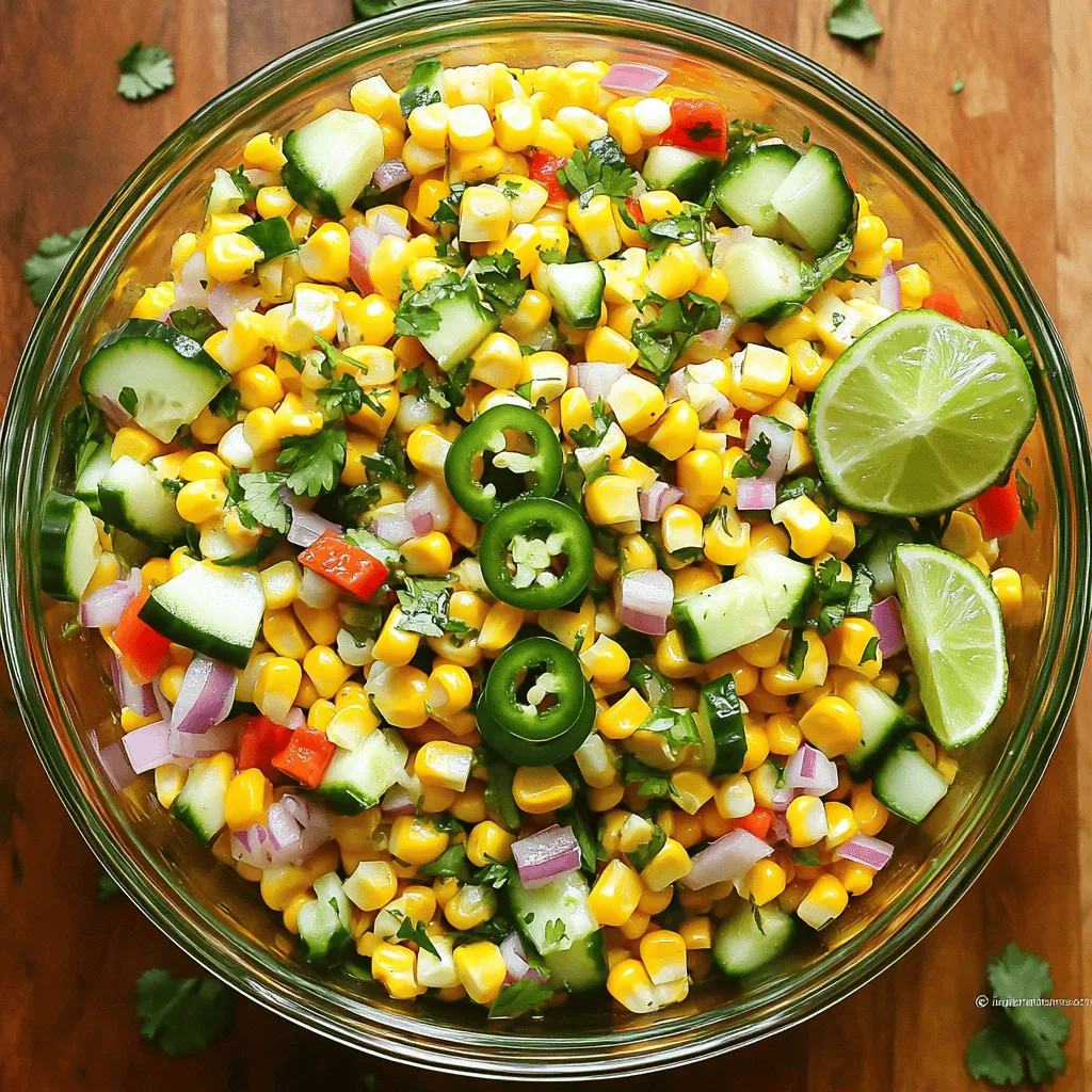 Fresh corn makes this salad shine. I use 4 cups of corn kernels, which comes from about 6 ears of corn. The sweet and crunchy kernels bring great flavor and texture. You can cook them quickly in boiling water for just 4 to 5 minutes. This keeps them tender but not mushy. I love adding colorful vegetables to this salad. You need: - 1 red bell pepper, finely diced - 1 medium cucumber, peeled and diced - 1 small red onion, finely chopped - 1 jalapeño, seeded and minced (optional for extra heat) - 1/4 cup fresh cilantro, chopped These vegetables add crunch and a mix of flavors. They make the salad bright and fresh. The jalapeño gives a kick, but you can skip it if you prefer less heat. The dressing is key to a zesty flavor. For this salad, you will need: - Juice of 2 limes - 3 tablespoons olive oil - 1 teaspoon ground cumin - Salt and pepper to taste The lime juice brings a tangy taste, while olive oil adds richness. Ground cumin gives it a warm spice that works well with the corn. Mix it all together for a tasty dressing that pulls the salad together. This is a quick and easy way to make a great salad. Check the Full Recipe for steps to combine these fresh and vibrant ingredients! Start by cooking the corn. Take six ears of corn and remove the husk. Bring a large pot of water to a boil. Add the corn and let it cook for four to five minutes. You want it just tender, not mushy. Once done, take the corn out and let it cool. After it cools, slice off the kernels with a sharp knife. Set the corn aside. In a large bowl, add the cooled corn kernels. Then, chop one red bell pepper into small pieces and add it. Next, take a medium cucumber, peel it, and dice it. Toss that in too. Add one small red onion, finely chopped, and one jalapeño, seeded and minced if you want some heat. Finally, add a quarter cup of fresh cilantro, chopped. Mix all these ingredients gently. For the dressing, grab a small bowl. Squeeze the juice of two limes into it. Add three tablespoons of olive oil, one teaspoon of ground cumin, and a pinch of salt and pepper. Whisk these together until they blend well. Pour this dressing over the salad mixture. Toss everything gently to coat the salad evenly. Taste and adjust the seasoning if needed. Let the salad sit for at least 15 minutes. This allows the flavors to come together. Enjoy this vibrant dish! You can find the Full Recipe to follow along easily. I love serving zesty corn salad in a large glass bowl. It shows off those bright colors. You can add lime wedges and extra cilantro on top. This makes it look even fresher. It pairs well with grilled chicken or fish. You can also serve it alongside tacos for a fun twist. If you want more zing, add more lime juice. You can also try adding a pinch of sugar to balance flavors. For a spicier kick, toss in more jalapeño or even hot sauce. Remember, taste your salad as you go. This way, you can adjust the flavors to your liking. This salad is great for making ahead of time. Prepare it a few hours before your meal. Just keep it in the fridge to stay fresh. Letting it sit helps the flavors blend nicely. If you make it a day early, that works too! Just give it a quick stir before serving. For the full recipe, check the main section. {{image_2}} You can easily add proteins to make your Zesty Corn Salad heartier. Grilled chicken or shrimp works great. Both add nice flavor and texture. For a vegetarian option, try adding black beans or chickpeas. These options boost nutrition and keep the salad filling. You can also use diced avocado for creaminess. Each protein choice brings a new twist to the dish. While the lime and olive oil dressing is tasty, feel free to mix it up. A balsamic vinaigrette adds a sweet and tangy kick. A yogurt-based dressing makes it creamy and rich. For a spicy touch, try a chipotle dressing. Each dressing option changes the salad’s flavor. Experiment to find your favorite! This salad shines with fresh ingredients. Use seasonal produce to keep it exciting. In summer, add ripe tomatoes or sweet peaches. In fall, swap in roasted squash or apples. These swaps keep the salad fresh and fun. Each season brings new flavors to explore. You can find joy in the variety! For the complete recipe, check out the Full Recipe section. Store your zesty corn salad in an airtight container. It keeps well in the fridge for up to three days. The cold helps keep the flavors fresh. Before serving, check for any change in texture or smell. I do not recommend freezing this salad. The fresh veggies will lose their crispness. If you freeze it, the texture may become mushy. It’s best to enjoy the salad right after making it. When stored properly in the fridge, the salad can last three days. After that, the flavors may fade. Always check for signs of spoilage before eating. For the best taste, enjoy it within those three days. Yes, you can use frozen corn. It’s quick and easy. Just thaw the corn first. Drain it to remove excess water. This way, your salad won’t get soggy. Frozen corn also tastes sweet and crunchy, just like fresh corn. The jalapeño adds a nice kick. If you like spice, use one whole pepper. If you prefer mild, use half or skip it. Remember to remove the seeds, as they hold most of the heat. You control the spice level! This salad pairs well with many dishes. Serve it with grilled chicken or fish for a tasty meal. It also complements tacos or burritos nicely. You can even enjoy it as a light snack. - Full Recipe This blog post covers all you need for a great Zesty Corn Salad. We explored fresh corn kernels, colorful vegetables, and tasty dressings. You learned how to prepare, mix, and dress the salad step by step. Tips, tricks, and variations added more ways to enjoy it. Remember to follow storage guidelines for freshness. Enjoy making this salad that brightens any meal! It's a fun and healthy choice that anyone can master.