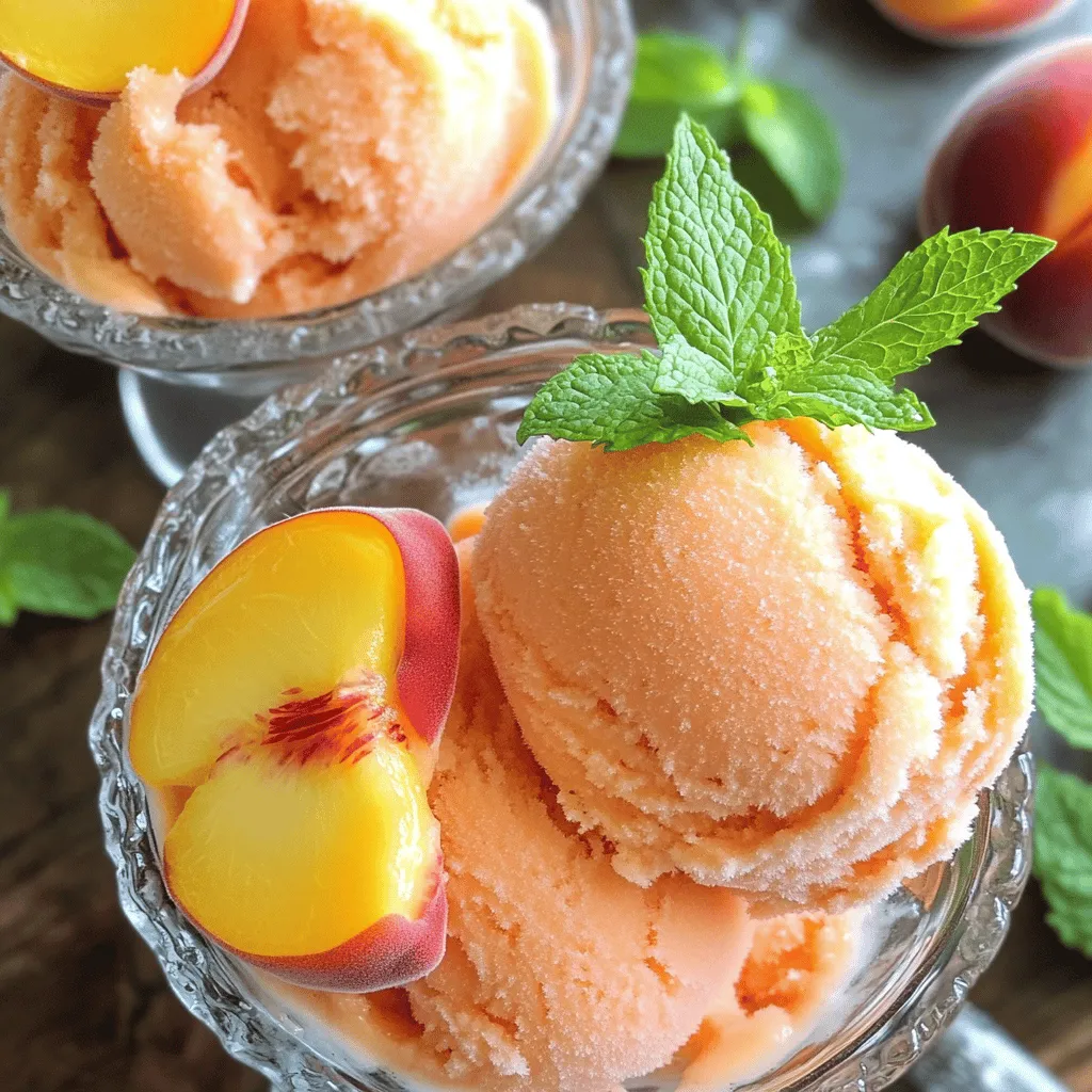 To make the best peach sorbet, you need just a few simple ingredients: - 4 ripe peaches, pitted and diced - 1 cup granulated sugar - 1 cup water - 1 tablespoon lemon juice - 1/2 teaspoon vanilla extract (optional) - Pinch of salt These ingredients come together to create a refreshing and sweet treat. The ripe peaches give the sorbet its lovely flavor and color. If you cannot find fresh peaches, you can use frozen peaches. Just let them thaw a bit before blending. Canned peaches can work too, but choose those packed in juice, not syrup. This choice keeps the flavor bright and fresh. You can add fun flavors to your sorbet. Try using: - Fresh mint for a minty twist - A splash of orange juice for citrus notes - A dash of cinnamon for warmth These extra flavors can make your peach sorbet even more exciting. Each option enhances the natural sweetness of the peaches. For the full recipe, you can refer to the Peachy Dream Sorbet recipe. To make peach sorbet, start with ripe peaches. Choose peaches that smell sweet and feel soft. This makes a tasty sorbet. Begin by pitting and dicing four ripe peaches. Place them in a blender. Next, you will make simple syrup. Combine one cup of water and one cup of sugar in a medium saucepan. Heat it over medium heat. Stir until the sugar dissolves completely. After that, remove the saucepan from heat and let it cool. This syrup adds sweetness to the sorbet. While the syrup cools, blend the peaches until smooth. Add one tablespoon of lemon juice, a pinch of salt, and vanilla extract if you like. Blend until it is well mixed. Once the syrup is cool, add it to the peach mixture. Blend again to combine everything well. Making simple syrup is easy. Just remember these tips: - Use equal parts sugar and water for the best taste. - Heat the mixture on medium heat, not high. This helps avoid burning. - Stir often until the sugar fully dissolves. - Let it cool completely before adding it to your fruit. This syrup is a key part of your peach sorbet. It makes sure your sorbet is sweet and smooth. To get a smooth texture, follow these tips: - Blend the peaches in small batches if your blender is full. This helps it blend evenly. - Use a tamper if your blender has one. This helps push the peaches down for a better blend. - Blend until there are no lumps. A smooth mixture helps your sorbet freeze better. Once you have that smooth blend, it’s time to freeze it. Pour the mixture into a shallow dish and freeze. Stirring every 30 minutes helps break up ice crystals. This keeps your sorbet light and fluffy. You can find the full recipe detailed above for your perfect peach sorbet. To get the best texture in your peach sorbet, follow these tips. First, use ripe peaches. They add natural sweetness and a smooth taste. Blend the peaches until they are very smooth. This helps make the sorbet creamy. After blending, freeze your mixture in a shallow dish. This allows it to freeze evenly. Every 30 minutes, use a fork to scrape the mixture. This breaks up any ice crystals. Keep scraping until it looks fluffy. This process takes about 2-3 hours. Sometimes, sorbet can become too hard. If this happens, let it sit at room temperature for a few minutes. This makes scooping easier. If the sorbet is too icy, you may not have mixed it enough. Make sure to scrape the mixture every half hour. If your sorbet tastes too sweet, add a bit more lemon juice. This gives it a nice balance. Take notes for next time so you can adjust the flavors to your liking. When serving your peach sorbet, make it look pretty! Use chilled bowls for a nice touch. Garnish with a fresh peach slice or mint leaves. This adds color and a hint of flavor. You can also pair the sorbet with cookies or cake. It goes well with shortbread or pound cake. For a fun twist, serve it in a cone or a fruit cup. Enjoy your peach sorbet with friends and family for a refreshing treat! For the full recipe, check out the Peachy Dream Sorbet section above. {{image_2}} To make a vegan peach sorbet, simply replace the sugar with agave nectar. This swap keeps the sorbet plant-based. Use the same amount of agave as sugar. Blend ripe peaches with agave and lemon juice to keep the flavor bright. The texture remains smooth and creamy. You still follow the same steps in the full recipe. You can add herbs to your peach sorbet for a unique twist. Basil or mint works well with peach. Start by making a simple syrup with sugar and water. Add chopped herbs to the syrup while it heats. Let it steep for about 15 minutes. Strain the herbs out before mixing it with pureed peaches. This adds freshness and depth to your sorbet. Peach sorbet is delicious on its own, but you can mix it with other fruits. Try combining peaches with berries like strawberries or blueberries. The vibrant colors and flavors complement each other well. You can also mix peaches with mango for a tropical vibe. Just blend the fruits together in equal parts and follow the same steps as in the full recipe. This way, you create exciting new flavors that everyone will love! To keep your peach sorbet fresh, use a shallow dish. This helps it freeze evenly. Make sure your freezer is set to a low temperature. Avoid opening the door too often. Each time you open the door, warm air gets in. This can cause ice crystals to form on your sorbet. If you have leftover peach sorbet, cover it tightly. Use plastic wrap or a lid. Store it in the freezer. This keeps it from picking up other smells. When you want to eat some, take it out and let it sit at room temperature for a few minutes. This makes it easier to scoop. Homemade peach sorbet can last about two weeks in the freezer. After that, it may lose flavor and texture. To enjoy it at its best, eat it within that time. If you want to keep it longer, consider using an airtight container. For best results, make small batches. This way, you can enjoy fresh sorbet each time you crave it. For the full recipe, check out the Peachy Dream Sorbet. Yes, you can use frozen peaches. They work well in sorbet. Just make sure to thaw them a bit before blending. This helps achieve a smooth texture. Frozen peaches can also add a chill factor to your sorbet. If you use them, skip the ice scraping step. Your sorbet will still be creamy and tasty. Making peach sorbet without an ice cream maker is easy. First, prepare your peach mixture as usual. Then, pour it into a shallow dish and freeze. Every 30 minutes, take it out and scrape it with a fork. This helps break up ice crystals. Repeat this for about 2 to 3 hours. You will have a lovely, fluffy sorbet. Sorbet is fruit-based and dairy-free. It uses water and sugar, making it lighter. Ice cream has cream or milk, making it richer and creamier. Sorbet offers a refreshing taste, while ice cream gives a creamy feel. Both are delicious but serve different cravings. - Additional questions about Peach Sorbet: - Can I add other fruits to my peach sorbet? - What can I do if my sorbet is too hard? - How can I sweeten my peach sorbet without sugar? We covered everything you need to know about making peach sorbet. We reviewed ingredients, preparation, and tips for the best texture. You learned about substitutions and flavor options for your sorbet. We also shared variations like vegan recipes and fruit combinations. Finally, we discussed storage tips and answered common questions. Making peach sorbet is fun and rewarding. With the right methods, you can enjoy this refreshing treat anytime. So, gather your ingredients and start blending!