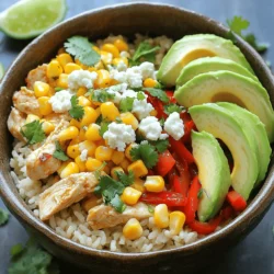 - 1 lb chicken breast, diced - 2 cups corn kernels (fresh, frozen, or canned) - 2 cups cooked rice (white or brown) - 1 teaspoon chili powder - 1 teaspoon garlic powder - 1/2 cup crumbled queso fresco or feta cheese The main ingredients in this dish create a tasty and filling meal. Chicken breast gives you lean protein. Corn adds sweetness and crunch. Cooked rice serves as a hearty base. For the seasonings, chili powder gives a nice kick. Garlic powder adds depth of flavor. Topping with queso fresco or feta cheese brings creaminess that balances the dish. You can find the full recipe above to get all the details. Enjoy your cooking! First, grab a large skillet. Heat one tablespoon of olive oil over medium heat. While the oil warms, dice your chicken breast into small pieces. Once the oil is hot, add the chicken to the skillet. Season it with salt, pepper, chili powder, garlic powder, and ground cumin. Cook the chicken for about 7 to 10 minutes. Stir it often until it turns golden brown and is fully cooked. Once done, take it out and set it aside. In the same skillet, add the corn and diced red bell pepper. Sauté them together for about 5 minutes. You want the corn heated through and the peppers tender. Then, add the finely chopped red onion to the skillet. Cook everything for an additional 2 minutes. This adds a great flavor to your dish. Now it’s time to mix everything. In a large mixing bowl, combine the cooked rice, the sautéed vegetables, and the browned chicken. Toss the mixture well to ensure even distribution. This step helps all the flavors come together beautifully. Your Street Corn Chicken Rice Bowl is almost ready to serve! - Best cooking methods for chicken: I love using a skillet for chicken. It cooks fast and keeps the meat juicy. Start by heating olive oil over medium heat. Add your seasoned chicken and cook until it's golden brown. This usually takes about 7-10 minutes. Make sure to stir so it cooks evenly. - How to achieve perfect sautéed vegetables: For great veggies, use the same skillet after cooking the chicken. Add corn and red bell pepper first. Sauté them for about 5 minutes. This gives them a nice crunch. Then, add red onion and cook for another 2 minutes. This adds a sweet kick to your mix. - Serving suggestions for visual appeal: Serve your Street Corn Chicken Rice Bowl in bright bowls. Layer the rice, chicken, and veggies nicely. This makes it look fresh and colorful. A nice contrast of colors will make your meal pop! - Garnishes to enhance flavor and look: Top your dish with crumbled queso fresco or feta cheese. Add sliced avocado and fresh cilantro. This not only adds flavor but also makes your bowl look fancy. Don’t forget a squeeze of lime juice right before serving. It makes everything taste better! {{image_2}} You can switch proteins if you want. Shrimp is a tasty option. Just sauté it like the chicken. Tofu works well too. It adds a nice texture and flavor. For toppings, get creative! Avocado adds creaminess and healthy fats. You can also try olives for a salty kick. These simple swaps keep the meal fresh and fun. Want to spice it up? Add herbs like cilantro or parsley. A drizzle of hot sauce can wake up the dish. You can also use different sauces like teriyaki or hoisin. Try an international twist! For a spicy kick, mix in some jalapeños. If you’re feeling tropical, add pineapple chunks. These changes bring new flavors to your bowl. Explore these ideas to make the Street Corn Chicken Rice Bowl your own. For the complete recipe, check out the full recipe. To keep your Street Corn Chicken Rice Bowl fresh, store it in an airtight container. This helps prevent moisture loss and keeps food safe. Place it in the fridge within two hours of cooking. This meal stays good for about three to four days. After that, the flavors may start to fade. You can reheat your bowl in two ways: the microwave or stovetop. Microwave: Place the rice bowl in a microwave-safe dish. Cover it with a damp paper towel to keep moisture in. Heat it for one minute, stir, and check the temperature. If it needs more time, heat in 30-second intervals until hot. Stovetop: Use a skillet over medium heat. Add a splash of water to prevent sticking. Stir gently as it heats for about five to seven minutes. This method helps maintain texture and flavor. For best results, avoid overheating. You want the chicken warm, not dry. Enjoy your tasty leftovers! To make this dish vegetarian, swap the chicken with several tasty options. You can use tofu, which absorbs flavors well. Another great choice is chickpeas; they add protein and a nice texture. If you want some bite, try seitan or tempeh. These options keep the dish hearty and satisfying. Yes, you can use various types of rice for your bowl. Jasmine rice brings a sweet aroma and soft texture. Basmati rice has a nutty flavor and fluffy grains. If you want a healthier option, try quinoa. Quinoa is high in protein and gluten-free. Each type adds its unique taste and feel. This meal is packed with nutrition. A serving has about 500 calories. The chicken gives you protein, while the corn adds fiber. The avocado offers healthy fats, and the veggies provide vitamins. Overall, this dish is not only tasty but also good for your body. Check out the Full Recipe for all details. This dish brings together simple ingredients like chicken, corn, and rice. You learned how to prepare and combine these for a tasty meal. Cooking tips help you avoid common mistakes, while presentation ideas make it look great. You can even switch ingredients to suit your taste. Remember, leftovers store well and reheat nicely. Experiment with variations to keep it exciting. Enjoy this dish and make it your own!