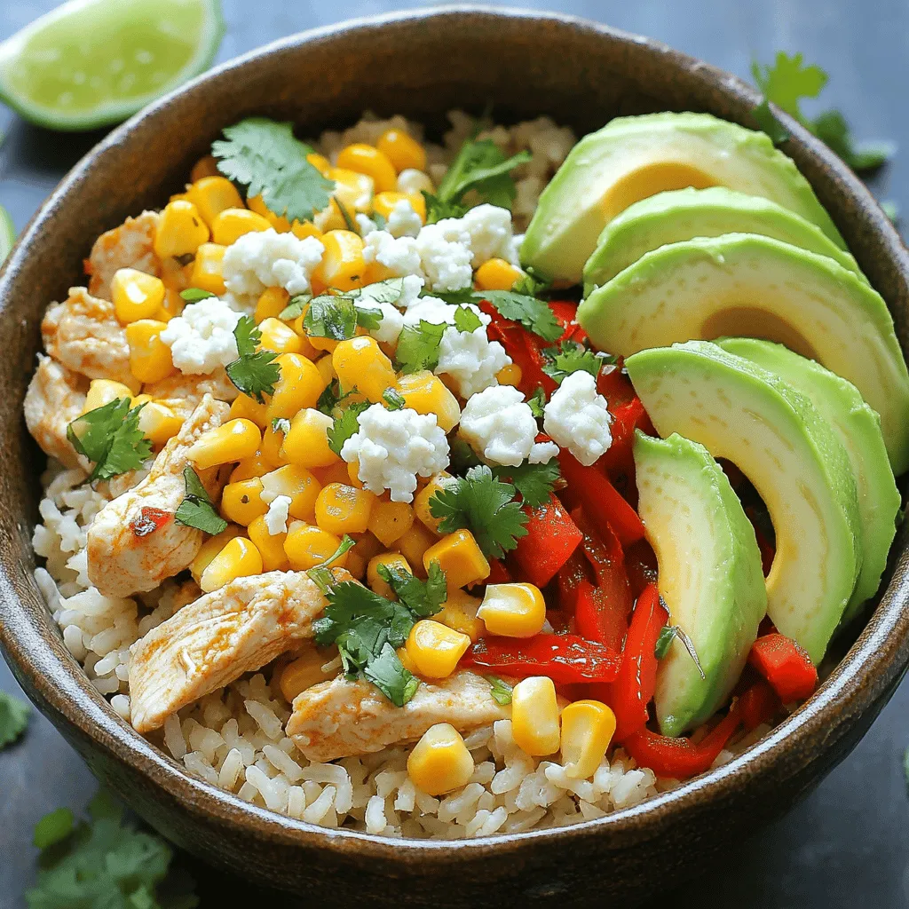 - 1 lb chicken breast, diced - 2 cups corn kernels (fresh, frozen, or canned) - 2 cups cooked rice (white or brown) - 1 teaspoon chili powder - 1 teaspoon garlic powder - 1/2 cup crumbled queso fresco or feta cheese The main ingredients in this dish create a tasty and filling meal. Chicken breast gives you lean protein. Corn adds sweetness and crunch. Cooked rice serves as a hearty base. For the seasonings, chili powder gives a nice kick. Garlic powder adds depth of flavor. Topping with queso fresco or feta cheese brings creaminess that balances the dish. You can find the full recipe above to get all the details. Enjoy your cooking! First, grab a large skillet. Heat one tablespoon of olive oil over medium heat. While the oil warms, dice your chicken breast into small pieces. Once the oil is hot, add the chicken to the skillet. Season it with salt, pepper, chili powder, garlic powder, and ground cumin. Cook the chicken for about 7 to 10 minutes. Stir it often until it turns golden brown and is fully cooked. Once done, take it out and set it aside. In the same skillet, add the corn and diced red bell pepper. Sauté them together for about 5 minutes. You want the corn heated through and the peppers tender. Then, add the finely chopped red onion to the skillet. Cook everything for an additional 2 minutes. This adds a great flavor to your dish. Now it’s time to mix everything. In a large mixing bowl, combine the cooked rice, the sautéed vegetables, and the browned chicken. Toss the mixture well to ensure even distribution. This step helps all the flavors come together beautifully. Your Street Corn Chicken Rice Bowl is almost ready to serve! - Best cooking methods for chicken: I love using a skillet for chicken. It cooks fast and keeps the meat juicy. Start by heating olive oil over medium heat. Add your seasoned chicken and cook until it's golden brown. This usually takes about 7-10 minutes. Make sure to stir so it cooks evenly. - How to achieve perfect sautéed vegetables: For great veggies, use the same skillet after cooking the chicken. Add corn and red bell pepper first. Sauté them for about 5 minutes. This gives them a nice crunch. Then, add red onion and cook for another 2 minutes. This adds a sweet kick to your mix. - Serving suggestions for visual appeal: Serve your Street Corn Chicken Rice Bowl in bright bowls. Layer the rice, chicken, and veggies nicely. This makes it look fresh and colorful. A nice contrast of colors will make your meal pop! - Garnishes to enhance flavor and look: Top your dish with crumbled queso fresco or feta cheese. Add sliced avocado and fresh cilantro. This not only adds flavor but also makes your bowl look fancy. Don’t forget a squeeze of lime juice right before serving. It makes everything taste better! {{image_2}} You can switch proteins if you want. Shrimp is a tasty option. Just sauté it like the chicken. Tofu works well too. It adds a nice texture and flavor. For toppings, get creative! Avocado adds creaminess and healthy fats. You can also try olives for a salty kick. These simple swaps keep the meal fresh and fun. Want to spice it up? Add herbs like cilantro or parsley. A drizzle of hot sauce can wake up the dish. You can also use different sauces like teriyaki or hoisin. Try an international twist! For a spicy kick, mix in some jalapeños. If you’re feeling tropical, add pineapple chunks. These changes bring new flavors to your bowl. Explore these ideas to make the Street Corn Chicken Rice Bowl your own. For the complete recipe, check out the full recipe. To keep your Street Corn Chicken Rice Bowl fresh, store it in an airtight container. This helps prevent moisture loss and keeps food safe. Place it in the fridge within two hours of cooking. This meal stays good for about three to four days. After that, the flavors may start to fade. You can reheat your bowl in two ways: the microwave or stovetop. Microwave: Place the rice bowl in a microwave-safe dish. Cover it with a damp paper towel to keep moisture in. Heat it for one minute, stir, and check the temperature. If it needs more time, heat in 30-second intervals until hot. Stovetop: Use a skillet over medium heat. Add a splash of water to prevent sticking. Stir gently as it heats for about five to seven minutes. This method helps maintain texture and flavor. For best results, avoid overheating. You want the chicken warm, not dry. Enjoy your tasty leftovers! To make this dish vegetarian, swap the chicken with several tasty options. You can use tofu, which absorbs flavors well. Another great choice is chickpeas; they add protein and a nice texture. If you want some bite, try seitan or tempeh. These options keep the dish hearty and satisfying. Yes, you can use various types of rice for your bowl. Jasmine rice brings a sweet aroma and soft texture. Basmati rice has a nutty flavor and fluffy grains. If you want a healthier option, try quinoa. Quinoa is high in protein and gluten-free. Each type adds its unique taste and feel. This meal is packed with nutrition. A serving has about 500 calories. The chicken gives you protein, while the corn adds fiber. The avocado offers healthy fats, and the veggies provide vitamins. Overall, this dish is not only tasty but also good for your body. Check out the Full Recipe for all details. This dish brings together simple ingredients like chicken, corn, and rice. You learned how to prepare and combine these for a tasty meal. Cooking tips help you avoid common mistakes, while presentation ideas make it look great. You can even switch ingredients to suit your taste. Remember, leftovers store well and reheat nicely. Experiment with variations to keep it exciting. Enjoy this dish and make it your own!
