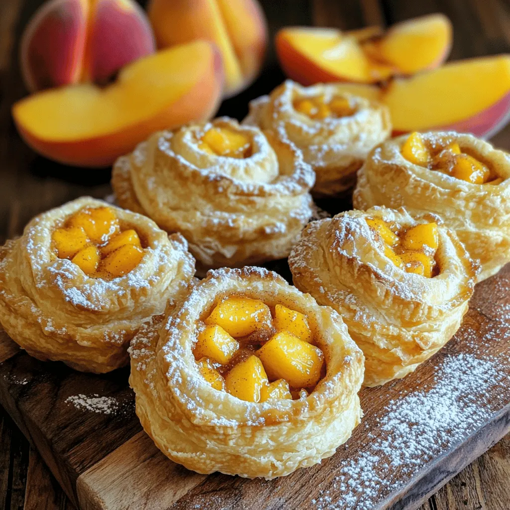 To make these tasty cruffins, you need a few key ingredients. Here's what you'll need: - 2 cups all-purpose flour - 1 tbsp sugar - 1 tbsp baking powder - 1/2 tsp salt - 1/2 cup unsalted butter, cold and cubed - 3/4 cup buttermilk - 2 cups fresh peaches, diced - 1/2 cup brown sugar - 1 tsp cinnamon - 1 tsp vanilla extract - 1 egg, beaten (for egg wash) - Powdered sugar (for dusting) Each ingredient plays a role. The flour builds structure, while the butter adds richness. Brown sugar gives sweetness and depth. Fresh peaches bring a burst of flavor. You’ll need some tools to make this recipe a breeze. Here’s what I suggest: - Mixing bowls - Pastry cutter or your hands - Rolling pin - Muffin tin - Non-stick spray - Baking sheet - Wire rack Having the right tools makes cooking easier. A good mixing bowl helps you combine ingredients well. A rolling pin is key for shaping the dough. If you’re missing something, don’t worry! Here are some great swaps: - Use whole wheat flour for a nutty flavor. - Swap buttermilk for yogurt or milk mixed with lemon juice. - Try using frozen peaches if fresh ones aren’t available. - If you need a dairy-free option, use coconut oil instead of butter. These substitutions make the recipe flexible. You can still enjoy peach pie cruffins even with different ingredients. For the full recipe, check the detailed instructions! First, set your oven to 375°F (190°C). This gets it hot and ready. While it heats, grab a muffin tin and spray it with non-stick spray. This helps the cruffins pop out easily after baking. Make sure you cover each cup well. In a large bowl, mix two cups of flour, one tablespoon of sugar, one tablespoon of baking powder, and half a teaspoon of salt. Stir well to combine. Next, add half a cup of cold, cubed butter. Use your fingers or a pastry cutter to mix it in. You want the mixture to look like coarse crumbs. Now, pour in three-quarters of a cup of buttermilk. Mix just until combined. It’s okay if the dough is a bit sticky; don’t overmix it. This will keep your cruffins soft and light. In a separate bowl, take two cups of diced fresh peaches. Add half a cup of brown sugar, one teaspoon of cinnamon, and one teaspoon of vanilla extract. Stir this mixture until the peaches are well-coated. This sweet and fragrant filling will make your cruffins irresistible. Follow these steps, and you’ll be well on your way to making delicious Peach Pie Cruffins! If you want the full details, check the Full Recipe. To make your cruffins super flaky, keep your butter cold. Cold butter creates steam when it bakes. This steam helps separate the layers, giving a nice flaky texture. Use a pastry cutter or your fingers to mix it into the flour. The goal is to leave some small chunks of butter. Don't overwork the dough; mix until just combined. One big mistake is overmixing the dough. Overmixing makes the cruffins tough. Mix just enough to combine the ingredients. Another mistake is not using enough flour when rolling out the dough. This can cause sticking. Always sprinkle flour on your surface. Lastly, don’t skip the egg wash. It gives your cruffins a beautiful golden color. When handling dough, keep your work area clean and organized. Lightly flour your hands to prevent sticking. If the dough feels too sticky, add a bit more flour. Roll the dough gently to keep layers intact. If it gets warm, chill it in the fridge for a bit. This helps maintain that flaky texture. For the full recipe, check out the complete guide on making Peach Pie Cruffins. {{image_2}} You can swap peaches for other fruits in your cruffins. Try berries, apples, or cherries. Each fruit brings its own flavor. For example, blueberries add a sweet burst, while apples bring a hint of tartness. Use the same method for the filling. Just adjust sugar based on the fruit's sweetness. This keeps your cruffins fresh and fun. To make gluten-free cruffins, use a gluten-free flour blend. Look for blends that measure cup-for-cup like regular flour. You may need to add extra liquid to the dough. This helps keep it moist. Check your baking powder for gluten-free labeling. Follow the same steps in the recipe for the best results. Adding chocolate or nuts can make your cruffins even better. Toss in chocolate chips or chopped nuts with the fruit filling. Walnuts and pecans add a nice crunch. The chocolate will melt while baking, creating gooey bites. This simple change can turn your cruffins into a whole new treat. Check the full recipe for more ideas on how to customize your cruffins! To store leftover cruffins, place them in an airtight container. Keep the container at room temperature for up to two days. If you want them to last longer, store them in the fridge. They can stay fresh for up to a week. Make sure to allow them to cool completely before sealing. This helps keep their texture. You can freeze cruffins for longer storage. Wrap each cruffin tightly in plastic wrap. Then, place them in a freezer-safe bag or container. They can last up to three months in the freezer. When you want to enjoy them, just thaw them in the fridge overnight. This keeps the flavor and texture intact. To reheat cruffins, preheat your oven to 350°F (175°C). Place the cruffins on a baking sheet. Heat them in the oven for about 10 minutes. This warms them up nicely and restores their flaky texture. You can also microwave them for 15-20 seconds for a quick fix. However, the oven gives the best results. For the best taste, enjoy them warm! Yes, you can make the dough ahead of time. Mix the dry ingredients and cold butter first. Then, store the dough in the fridge. Wrap it tightly in plastic wrap. You can keep it for up to two days. When you are ready, mix in the buttermilk to finish. This method saves time and keeps your cruffins fresh. You can tell when the cruffins are done by their color. Look for a deep golden brown on top. You can also use a toothpick. Insert it into the center of a cruffin. If it comes out clean, they are ready. The baking time usually ranges from 20 to 25 minutes, but every oven is different. I love serving Peach Pie Cruffins warm. A dusting of powdered sugar adds sweetness. You can also pair them with whipped cream for a treat. For extra flavor, serve with fresh peach slices. Sometimes, I drizzle honey or maple syrup on top. These simple touches make the dish even more special. In this post, we covered the key ingredients for peach pie cruffins, tools you need, and how to prepare them. I shared step-by-step instructions to help you make perfect cruffins, along with tips to avoid common mistakes. You saw how to vary the recipe with different fruits and gluten-free options. Finally, I explained how to store and reheat leftovers. With these insights, you can create delicious cruffins and enjoy them fresh or later. Now, it’s your turn to bake and impress!