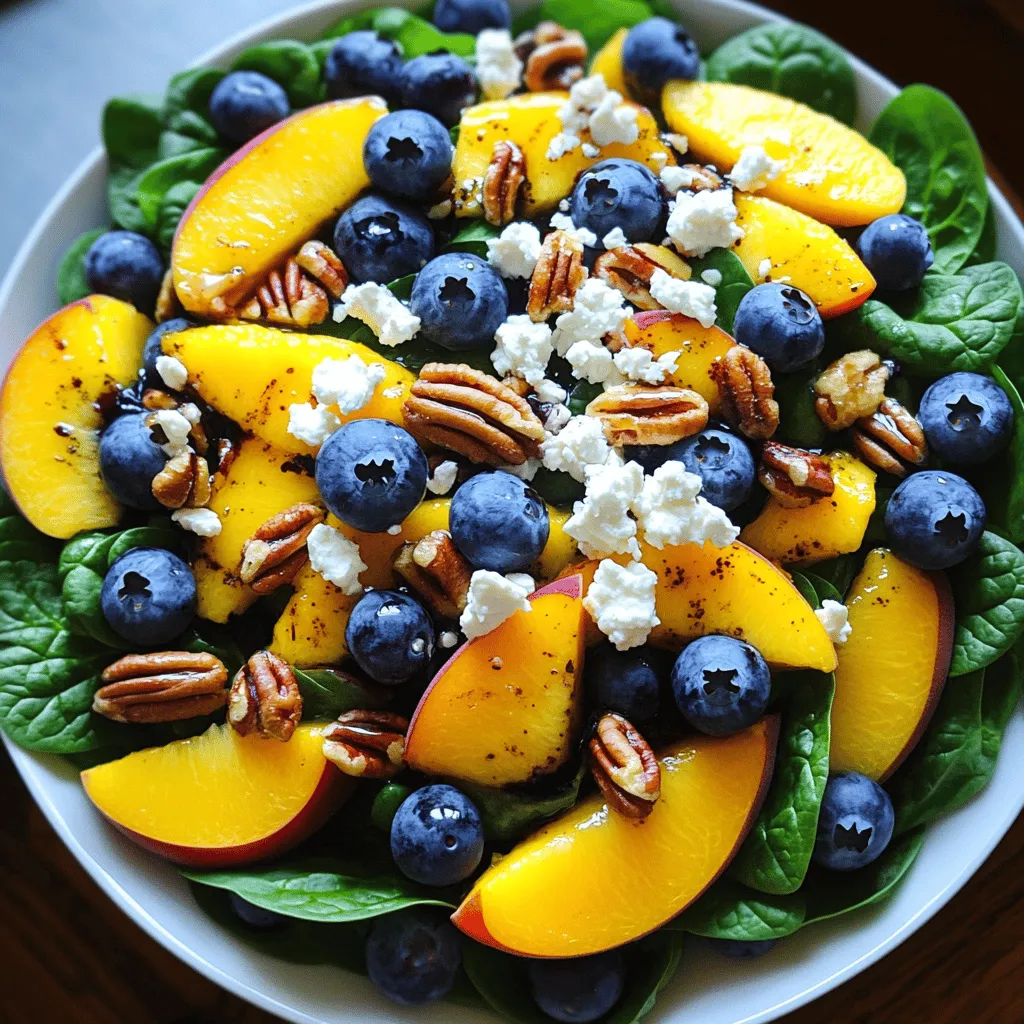 For a delightful Blueberry Peach Feta Salad, we need a mix of fresh and vibrant ingredients. Each component adds its own flavor and texture. Here’s what you will need: - 2 cups fresh spinach - 1 cup blueberries - 1 medium ripe peach - 1/2 cup feta cheese - 1/4 cup toasted pecans - Dressings: Honey, balsamic vinegar, olive oil - Seasoning: Salt and pepper Fresh spinach offers a crisp base for this salad. Blueberries bring a sweet burst, while ripe peaches add juicy softness. The feta cheese gives a tangy kick, and toasted pecans provide a crunchy texture. For the dressing, honey, balsamic vinegar, and olive oil create a perfect balance of sweet and tangy flavors. Don’t forget to season with salt and pepper to enhance all the tastes. This combination makes for a fresh and flavorful delight. You can find the detailed preparation steps in the Full Recipe section. Enjoy the bright colors and tastes of this salad! To make the Blueberry Peach Feta Salad, follow these easy steps. 1. Combine 2 cups fresh spinach and 1 cup blueberries in a large bowl. 2. Add 1 medium ripe peach, sliced, on top of the spinach and blueberries. Arrange them attractively. 3. Sprinkle 1/2 cup feta cheese, crumbled, and 1/4 cup toasted pecans, roughly chopped, over the salad. 1. In a small bowl, whisk together 2 tablespoons honey, 1 tablespoon balsamic vinegar, and 2 tablespoons olive oil until smooth. 2. Season with salt and pepper to taste. 1. Drizzle the dressing over the salad, then toss gently to mix all the flavors. 2. Taste the salad and adjust seasoning with more salt, pepper, or honey as needed. For the Full Recipe and more details, feel free to explore further. Enjoy the fresh and vibrant flavors of this salad! You can serve Blueberry Peach Feta Salad in a large bowl or on individual plates. A large bowl makes it easy for guests to serve themselves. If you choose individual plates, it adds a nice touch to your table. For a pretty look, garnish with extra blueberries and a sprinkle of feta on top. It creates a fresh and colorful appeal. This salad goes well with grilled chicken or fish for a light meal. It also pairs nicely with a crisp white wine, like Sauvignon Blanc. You can serve it at picnics, barbecues, or as a refreshing starter at dinner parties. Its bright flavors fit perfectly into summer gatherings. To add more flavor, try mixing in fresh herbs like mint or basil. They can give a lovely twist to your salad. You can also use different nuts like walnuts or almonds for a unique crunch. If you want to switch up the cheese, goat cheese is a great choice and adds a different taste. For the full recipe, check out the detailed instructions above. Enjoy experimenting with these tips! {{image_2}} You can swap peaches or blueberries for other fruits. Try strawberries or raspberries for a sweet twist. For a tropical vibe, use mango or pineapple. Seasonal fruits like pears work well in fall. In winter, consider using citrus fruits like oranges or grapefruit. Each fruit adds a unique taste and texture, keeping your salad fresh. To make this salad vegan, replace feta with a plant-based cheese. You can also use avocado for creaminess. For a gluten-free option, ensure your dressing is gluten-free. You can make a low-sugar dressing by using agave syrup instead of honey. This keeps the salad tasty without added sugar. You can find inspiration from global cuisines. Add spicy jalapeños for a Mexican kick. For an Italian flair, include basil or use a pesto dressing. You can also explore local flavors by adding nuts or cheeses from your area. This personal touch makes the salad unique and fun. To keep your Blueberry Peach Feta Salad fresh, store it in an airtight container. This helps prevent air from spoiling the ingredients. You can use glass or plastic containers with tight lids. Make sure to remove excess air before sealing. It’s best to store the salad without the dressing. This way, the greens stay crisp and the fruits remain juicy. The salad lasts about three days in the fridge. After that, the quality drops. If you see any brown spots on the spinach or mushy fruit, it’s time to toss it out. Mold is another sign to watch for. Always check for off smells, as they indicate spoilage. This salad is best enjoyed cold. However, if you want to reuse the feta or nuts, you can warm them slightly. Just avoid reheating the spinach or fruits, as they can lose their texture. Freezing this salad is not recommended. The fruits and greens will become mushy when thawed. For the freshest taste, always prepare just what you need! For the full recipe, refer to the Blueberry Peach Feta Salad section. This salad is a healthy choice. It has about 220 calories per serving. Here’s a quick breakdown: - Fats: 12 grams - Carbohydrates: 25 grams - Protein: 6 grams - Fiber: 4 grams - Vitamins: Rich in vitamins A and C from spinach and fruit. Yes, you can prepare it in advance. Make it up to 2 hours ahead. Keep the dressing separate to avoid soggy greens. Just toss it together before serving. If you want a dairy-free option, try using tofu or cashew cheese. Both add creaminess. They won’t taste exactly the same, but they work well. You can also use goat cheese for a tangy flavor. This salad works well for meal prep. Store it in airtight containers. Keep the dressing separate. This helps keep it fresh for up to three days. When ready to eat, just combine and enjoy! For the full recipe, check out the [Full Recipe]. This blog post covered a delicious Blueberry Peach Feta Salad. You learned about fresh ingredients, dressing options, and easy prep steps. We discussed tips for serving, ideal pairings, and flavor boosts. You also explored fun variations and important storage info. In closing, this salad is not just tasty; it’s simple to make. Enjoy fresh flavors and create your unique version! You can impress guests or treat yourself. Eat well and enjoy every bite!