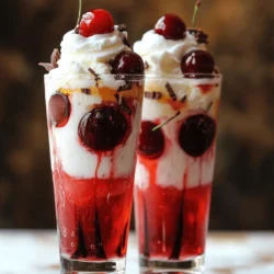 - 1 cup cherry soda - 1 cup vanilla ice cream - 1/2 cup fresh cherries, pitted and halved Cherry soda is the star of this float. It adds sweetness and fizz. Vanilla ice cream gives a creamy base that blends perfectly. Fresh cherries bring a burst of flavor and a pop of color. - Whipped cream - Maraschino cherries - Chocolate shavings Whipped cream adds lightness and a fluffy touch. Maraschino cherries make a fun garnish on top. Chocolate shavings can give a rich flavor twist if you want something extra. - Alternative sodas - Dairy-free ice cream options - Fresh versus frozen cherries You can use any fruit soda you like for a twist. If you need it dairy-free, try coconut or almond ice cream. Fresh cherries are best, but frozen work too. Just thaw them before use. For the full recipe, check out the complete set of instructions to make your Cherry Vanilla Floats for Two! Marinating the cherries Start by marinating the fresh cherries. In a small bowl, combine the halved cherries with the vanilla extract. Gently toss them to coat in the vanilla. Let them sit for about 5 minutes. This step boosts the flavor and makes the cherries taste even better. Preparing the glasses While the cherries marinate, grab two tall glasses. Make sure they are clean and ready for the floats. You can chill them in the fridge for a few minutes if you like. This helps keep the floats cold and refreshing. Adding ice cream to the glass Spoon a generous scoop of vanilla ice cream into each glass. I like to use a small ice cream scoop for this. Place it right at the bottom, and let it spread out a bit. Pouring cherry soda and layering ingredients Next, slowly pour the cherry soda over the ice cream. Fill the glass until it's about halfway full. Watch the fizz and bubbles! Then, spoon the marinated cherries on top of the soda and ice cream. Distribute them evenly between the glasses. Finally, add another scoop of vanilla ice cream on top. Let it meld beautifully into the soda. Adding whipped cream and garnishes Now comes the fun part! Top each float with a dollop of whipped cream. Make it nice and fluffy. If you want, sprinkle some chocolate shavings on top for an extra treat. Serving suggestions Place a maraschino cherry on each whipped cream peak. Serve the floats right away with a straw and a long spoon for scooping. Enjoy this sweet treat with a friend! For the complete recipe, check out the Full Recipe section. To achieve the right fizz, use chilled cherry soda. Cold soda creates a lively effervescence. Pour it slowly over the ice cream. This helps keep the bubbles intact. Keep an eye on the fizz as it rises. You want it to dance in the glass. For ice cream consistency, use slightly softened vanilla ice cream. Let it sit out for a few minutes before scooping. This makes it easier to scoop and layer. It also blends nicely with the soda. If the ice cream is too hard, it won't mix well. Using decorative glasses adds flair to your floats. Choose tall, clear glasses to show off the layers. This makes each float look more appealing. You can even use sundae glasses or mason jars. Garnishing creatively makes your floats pop. Top with whipped cream and a maraschino cherry. Add chocolate shavings for an extra treat. Try fresh mint leaves for a splash of color. These small touches can make your floats feel special. For the best snacks or desserts, serve light and crunchy treats. Think pretzels, popcorn, or even cookies. These snacks complement the sweetness of the float well. For drink pairings, try a light lemonade or iced tea. These drinks balance the sweetness of the cherry vanilla float. They also make for a festive occasion. If you want to impress, serve a fruit punch alongside. It keeps the fun going! {{image_2}} You can switch up the flavor with different fruit sodas. Try grape, orange, or even root beer! Each soda brings its own fun twist. If you love chocolate, add some chocolate syrup to the float. A drizzle of caramel can also make it extra tasty. Both options create a rich and creamy treat. If you want a vegan version, use dairy-free ice cream. Coconut milk ice cream works great and adds a nice flavor. You can also find sugar-free sodas that taste just as good. These options let everyone enjoy the float, no matter their diet. For summer, try adding fresh berries or citrus slices. They add color and a burst of flavor. During the holidays, use eggnog soda instead of cherry soda for a festive twist. You can even sprinkle crushed candy canes on top for a fun look. Each season brings new chances to enjoy this treat! To keep your Cherry Vanilla Floats fresh, store the ingredients separately. The soda and ice cream don’t mix well once combined. If you have leftover floats, drink them right away for the best flavor. If you must store them, try to keep the soda in the fridge and the ice cream in the freezer. Use airtight containers to guard against ice crystals forming on the ice cream. You can repurpose leftover cherries in many fun ways. Use them in yogurt or oatmeal for a tasty breakfast. You can also blend them into smoothies for a refreshing drink. If you have extra vanilla ice cream, add it to milkshakes or make sundaes. The cherry soda can be used in cocktails or as a punch base. Get creative and mix flavors! Cherry soda stays fresh for about 6 months when unopened. Once opened, use it within a week. Vanilla ice cream lasts about 2 to 3 months in the freezer. To keep ice cream from freezer burn, seal it well. Always check for off smells or weird textures before using. Following these tips helps you enjoy your floats longer! You cannot make Cherry Vanilla Floats too early. If you prepare them too soon, the ice cream will melt. The float loses its fun fizz too. I suggest making them right before serving. This way, you keep the perfect texture and taste. You can prep some parts ahead. For example, pit and halve the cherries early. You can also measure the vanilla extract. Keep these ready in the fridge until you need them. If you cannot find cherry soda, other drinks work well. You can use grape soda for a different flavor. Lemon-lime soda is also a good choice. It adds a nice citrus kick. If you want a healthier option, try sparkling water with cherry juice. You still get that bubbly effect. Just make sure to adjust the sweetness to your liking. This keeps the float fun and refreshing. To make Cherry Vanilla Floats even more special, think about the setting. They are great for a roller skating party! You can add fun straws and colorful napkins. Use bright glasses to make it festive. For summer picnics, pack the floats in cooler cups. You can also add sprinkles on top of the whipped cream. This gives a fun touch. Sharing these floats with friends makes the moment sweeter. You can find the Full Recipe to help you plan ahead. The cherry vanilla float is a fun and easy treat. You learned about the main ingredients like cherry soda, ice cream, and fresh cherries. We also explored optional add-ons and tasty variations to try. Presentation tips and pairings can make it more special. Storing your leftovers properly ensures nothing goes to waste. Use these tips to enjoy a refreshing float anytime. Now it’s time for you to create, enjoy, and share this delicious drink!
