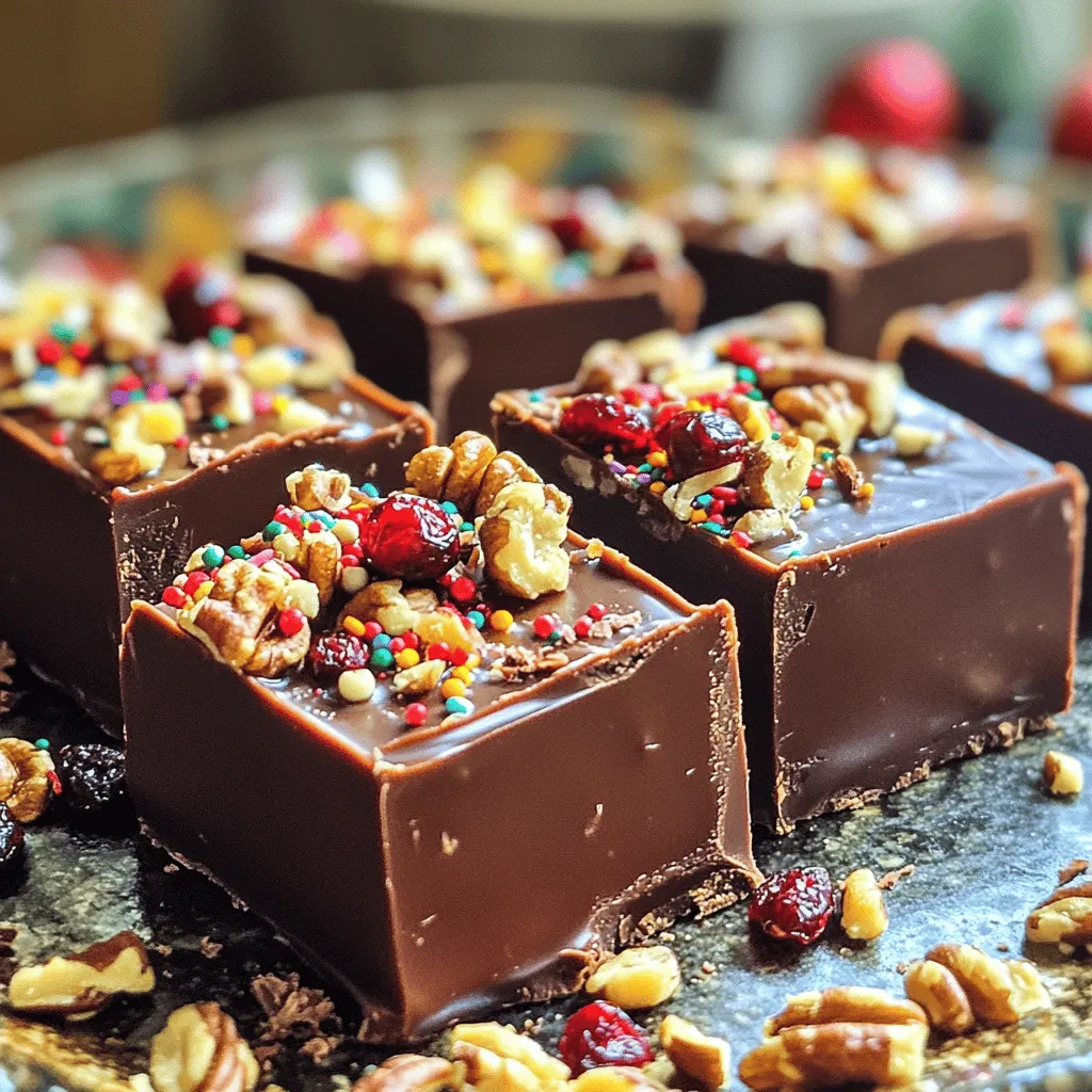 To make Easy Christmas Fudge, gather these simple ingredients: - 2 cups semi-sweet chocolate chips - 1 cup sweetened condensed milk - ½ cup unsweetened cocoa powder - 1 teaspoon vanilla extract - ¼ teaspoon salt - ¾ cup chopped nuts (walnuts, pecans, or your choice) - ½ cup dried cranberries or holiday sprinkles for decoration When choosing your ingredients, quality matters. Use good chocolate chips for rich flavor. Sweetened condensed milk should be thick and creamy. If you want a lighter fudge, you can swap out the semi-sweet chocolate for milk chocolate. You can also use coconut milk or almond milk as a substitute for sweetened condensed milk if you prefer a dairy-free option. Adding toppings makes your fudge festive! Try these fun ideas: - Use dried cranberries for a tart burst of flavor. - Holiday sprinkles add color and joy. - You can also top the fudge with crushed candy canes for a minty twist. - For a fancy touch, sprinkle some sea salt on top before chilling. These little details make your Easy Christmas Fudge even more special. Start by lining an 8x8 inch baking dish with parchment paper. Make sure to leave some paper hanging over the edges. This will help you lift out the fudge later. It is a simple step but very helpful. Next, take a medium saucepan and put it on low heat. Add 2 cups of semi-sweet chocolate chips and 1 cup of sweetened condensed milk. Stir the mix gently. Keep stirring until the chocolate is fully melted and smooth. This process takes just a few minutes. Once melted, remove the saucepan from heat. Add in the unsweetened cocoa powder, vanilla extract, and salt. Mix well until everything is combined. It should look rich and creamy. Then, fold in the chopped nuts gently. Make sure they are evenly spread throughout the chocolate mix. Now, pour the fudge mixture into your prepared baking dish. Use a spatula to smooth the top. For a festive touch, sprinkle dried cranberries or holiday sprinkles on top. Press them down lightly into the fudge. Place the dish in the fridge for at least 2 hours. After it sets, lift the fudge out using the parchment paper. Cut it into squares or rectangles. Enjoy your sweet holiday treat! For the full recipe, check the details above. To get smooth and creamy fudge, use fresh ingredients. Old chocolate can clump. Melt the chocolate and milk slowly over low heat. Stir often to blend well. If you want a softer fudge, add a bit more sweetened condensed milk. For a firmer texture, let it chill longer. One mistake is not using low heat. High heat can burn the chocolate. Another is skipping the salt. A little salt brings out the sweet taste. Also, don’t rush the cooling process. If you cut it too soon, the fudge may fall apart. Chop your chocolate chips for even melting. Use a heavy saucepan to help with heat distribution. Make sure the pan is completely dry. Water can seize the chocolate, making it grainy. Stir gently and keep an eye on it. When it’s almost melted, remove it from the heat and stir until smooth. For a full recipe, check out the Christmas Chocolate Bliss Fudge. {{image_2}} One fun twist on classic fudge is to add peppermint. You can use peppermint extract for flavor. Just add ½ teaspoon of it when mixing in the cocoa powder. For a festive touch, crush some candy canes and sprinkle them on top. This adds a nice crunch and a pop of color. Your fudge will taste like a holiday treat in every bite. Nuts can elevate your fudge to a new level. You can use walnuts, pecans, or any nuts you like. Just chop them roughly before adding them to the mix. Use about ¾ cup of chopped nuts for a good crunch. They bring a rich flavor and texture that pairs nicely with the smooth chocolate. You can even toast the nuts lightly for an extra depth of taste. Think about adding holiday flavors like cranberry or orange to your fudge. Dried cranberries work great for a fruity twist. Mix in about ½ cup when you add the nuts. For an orange flavor, use the zest of one orange. This gives a fresh, bright taste to your fudge. These flavors make your fudge not just sweet, but also festive and unique. Check out the Full Recipe for detailed instructions on each variation. Store your Easy Christmas Fudge in an airtight container. Keep it in a cool, dry place. The fridge works well too. Just make sure it is wrapped well. This keeps it fresh and soft. When stored properly, this fudge lasts about two weeks. If you keep it in the fridge, it can stay good for three weeks. Just check for any signs of spoilage before eating. You can freeze fudge for later. Cut it into squares and wrap each piece in plastic wrap. Then place them in a freezer bag. This way, you can enjoy your fudge for up to three months! When you want some, just let it thaw in the fridge overnight. For full details, check the Full Recipe. Making Easy Christmas Fudge is quick and simple. It takes about 15 minutes to prepare. After that, you need to chill it for at least 2 hours. So, the total time is about 2 hours and 15 minutes. Perfect for a busy holiday! Yes, you can use different types of chocolate. Dark chocolate, milk chocolate, or even white chocolate all work well. Each type brings a unique taste. Just remember, this may change the final flavor. To cut fudge neatly, use a sharp knife. Make sure your knife is clean and dry. For best results, warm the knife under hot water first. Wipe it dry, then slice the fudge. This helps create clean edges. Absolutely! You can skip the nuts if you prefer. Just leave them out of the recipe. The fudge will still be tasty and rich. You can also add extra toppings if you like. To make this fudge gluten-free, you don’t need to change much. All the ingredients in the recipe are naturally gluten-free. Just double-check the labels on your chocolate and other ingredients to ensure they are safe. If you need a substitute for sweetened condensed milk, try coconut milk and sugar. Combine equal parts coconut milk and sugar, and cook until thick. You can also use evaporated milk with added sugar to achieve a similar taste. For the best results, use the Full Recipe. We covered everything you need for making delicious fudge. You learned about key ingredients, steps, tips, and fun variations. Remember to pay close attention to texture and avoid common mistakes. Proper storage will keep your fudge fresh for longer. With this knowledge, you can create yummy treats for any occasion. Enjoy sharing your fudge with friends and family, and don't be afraid to get creative with flavors!