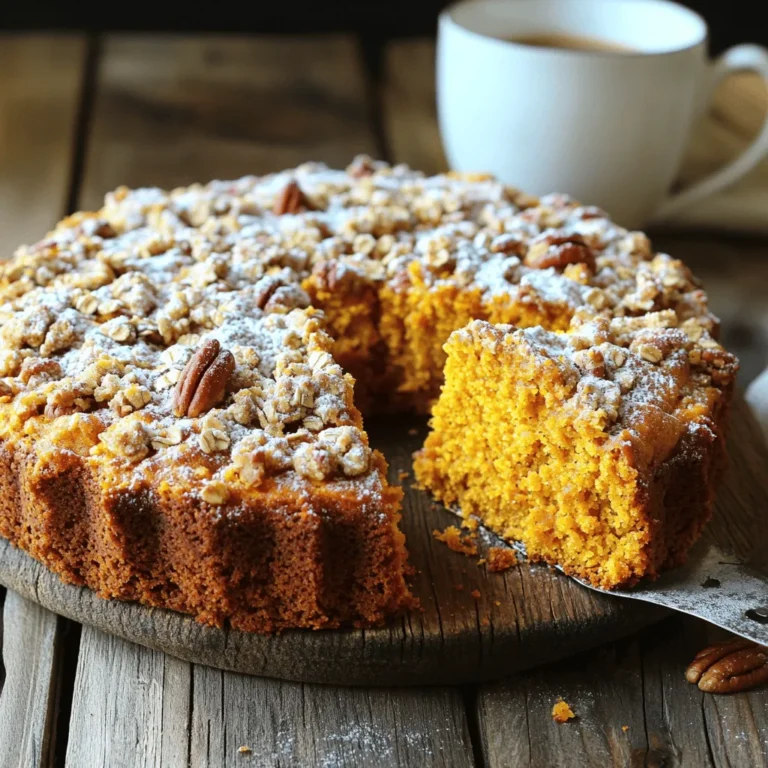 - 1 cup all-purpose flour - 1 cup whole wheat flour - 1 cup pumpkin puree - 1/2 cup granulated sugar - 1/4 cup brown sugar, packed - 1/2 cup unsalted butter, softened - 3 large eggs - 1 teaspoon vanilla extract - 1 teaspoon baking powder - 1 teaspoon baking soda - 1 teaspoon ground cinnamon - 1/2 teaspoon ground nutmeg - 1/2 teaspoon salt - 1/2 cup chopped pecans or walnuts - 1/2 cup all-purpose flour - 1/3 cup brown sugar, packed - 1/2 teaspoon ground cinnamon - 1/4 cup unsalted butter, melted - 1/2 cup rolled oats I love this recipe because it uses simple and fresh ingredients. The pumpkin puree gives the cake a moist texture and earthy flavor. Mixing both all-purpose and whole wheat flour adds depth to the taste. For the streusel topping, I use oats and nuts. This mix adds crunch and richness. You can choose pecans or walnuts, depending on your taste. When you gather these ingredients, you create a cozy treat. If you want to see the full recipe, feel free to check out the recipe section. - Preheat the Oven: Preheat your oven to 350°F (175°C). - Prepare the Cake Pan: Grease a 9-inch round cake pan or line it with parchment paper. - Cream the Butter and Sugars: Combine softened butter, granulated, and brown sugar until light and fluffy. This step gives the cake a good base. - Incorporate Pumpkin and Eggs: Add pumpkin puree and eggs one at a time, mixing well after each. This makes the batter moist. - Combine Dry Ingredients: Whisk all-purpose flour, whole wheat flour, baking powder, baking soda, cinnamon, nutmeg, and salt in a separate bowl. Mixing these dry items first keeps the cake light. - Mix Wet and Dry Ingredients: Gradually add dry ingredients to the wet mixture. Stir until just combined. Don’t overmix, or the cake may be dense. - Prepare and Layer the Streusel: Combine the streusel ingredients in a small bowl. Pour half of the batter into the pan, sprinkle half of the streusel, and then pour the rest of the batter. Finish with the remaining streusel. - Baking: Place the cake in the oven and bake for 35-40 minutes. Check for doneness by inserting a toothpick. If it comes out clean, your cake is ready! For a detailed recipe, refer to the Full Recipe. Enjoy the process of making this delightful treat! - Don’t Overmix: Always mix until just combined for a fluffy cake. This keeps air in the batter. - Use Room Temperature Ingredients: Ensure butter and eggs are at room temperature for better incorporation. This helps create a smooth batter. - Fresh Spices: Use freshly ground spices for a richer taste. Freshly ground cinnamon and nutmeg add warmth. - Room Temperature Pumpkin: Use room temperature pumpkin puree for a smoother batter. Cold pumpkin can make the mixture lumpy. - Check for Doneness: Use a toothpick to check for a clean center. Insert it in the middle; if it comes out clean, the cake is done. - Let It Cool: Cool the cake before slicing for cleaner pieces. If you cut it too soon, it may crumble. These tips can help you make the best Pumpkin Streusel Coffee Cake. For the complete method, check the Full Recipe! {{image_2}} - Gluten-Free Option: Replace wheat flour with a suitable gluten-free blend. This keeps the cake soft and tasty. - Sugar Alternatives: Try coconut sugar or maple syrup for a different sweetness profile. They also add unique flavors. - Add Chocolate Chips: Mix in semi-sweet or dark chocolate chips for added richness. They melt and create pockets of goodness. - Incorporate Dried Fruits: Raisins or cranberries can add a chewy texture. They bring a burst of flavor to each bite. - Serving Temperature: Serve warm or at room temperature, according to preference. Both ways taste great! - Pairing Ideas: Enjoy with whipped cream or a scoop of vanilla ice cream. These options elevate the experience. Try these variations to make your pumpkin streusel coffee cake unique and delightful. For the complete recipe, check the Full Recipe section. - Room Temperature: Store at room temperature for up to 2 days in an airtight container. - Refrigeration: Keep in the fridge for up to one week. You want to keep your Pumpkin Streusel Coffee Cake fresh. Storing it correctly helps maintain its soft texture and rich flavor. If you plan to eat it soon, just leave it on the counter. An airtight container works best to prevent it from drying out. If you have leftovers after two days, it’s best to move them to the fridge. This way, it stays tasty for up to a week. - Freezing Instructions: Wrap slices in plastic wrap and place in a freezer-safe container. - Thawing Method: Thaw overnight in the refrigerator before serving. Freezing is a great option if you want to save some cake for later. First, wrap each slice in plastic wrap. Then, place the slices in a freezer-safe container. This keeps the cake from freezer burn. When you’re ready to enjoy it, just take out a slice and let it thaw overnight in the fridge. It will taste almost as fresh as the day you baked it! - Oven Method: Reheat slices in a preheated oven at 350°F for about 10 minutes. - Microwave Method: Heat individual slices in the microwave for about 15-20 seconds. If you want to enjoy your cake warm, reheating is easy. For the oven, set it to 350°F and place the slices inside for about 10 minutes. This warms the cake evenly. If you’re in a hurry, use the microwave. Heat each slice for 15 to 20 seconds. Either way, you’ll have a delicious treat ready to enjoy again! Yes, fresh pumpkin can be used; make sure it’s pureed and cooked properly. Fresh pumpkin adds a nice flavor and texture. Just cut, steam, and blend it until smooth. Use the same amount as canned pumpkin in the recipe. Yes, using a gluten-free flour blend works well. You can find many good options at stores. Just ensure that the flour blend contains xanthan gum for best results. This will help the cake rise and hold together. Ensure the butter is melted and mixed in thoroughly for a crunchy texture. The melted butter helps bind the streusel. Mix it well with the flour and sugar until you see crumbs. This will give you that perfect crunch. Yes, it can be made a day in advance and stored properly. Let the cake cool completely first. Then wrap it in plastic wrap and store it in the fridge. This will keep it fresh and tasty. Coffee, tea, or a warm spiced chai are excellent choices. The warm flavors of these drinks match perfectly with the pumpkin taste. Try pairing it with your favorite drink for a cozy treat. *Note: Full Recipe for Pumpkin Streusel Coffee Cake is included within the Ingredients and Step-by-Step Instructions sections.* This blog post covers how to make a delightful Pumpkin Streusel Coffee Cake. We explored the key ingredients, step-by-step instructions, and handy tips for success. You learned various ways to customize the recipe and how to store leftovers. Embrace this recipe for its rich flavors and simple steps. Whether you share it with friends or enjoy it alone, this cake brings comfort and joy. Happy baking!