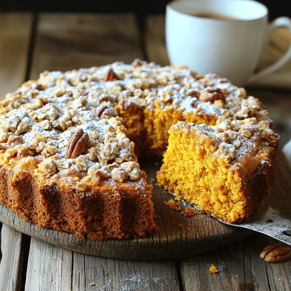 - 1 cup all-purpose flour - 1 cup whole wheat flour - 1 cup pumpkin puree - 1/2 cup granulated sugar - 1/4 cup brown sugar, packed - 1/2 cup unsalted butter, softened - 3 large eggs - 1 teaspoon vanilla extract - 1 teaspoon baking powder - 1 teaspoon baking soda - 1 teaspoon ground cinnamon - 1/2 teaspoon ground nutmeg - 1/2 teaspoon salt - 1/2 cup chopped pecans or walnuts - 1/2 cup all-purpose flour - 1/3 cup brown sugar, packed - 1/2 teaspoon ground cinnamon - 1/4 cup unsalted butter, melted - 1/2 cup rolled oats I love this recipe because it uses simple and fresh ingredients. The pumpkin puree gives the cake a moist texture and earthy flavor. Mixing both all-purpose and whole wheat flour adds depth to the taste. For the streusel topping, I use oats and nuts. This mix adds crunch and richness. You can choose pecans or walnuts, depending on your taste. When you gather these ingredients, you create a cozy treat. If you want to see the full recipe, feel free to check out the recipe section. - Preheat the Oven: Preheat your oven to 350°F (175°C). - Prepare the Cake Pan: Grease a 9-inch round cake pan or line it with parchment paper. - Cream the Butter and Sugars: Combine softened butter, granulated, and brown sugar until light and fluffy. This step gives the cake a good base. - Incorporate Pumpkin and Eggs: Add pumpkin puree and eggs one at a time, mixing well after each. This makes the batter moist. - Combine Dry Ingredients: Whisk all-purpose flour, whole wheat flour, baking powder, baking soda, cinnamon, nutmeg, and salt in a separate bowl. Mixing these dry items first keeps the cake light. - Mix Wet and Dry Ingredients: Gradually add dry ingredients to the wet mixture. Stir until just combined. Don’t overmix, or the cake may be dense. - Prepare and Layer the Streusel: Combine the streusel ingredients in a small bowl. Pour half of the batter into the pan, sprinkle half of the streusel, and then pour the rest of the batter. Finish with the remaining streusel. - Baking: Place the cake in the oven and bake for 35-40 minutes. Check for doneness by inserting a toothpick. If it comes out clean, your cake is ready! For a detailed recipe, refer to the Full Recipe. Enjoy the process of making this delightful treat! - Don’t Overmix: Always mix until just combined for a fluffy cake. This keeps air in the batter. - Use Room Temperature Ingredients: Ensure butter and eggs are at room temperature for better incorporation. This helps create a smooth batter. - Fresh Spices: Use freshly ground spices for a richer taste. Freshly ground cinnamon and nutmeg add warmth. - Room Temperature Pumpkin: Use room temperature pumpkin puree for a smoother batter. Cold pumpkin can make the mixture lumpy. - Check for Doneness: Use a toothpick to check for a clean center. Insert it in the middle; if it comes out clean, the cake is done. - Let It Cool: Cool the cake before slicing for cleaner pieces. If you cut it too soon, it may crumble. These tips can help you make the best Pumpkin Streusel Coffee Cake. For the complete method, check the Full Recipe! {{image_2}} - Gluten-Free Option: Replace wheat flour with a suitable gluten-free blend. This keeps the cake soft and tasty. - Sugar Alternatives: Try coconut sugar or maple syrup for a different sweetness profile. They also add unique flavors. - Add Chocolate Chips: Mix in semi-sweet or dark chocolate chips for added richness. They melt and create pockets of goodness. - Incorporate Dried Fruits: Raisins or cranberries can add a chewy texture. They bring a burst of flavor to each bite. - Serving Temperature: Serve warm or at room temperature, according to preference. Both ways taste great! - Pairing Ideas: Enjoy with whipped cream or a scoop of vanilla ice cream. These options elevate the experience. Try these variations to make your pumpkin streusel coffee cake unique and delightful. For the complete recipe, check the Full Recipe section. - Room Temperature: Store at room temperature for up to 2 days in an airtight container. - Refrigeration: Keep in the fridge for up to one week. You want to keep your Pumpkin Streusel Coffee Cake fresh. Storing it correctly helps maintain its soft texture and rich flavor. If you plan to eat it soon, just leave it on the counter. An airtight container works best to prevent it from drying out. If you have leftovers after two days, it’s best to move them to the fridge. This way, it stays tasty for up to a week. - Freezing Instructions: Wrap slices in plastic wrap and place in a freezer-safe container. - Thawing Method: Thaw overnight in the refrigerator before serving. Freezing is a great option if you want to save some cake for later. First, wrap each slice in plastic wrap. Then, place the slices in a freezer-safe container. This keeps the cake from freezer burn. When you’re ready to enjoy it, just take out a slice and let it thaw overnight in the fridge. It will taste almost as fresh as the day you baked it! - Oven Method: Reheat slices in a preheated oven at 350°F for about 10 minutes. - Microwave Method: Heat individual slices in the microwave for about 15-20 seconds. If you want to enjoy your cake warm, reheating is easy. For the oven, set it to 350°F and place the slices inside for about 10 minutes. This warms the cake evenly. If you’re in a hurry, use the microwave. Heat each slice for 15 to 20 seconds. Either way, you’ll have a delicious treat ready to enjoy again! Yes, fresh pumpkin can be used; make sure it’s pureed and cooked properly. Fresh pumpkin adds a nice flavor and texture. Just cut, steam, and blend it until smooth. Use the same amount as canned pumpkin in the recipe. Yes, using a gluten-free flour blend works well. You can find many good options at stores. Just ensure that the flour blend contains xanthan gum for best results. This will help the cake rise and hold together. Ensure the butter is melted and mixed in thoroughly for a crunchy texture. The melted butter helps bind the streusel. Mix it well with the flour and sugar until you see crumbs. This will give you that perfect crunch. Yes, it can be made a day in advance and stored properly. Let the cake cool completely first. Then wrap it in plastic wrap and store it in the fridge. This will keep it fresh and tasty. Coffee, tea, or a warm spiced chai are excellent choices. The warm flavors of these drinks match perfectly with the pumpkin taste. Try pairing it with your favorite drink for a cozy treat. *Note: Full Recipe for Pumpkin Streusel Coffee Cake is included within the Ingredients and Step-by-Step Instructions sections.* This blog post covers how to make a delightful Pumpkin Streusel Coffee Cake. We explored the key ingredients, step-by-step instructions, and handy tips for success. You learned various ways to customize the recipe and how to store leftovers. Embrace this recipe for its rich flavors and simple steps. Whether you share it with friends or enjoy it alone, this cake brings comfort and joy. Happy baking!