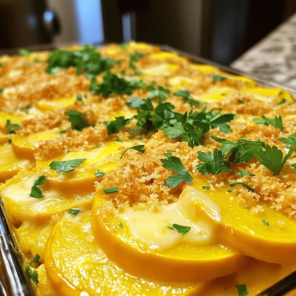 - 4 medium yellow squashes, sliced - 1 medium onion, chopped - 2 cloves garlic, minced - 1 cup shredded cheddar cheese - 1 cup milk - 2 large eggs - 1 teaspoon dried thyme - 1 teaspoon paprika - 1 cup breadcrumbs (preferably seasoned) - 2 tablespoons olive oil - Salt and pepper to taste - Fresh parsley for garnish Gathering these ingredients makes cooking fun and easy. Yellow squash shines in this dish. Pair it with onion and garlic for a savory base. The cheese adds a creamy touch, while milk and eggs bind everything together. Breadcrumbs give a crunchy top, making each bite delightful. Don’t forget to season with thyme and paprika for flavor. Fresh parsley brightens the dish when you serve it. - Casserole dish - Large skillet - Mixing bowl - Measuring cups and spoons - Knife and cutting board You will need a few tools to make this casserole. A casserole dish holds all the goodness while it bakes. A large skillet helps you cook the squash and onion. A mixing bowl combines the egg and cheese mix. Use measuring cups and spoons to get the amounts just right. A knife and cutting board are essential for chopping. For those eager to dive deeper into making this dish, check out the Full Recipe for step-by-step guidance! - Slicing the yellow squash: Start by washing the yellow squashes. Cut off both ends. Slice them into thin rounds, about a quarter-inch thick. This helps them cook evenly. - Chopping the onion: Peel the onion and cut it in half. Then, chop it into small pieces. Aim for uniform pieces for even cooking. - Mince the garlic: Take two cloves of garlic. Remove the skin and finely chop them. This adds great flavor to your dish. - Sautéing the onion and garlic: In a large skillet, pour two tablespoons of olive oil. Heat it over medium heat. Add the chopped onion and cook until it turns soft, about 3-5 minutes. Stir in the minced garlic and cook for one more minute. The aroma will be amazing! - Cooking the yellow squash: Add the sliced yellow squash to the skillet. Season with salt, pepper, and dried thyme. Cook for about 5-7 minutes until the squash is just tender. Turn off the heat and let it cool slightly. - Mixing the egg and cheese base: In a mixing bowl, crack two large eggs. Beat them well. Then, add one cup of milk and paprika. Mix in half of the shredded cheddar cheese. Blend everything together until smooth. - Combining squash with the egg mixture: Gently fold the cooked squash mixture into the egg and cheese base. Make sure everything is well combined. - Layering the casserole: Pour the combined mixture into a greased 2-quart casserole dish. Spread it evenly. Top with the remaining cheddar cheese, then sprinkle breadcrumbs over it for a nice crunch. - Setting the oven temperature: Preheat your oven to 375°F (190°C). This step is key for even baking. - Baking time and indicators for doneness: Place the casserole in the oven and bake for about 25-30 minutes. Look for a golden-brown top and a set center. When done, let it cool for a few minutes. Enjoy the delightful flavors of your cheesy yellow squash casserole! For the full recipe, check out the detailed instructions provided earlier. To cook the squash well, slice it evenly. Thin slices cook faster and blend well. Sauté the squash until just tender. This keeps it from getting mushy in the casserole. To prevent a soggy casserole, avoid overcooking the squash before mixing. Drain any excess liquid after cooking. Use a good amount of breadcrumbs to soak up moisture. Season your dish well. Salt, pepper, and thyme work best. You can also add garlic powder or onion powder for more depth. For cheese variations, try mixing cheddar with mozzarella or gouda. Each cheese adds a unique touch to the flavor. Pair your casserole with a fresh salad or roasted veggies. It makes a great side dish for grilled meats. This cheesy yellow squash casserole is perfect for family dinners or potlucks. It always impresses guests and brings smiles. For the full recipe, check out the detailed instructions. {{image_2}} You can make this dish even more colorful by using different veggies. Try adding zucchini, bell peppers, or carrots. They all blend nicely with yellow squash. You can also add fresh spinach or mushrooms. Spinach adds a nice green touch and boosts nutrients. Mushrooms give a meaty texture and rich flavor. Want to add a little kick? Incorporate meats like crispy bacon or savory sausage. They enhance the taste and make the dish heartier. You can also add spices or herbs. Try Italian seasoning or fresh basil for a fresh twist. A pinch of red pepper flakes can bring some heat, too. If you need a gluten-free dish, just swap the breadcrumbs. Use gluten-free breadcrumbs instead. They work just as well for that crunchy topping. You can also use other binding agents like ground flaxseed mixed with water. It helps hold everything together without gluten. To store your cheesy yellow squash casserole, let it cool first. Then, cover it tightly with plastic wrap or aluminum foil. You can also use an airtight container. Proper storage keeps it fresh and tasty. In the fridge, it lasts about 3 to 4 days. Always check for any signs of spoilage before eating. If you want to freeze the casserole, first cool it completely. Cut it into individual portions for easier thawing later. Wrap each piece tightly in plastic wrap, then place them in a freezer bag. This keeps the flavors locked in. You can freeze it for up to 3 months. To thaw, place the casserole in the fridge overnight. For reheating, use the oven for the best results. Bake at 350°F (175°C) until heated through, about 20 to 30 minutes. This way, you enjoy a warm, cheesy dish just like fresh! You can prep this dish the night before. Slice the squash, chop the onion, and mince the garlic. Cook the onion and garlic, then mix them with the squash. Combine the egg and cheese mixture and fold it in. Cover the dish and store it in the fridge overnight. Bake it fresh the next day for a warm, savory meal. Yes, you can! Zucchini works well as a substitute. Butternut squash also adds a nice flavor and texture. Just keep the same cooking times in mind. Experiment with different squashes to find what you like best. This casserole pairs well with grilled chicken or fish. A fresh green salad adds a nice crunch. You can also serve it with rice or crusty bread to soak up the cheesy goodness. Yes, it is! To freeze, let it cool completely. Wrap it tightly in plastic wrap and foil. It can last up to three months in the freezer. To reheat, thaw it in the fridge overnight and bake until hot. For the full recipe and detailed instructions, check out the Cheesy Yellow Squash Casserole recipe. This blog post covers everything you need for making Cheesy Yellow Squash Casserole. You learned about the right ingredients, how to prep them, and the steps for cooking. We shared tips for texture, flavor, and serving ideas. Variations help you customize your dish, and the storage info ensures your leftovers stay fresh. Create your own casserole masterpiece with the techniques shared. Enjoy cooking!