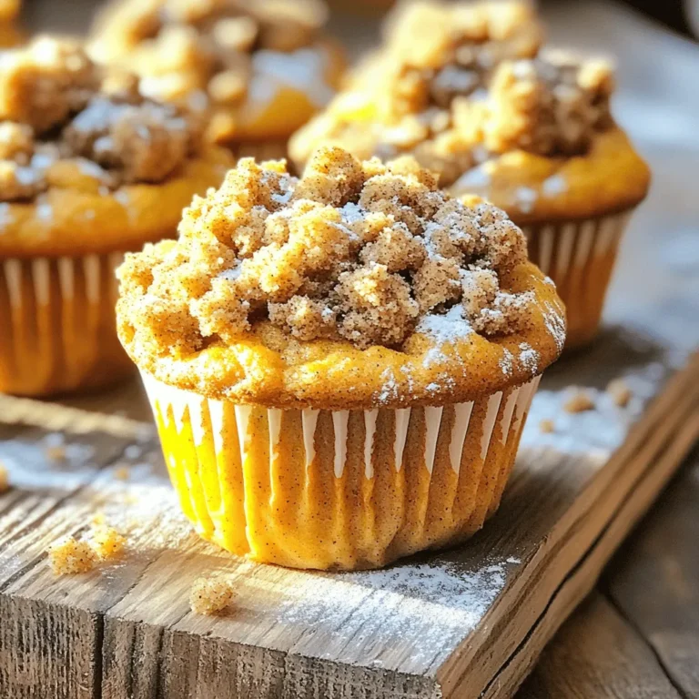 To make the perfect Pumpkin Crumb Cake Muffins, gather these essential items: - 1 cup pumpkin puree (canned or homemade) - 1/2 cup vegetable oil - 3/4 cup brown sugar - 1/4 cup granulated sugar - 2 large eggs - 1 teaspoon vanilla extract - 1 1/2 cups all-purpose flour - 1 teaspoon baking powder - 1 teaspoon baking soda - 1 teaspoon ground cinnamon - 1/2 teaspoon ground nutmeg - 1/2 teaspoon ground ginger - 1/4 teaspoon salt For the crumb topping, you will need: - 1/2 cup all-purpose flour - 1/4 cup granulated sugar - 1/4 cup brown sugar - 1/2 teaspoon ground cinnamon - 1/4 cup unsalted butter, melted If you need substitutes for common allergens, here are a few options: - Use applesauce instead of oil for a lower-fat option. - Substitute gluten-free flour for regular flour. - Opt for a dairy-free butter for the crumb topping. - Replace eggs with flaxseed meal mixed with water for a vegan option. Prepping the oven and muffin tin First, I preheat the oven to 350°F (175°C). This ensures the muffins bake evenly. Next, I line the muffin tin with paper liners or grease it with non-stick spray. This step helps the muffins slide out easily after baking. Making the pumpkin batter In a large bowl, I mix the pumpkin puree, vegetable oil, brown sugar, and granulated sugar. I whisk it until the mixture is smooth. Then, I add the eggs and vanilla extract. I mix well to blend everything together. In another bowl, I whisk the flour, baking powder, baking soda, cinnamon, nutmeg, ginger, and salt. I slowly add this dry mix to the wet ingredients, stirring gently until just combined. It's key not to overmix here; lumpy is just fine! Creating the crumb topping For the crumb topping, I take a small bowl and mix together flour, granulated sugar, brown sugar, cinnamon, and melted butter. I stir until it looks crumbly. This will add a sweet crunch on top of the muffins. Filling the muffin cups Now, I fill each muffin cup about two-thirds full with the pumpkin batter. I sprinkle the crumb topping generously over each muffin. This ensures every bite has that crunchy sweetness. Baking time and temperature I bake the muffins in the preheated oven for 18 to 20 minutes. The muffins are done when a toothpick inserted in the center comes out clean. Checking for doneness and cooling tips After baking, I let the muffins cool in the pan for about five minutes. Then, I transfer them to a wire rack to cool completely. This helps them stay moist and fluffy. How to avoid overmixing the batter To keep your muffins light, mix gently. When you add dry ingredients to wet, stir until you see no dry flour. Stop mixing once everything combines. Overmixing makes muffins tough. Ensuring perfect crumb texture every time A great crumb comes from the right balance of wet and dry. Use a kitchen scale for accurate measurements. This helps you get the same texture each time. The batter should be thick but pourable. Tips for optimum baking time adjustments Ovens can vary. Start checking your muffins at the lower end of the time range. Use a toothpick to test for doneness. If it comes out clean, they’re done. If not, give them a few more minutes. Ideal pairings for Pumpkin Crumb Cake Muffins These muffins pair well with cream cheese or whipped cream. You can also enjoy them with a dollop of apple butter. A sprinkle of chopped nuts adds a nice crunch. Decorative presentation ideas For a fun touch, dust muffins with powdered sugar. Place them on a colorful platter. You can also add small decorative leaves or pumpkins for a seasonal look. Recommended beverages to serve Enjoy these muffins with hot coffee or tea. A spiced chai or apple cider is also a great match. These drinks enhance the flavors of the pumpkin and spices. {{image_2}} You can change the flavor of these muffins easily. Adding chocolate chips gives a sweet twist. I love using semi-sweet or dark chocolate. If you prefer a nutty taste, add walnuts or pecans. They add crunch and flavor. Try different spices too! Allspice gives a warm flavor, while cloves add a nice kick. You can mix cinnamon and nutmeg for a cozy taste. For a healthier version, use applesauce instead of some oil. This keeps muffins moist without extra fat. If you need a gluten-free option, swap the all-purpose flour for a gluten-free blend. Many brands work well in baking. Just check that it includes xanthan gum for the best texture. For a dairy-free crumb topping, replace the butter with coconut oil or a dairy-free spread. This keeps the crumb crunchy and tasty. You can also use almond milk in the muffin batter instead of regular milk. If you're cutting sugar, use a sugar substitute. Stevia or monk fruit can work well. You may need to adjust the amount, so read the package for guidance. These changes will help you enjoy Pumpkin Crumb Cake Muffins while meeting your dietary needs. To keep your Pumpkin Crumb Cake Muffins fresh, store them in an airtight container. This helps them stay moist and flavorful. You can also wrap each muffin in plastic wrap. This extra layer keeps air out. For best results, use a sealed glass or plastic container. Avoid metal containers, as they can change the muffin's taste over time. Store them at room temperature for up to three days. If you want to keep them longer, freezing is a great option. To freeze your muffins, place them in a freezer-safe bag. Remove as much air as you can before sealing. Label the bag with the date. They can last up to three months in the freezer without losing flavor. When it's time to enjoy your muffins again, reheating them is simple. The best method is to use a microwave. Place a muffin on a plate and cover it with a damp paper towel. Heat for about 15 seconds. Check to see if it's warmed through. If not, heat in 10-second intervals. You can also use an oven for reheating. Preheat the oven to 350°F (175°C). Place the muffins on a baking sheet and cover them with foil. Heat for about 10-15 minutes. This method keeps them moist and fluffy. Enjoy your muffins warm, with all their delightful flavor! Can I use fresh pumpkin instead of canned? Yes, you can use fresh pumpkin. Just cook and puree it first. The taste will be great! Should the muffins be refrigerated? No need to refrigerate them. Just keep them at room temperature in a sealed container. How long do these muffins last at room temperature? They will stay fresh for about 3 to 5 days. Enjoy them while they’re soft and tasty! Why are my muffins too dense? Dense muffins may happen if you overmix the batter. Mix gently until just combined. What if my crumb topping doesn't hold together? If the topping crumbles too much, add a bit more melted butter. It helps bind the mix. How can I enhance the flavor further? Try adding nuts or chocolate chips. You can also mix in extra spices like cloves or allspice. In this post, we explored how to make delicious Pumpkin Crumb Cake Muffins. We covered essential ingredients and step-by-step instructions. I shared tips for perfect muffins and ideas for fun variations. Proper storage and reheating methods helped keep them fresh. Remember, baking is about personal touch and fun! Experimenting will make your muffins unique. Enjoy the process, and savor every bite of your tasty creation. Happy baking!
