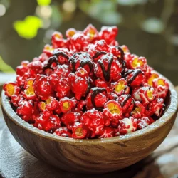 - 1 cup popcorn kernels (about 8 cups popped) - 1/2 cup unsweetened cocoa powder - 1 cup powdered sugar - 1/4 cup butter (melted) - 1/2 teaspoon sea salt - 2 tablespoons red food coloring - 1 teaspoon vanilla extract - 1/2 cup dark chocolate chips (optional for drizzling) You can swap popcorn kernels for pre-popped popcorn. Just adjust the cocoa and sugar. For cocoa powder, you can use carob powder for a different taste. If you want a healthier sweetener, try maple syrup instead of powdered sugar. You may replace butter with coconut oil for a vegan option. If you don’t have red food coloring, use beet juice. Using quality ingredients makes a big difference. Fresh popcorn kernels pop better and taste great. Pure cocoa powder gives rich flavor, while fresh sugar adds sweetness. Good butter or oil helps the coating stick. Quality food coloring gives a vibrant color that looks great. Always choose the best for the best results! 1. Pop the Popcorn: Start by popping 1 cup of popcorn kernels. Use an air popper for best results. If you don't have one, the stovetop method works too. Make sure all kernels pop. Place the popped corn in a large bowl. 2. Mix the Coating: In a different bowl, mix 1/2 cup of unsweetened cocoa powder, 1 cup of powdered sugar, and 1/2 teaspoon of sea salt. Stir these dry ingredients well. This blend gives the popcorn its unique taste. 3. Prepare the Wet Mixture: In a small bowl, take 1/4 cup of melted butter. Add 2 tablespoons of red food coloring and 1 teaspoon of vanilla extract. Mix until everything combines nicely. 4. Coat the Popcorn: Drizzle the red mixture over the popcorn in the big bowl. Toss the popcorn gently with your hands or a spatula. Make sure each kernel gets a nice coat of color. 5. Add Cocoa Mixture: Slowly sprinkle the cocoa mix over the popcorn. Keep tossing the popcorn so that each piece gets covered. This step is key for flavor and looks. 6. Optional Chocolate Drizzle: If you want an extra treat, melt 1/2 cup of dark chocolate chips. Do this in the microwave in 30-second bursts. Stir well between each round. Drizzle the smooth chocolate over your popcorn. 7. Set and Cool: Spread the coated popcorn on a baking sheet lined with parchment paper. Let it cool and set for about 15 minutes. This helps the flavors mix and stick. 8. Serve: After cooling, break apart any clumps. Serve the popcorn in bowls or package it in bags. It's perfect for parties or as gifts. - Air popper or stovetop pot - Large mixing bowl - Small mixing bowl - Spatula or your hands for tossing - Baking sheet - Parchment paper - Unpopped Kernels: Always check for unpopped kernels. They can ruin the fun. - Overmixing: Be gentle when tossing the popcorn. Overmixing breaks the popcorn. - Too Much Food Coloring: Stick to the recipe for food coloring. Too much can affect flavor. - Not Cooling: Give the popcorn time to cool. This lets the coating set well. To get great flavor, use fresh popcorn kernels. Air-popped popcorn gives the best crunch. For a richer taste, melt the butter just right. Mix it well with food coloring and vanilla. This blend adds depth to your popcorn. Don't rush when coating. Toss gently to cover every kernel. If you add dark chocolate, melt it slowly to avoid burning. Drizzle it evenly for a nice finish. Letting it cool helps set the flavors. For a fun presentation, use clear cups or bags. This shows off the vibrant red color. You can use cute labels or stickers on bags for gifts. Serve popcorn in a big bowl for sharing. Adding some spooky decorations can make it festive. Think Halloween themes or parties! You can even sprinkle some edible glitter for a magical touch. Pair this popcorn with soda for a classic match. A rich hot chocolate works great too. If you want something different, try it with a cold brew coffee. For a savory balance, serve with cheese cubes or crackers. This combination will surprise your guests. Each bite of popcorn mixed with a sip is a delight! {{image_2}} You can play with flavors in Bloody Red Velvet Popcorn. Try adding different extracts. Almond or mint extract can add a unique twist. You can also use flavored popcorn salt. Look for options like caramel or chocolate. This helps create a fun taste experience. Toppings can change the game for this popcorn. You might like adding crushed nuts. Walnuts or pecans can add crunch. Dried fruit like cranberries or cherries can give a sweet touch. For more chocolate flavor, sprinkle mini chocolate chips on top. Drizzle caramel sauce for an extra sweet kick. Seasonal themes can make this treat more festive. For Halloween, add spooky sprinkles or candy corn. During Christmas, mix in crushed candy canes for a minty flavor. For Valentine’s Day, consider heart-shaped sprinkles or chocolate-covered strawberries. Each season brings a new chance to be creative with flavors and colors. To keep your Bloody Red Velvet Popcorn fresh, store it in an airtight container. This will prevent air from making it stale. If you don’t have one, use a resealable plastic bag. Make sure to squeeze out as much air as possible before sealing. Keep the container in a cool, dry place. Avoid direct sunlight, which can fade the color and flavor. When stored properly, your Bloody Red Velvet Popcorn can last up to one week. If you notice any soft or chewy pieces, it’s time to toss them out. To keep its crunch, try to eat it within a few days. Fresh popcorn always tastes best! If your popcorn loses its crunch, you can revive it. Preheat your oven to 250°F (120°C). Spread the popcorn on a baking sheet in a single layer. Heat it for about 5 minutes. This will help restore its crispy texture. Avoid microwaving, as that can make it soggy. Enjoy your treat as if it were just made! Bloody Red Velvet Popcorn is a fun snack. It mixes the taste of chocolate with sweet popcorn. You pop the corn and coat it in a mix of cocoa, sugar, and butter. Then, you add red food coloring for that striking look. The result is a treat that looks festive and tastes great. It’s perfect for parties or movie nights. Yes, you can make Bloody Red Velvet Popcorn ahead of time. Just store it in an airtight container. This keeps it fresh and crunchy. I suggest making it a day before your event. This way, you avoid any last-minute rush. Just remember to let it cool completely before storing. You can skip the food coloring if you want. The popcorn will still taste good. It won’t have that bright red color, but the cocoa and sugar will add flavor. If you want a twist, you can use beet juice for color. This keeps the treat natural and adds a slight sweetness. In this blog post, I covered everything about Bloody Red Velvet Popcorn, from ingredients to storage. I explained how to make it, common mistakes, and tips for the best flavor. With various flavor options and presentation ideas, you can get creative. Remember, using quality ingredients makes a big difference. Proper storage keeps your popcorn fresh for longer. By following these steps, you can enjoy a fun treat that wows your guests. Enjoy making and sharing this spooky snack!