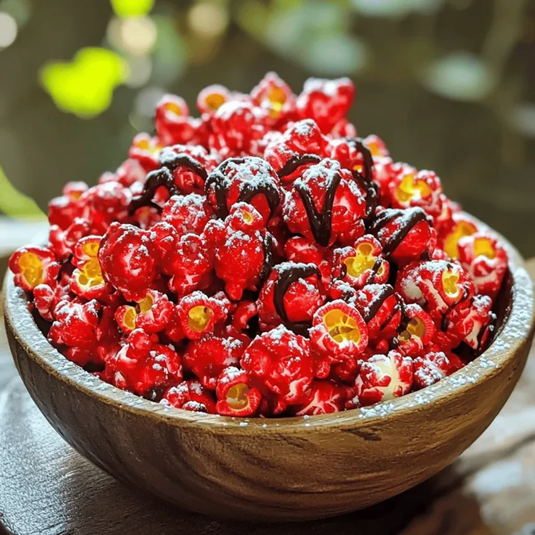 - 1 cup popcorn kernels (about 8 cups popped) - 1/2 cup unsweetened cocoa powder - 1 cup powdered sugar - 1/4 cup butter (melted) - 1/2 teaspoon sea salt - 2 tablespoons red food coloring - 1 teaspoon vanilla extract - 1/2 cup dark chocolate chips (optional for drizzling) You can swap popcorn kernels for pre-popped popcorn. Just adjust the cocoa and sugar. For cocoa powder, you can use carob powder for a different taste. If you want a healthier sweetener, try maple syrup instead of powdered sugar. You may replace butter with coconut oil for a vegan option. If you don’t have red food coloring, use beet juice. Using quality ingredients makes a big difference. Fresh popcorn kernels pop better and taste great. Pure cocoa powder gives rich flavor, while fresh sugar adds sweetness. Good butter or oil helps the coating stick. Quality food coloring gives a vibrant color that looks great. Always choose the best for the best results! 1. Pop the Popcorn: Start by popping 1 cup of popcorn kernels. Use an air popper for best results. If you don't have one, the stovetop method works too. Make sure all kernels pop. Place the popped corn in a large bowl. 2. Mix the Coating: In a different bowl, mix 1/2 cup of unsweetened cocoa powder, 1 cup of powdered sugar, and 1/2 teaspoon of sea salt. Stir these dry ingredients well. This blend gives the popcorn its unique taste. 3. Prepare the Wet Mixture: In a small bowl, take 1/4 cup of melted butter. Add 2 tablespoons of red food coloring and 1 teaspoon of vanilla extract. Mix until everything combines nicely. 4. Coat the Popcorn: Drizzle the red mixture over the popcorn in the big bowl. Toss the popcorn gently with your hands or a spatula. Make sure each kernel gets a nice coat of color. 5. Add Cocoa Mixture: Slowly sprinkle the cocoa mix over the popcorn. Keep tossing the popcorn so that each piece gets covered. This step is key for flavor and looks. 6. Optional Chocolate Drizzle: If you want an extra treat, melt 1/2 cup of dark chocolate chips. Do this in the microwave in 30-second bursts. Stir well between each round. Drizzle the smooth chocolate over your popcorn. 7. Set and Cool: Spread the coated popcorn on a baking sheet lined with parchment paper. Let it cool and set for about 15 minutes. This helps the flavors mix and stick. 8. Serve: After cooling, break apart any clumps. Serve the popcorn in bowls or package it in bags. It's perfect for parties or as gifts. - Air popper or stovetop pot - Large mixing bowl - Small mixing bowl - Spatula or your hands for tossing - Baking sheet - Parchment paper - Unpopped Kernels: Always check for unpopped kernels. They can ruin the fun. - Overmixing: Be gentle when tossing the popcorn. Overmixing breaks the popcorn. - Too Much Food Coloring: Stick to the recipe for food coloring. Too much can affect flavor. - Not Cooling: Give the popcorn time to cool. This lets the coating set well. To get great flavor, use fresh popcorn kernels. Air-popped popcorn gives the best crunch. For a richer taste, melt the butter just right. Mix it well with food coloring and vanilla. This blend adds depth to your popcorn. Don't rush when coating. Toss gently to cover every kernel. If you add dark chocolate, melt it slowly to avoid burning. Drizzle it evenly for a nice finish. Letting it cool helps set the flavors. For a fun presentation, use clear cups or bags. This shows off the vibrant red color. You can use cute labels or stickers on bags for gifts. Serve popcorn in a big bowl for sharing. Adding some spooky decorations can make it festive. Think Halloween themes or parties! You can even sprinkle some edible glitter for a magical touch. Pair this popcorn with soda for a classic match. A rich hot chocolate works great too. If you want something different, try it with a cold brew coffee. For a savory balance, serve with cheese cubes or crackers. This combination will surprise your guests. Each bite of popcorn mixed with a sip is a delight! {{image_2}} You can play with flavors in Bloody Red Velvet Popcorn. Try adding different extracts. Almond or mint extract can add a unique twist. You can also use flavored popcorn salt. Look for options like caramel or chocolate. This helps create a fun taste experience. Toppings can change the game for this popcorn. You might like adding crushed nuts. Walnuts or pecans can add crunch. Dried fruit like cranberries or cherries can give a sweet touch. For more chocolate flavor, sprinkle mini chocolate chips on top. Drizzle caramel sauce for an extra sweet kick. Seasonal themes can make this treat more festive. For Halloween, add spooky sprinkles or candy corn. During Christmas, mix in crushed candy canes for a minty flavor. For Valentine’s Day, consider heart-shaped sprinkles or chocolate-covered strawberries. Each season brings a new chance to be creative with flavors and colors. To keep your Bloody Red Velvet Popcorn fresh, store it in an airtight container. This will prevent air from making it stale. If you don’t have one, use a resealable plastic bag. Make sure to squeeze out as much air as possible before sealing. Keep the container in a cool, dry place. Avoid direct sunlight, which can fade the color and flavor. When stored properly, your Bloody Red Velvet Popcorn can last up to one week. If you notice any soft or chewy pieces, it’s time to toss them out. To keep its crunch, try to eat it within a few days. Fresh popcorn always tastes best! If your popcorn loses its crunch, you can revive it. Preheat your oven to 250°F (120°C). Spread the popcorn on a baking sheet in a single layer. Heat it for about 5 minutes. This will help restore its crispy texture. Avoid microwaving, as that can make it soggy. Enjoy your treat as if it were just made! Bloody Red Velvet Popcorn is a fun snack. It mixes the taste of chocolate with sweet popcorn. You pop the corn and coat it in a mix of cocoa, sugar, and butter. Then, you add red food coloring for that striking look. The result is a treat that looks festive and tastes great. It’s perfect for parties or movie nights. Yes, you can make Bloody Red Velvet Popcorn ahead of time. Just store it in an airtight container. This keeps it fresh and crunchy. I suggest making it a day before your event. This way, you avoid any last-minute rush. Just remember to let it cool completely before storing. You can skip the food coloring if you want. The popcorn will still taste good. It won’t have that bright red color, but the cocoa and sugar will add flavor. If you want a twist, you can use beet juice for color. This keeps the treat natural and adds a slight sweetness. In this blog post, I covered everything about Bloody Red Velvet Popcorn, from ingredients to storage. I explained how to make it, common mistakes, and tips for the best flavor. With various flavor options and presentation ideas, you can get creative. Remember, using quality ingredients makes a big difference. Proper storage keeps your popcorn fresh for longer. By following these steps, you can enjoy a fun treat that wows your guests. Enjoy making and sharing this spooky snack!