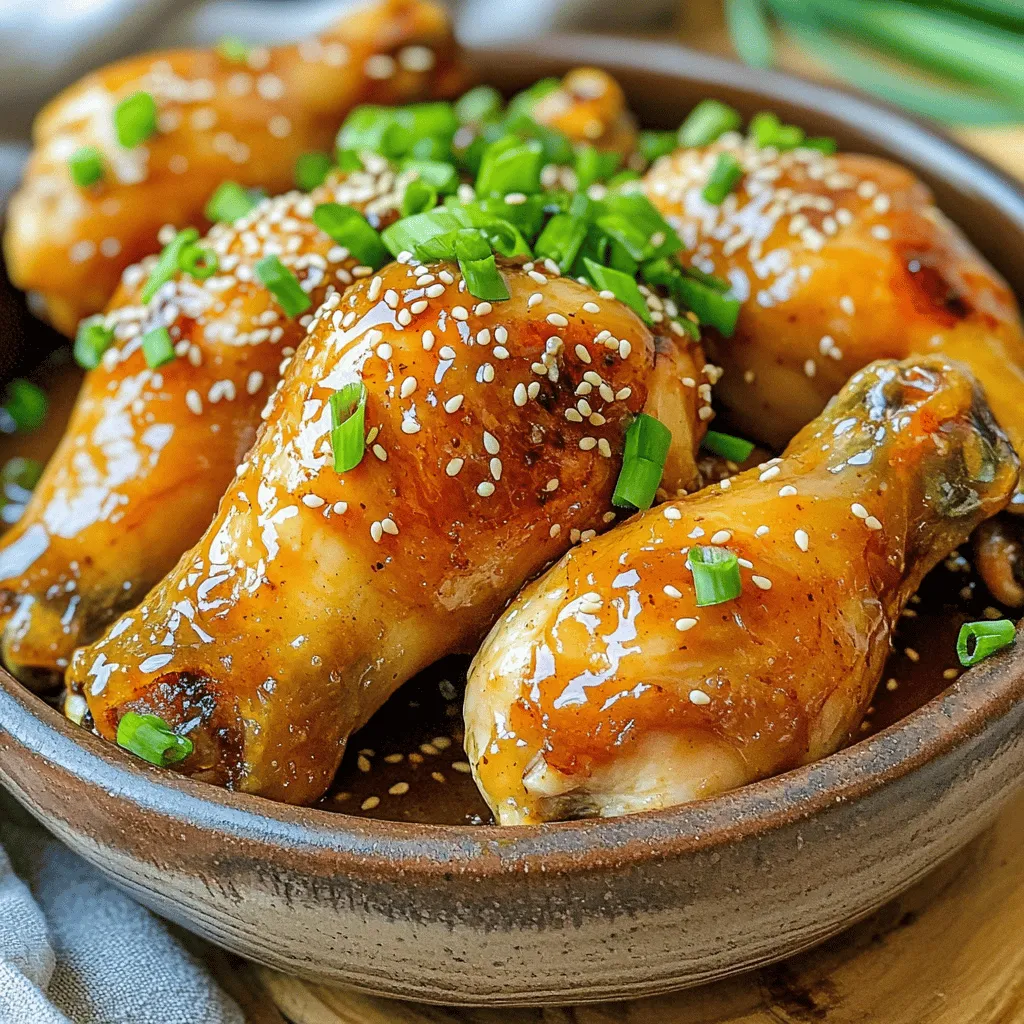 For Slow Cooker Honey Garlic Chicken Drumsticks, you need: - 10 chicken drumsticks - 1/2 cup honey - 1/4 cup low sodium soy sauce - 4 cloves garlic, minced - 1 tablespoon fresh ginger, grated - 2 tablespoons apple cider vinegar - 1 teaspoon sesame oil - 1/2 teaspoon black pepper - 1/2 teaspoon red pepper flakes (optional for heat) - 2 green onions, chopped for garnish - Sesame seeds for garnish If you need to swap ingredients, here are some ideas: - Use maple syrup instead of honey for a different sweet flavor. - Coconut aminos can replace soy sauce for a gluten-free option. - Ground ginger can work if you don’t have fresh ginger. - Use rice vinegar instead of apple cider vinegar for a milder taste. - Olive oil can substitute for sesame oil if that’s what you have. To make your dish pop, consider these garnishes: - Chopped cilantro adds freshness. - Sliced red chili peppers give a nice kick. - Drizzle with extra honey for added sweetness. - Toasted sesame seeds bring out a nutty flavor. 1. Start by whisking together the honey, soy sauce, minced garlic, grated ginger, apple cider vinegar, sesame oil, black pepper, and red pepper flakes in a medium bowl. Mix until it’s smooth. 2. Place the chicken drumsticks in your slow cooker. Try to arrange them in a single layer if you can. 3. Pour the honey garlic mixture over the drumsticks. Make sure each piece is well-coated. 4. Cover the slow cooker. Cook on low for 6 hours or high for 3 hours. The chicken should be tender and cooked through. 5. When cooking time is up, carefully take the drumsticks out of the slow cooker and set them aside. 6. For a thicker sauce, pour the leftover sauce into a small saucepan. Bring it to a simmer over medium heat. Let it reduce for about 5-10 minutes, stirring now and then. 7. Return the drumsticks to the slow cooker. Drizzle the thickened sauce over them and toss gently to coat. 8. Serve the drumsticks hot, garnished with chopped green onions and sesame seeds. - Use low-sodium soy sauce to keep the dish balanced. - For extra flavor, let the chicken marinate in the sauce overnight. - If you want more heat, add more red pepper flakes. - Always check if the chicken is fully cooked using a meat thermometer. It should read 165°F. - If you like a crunch, broil the drumsticks for a few minutes after cooking. - If the chicken is dry, it may have cooked too long. Try cooking on low next time. - If the sauce is too thin, simmer it longer to thicken it. - If the drumsticks stick to the bottom, add a little more liquid next time. - If the flavor is too sweet, add a splash more vinegar to balance it out. - If you want a richer taste, try adding a bit of hoisin sauce next time. To get tender chicken, choose fresh drumsticks. Fresh meat cooks better than frozen. Marinate the chicken in the honey garlic sauce for at least 30 minutes before cooking. This helps the flavors soak in. During cooking, keep the lid on the slow cooker. This traps steam, making the chicken juicy and tender. If you want extra tenderness, cook on low heat. Low heat allows the chicken to cook slowly and break down. You can cook the drumsticks on low for 6 hours or high for 3 hours. Both ways work well. Cooking on low gives you more tender chicken. If you're short on time, high heat still makes a tasty meal. Just make sure to check the chicken for doneness. It should reach an internal temperature of 165°F. Use a meat thermometer for best results. For added flavor, try these tips. Use fresh herbs like cilantro or basil. Toss them in during the last hour of cooking. You can also add a splash of orange juice for a citrus twist. If you like heat, increase the red pepper flakes. Adding chopped vegetables, like bell peppers or carrots, can add depth. They will soak up the sauce and taste great too. Don't forget to drizzle the thickened sauce over the chicken before serving. It makes each bite even better! {{image_2}} You can adjust the spice level in this dish. If you like heat, add more red pepper flakes. Start with one teaspoon for a nice kick. For less heat, skip the flakes or use just a pinch. You can also add other spices like paprika or cayenne for more flavor. This lets you control how spicy your chicken turns out. You can cook honey garlic chicken drumsticks in many ways. If you don’t have a slow cooker, use an oven. Preheat it to 375°F. Place the drumsticks on a baking tray. Pour the honey garlic sauce over them. Bake for 35-40 minutes, turning once. You can also grill them for a smoky flavor. Cook them over medium heat for about 25-30 minutes, turning often. Want to try something different? You can swap chicken for other proteins. Use chicken thighs or wings for a tasty twist. For a lighter option, use turkey drumsticks. If you're vegetarian, try tofu or tempeh. Simply marinate them in the honey garlic sauce and cook the same way. Each option brings a new flavor to the dish. After enjoying your honey garlic chicken drumsticks, store leftovers safely. First, let them cool down to room temperature. Then, place them in an airtight container. This helps keep them fresh. You can store them in the fridge for up to three days. Make sure to label the container. This way, you won't forget when you made them! If you want to save leftovers for later, freezing is a great option. Wrap each drumstick tightly in plastic wrap. Then, place them in a freezer-safe bag. Squeeze out as much air as possible before sealing. You can freeze them for up to three months. When you’re ready, just thaw them in the fridge overnight. To reheat your drumsticks, it’s best to use the oven. Preheat it to 375°F (190°C). Place the drumsticks on a baking sheet. Cover them with foil to keep them moist. Heat for about 15-20 minutes. You can also use a microwave. Heat them for 1-2 minutes, checking often. Make sure they are hot all the way through before serving. Yes, you can use chicken thighs. They will give a richer taste. The cooking time remains the same. Just ensure they are skinless for less fat. Bone-in thighs work well too. Just like drumsticks, they absorb the honey garlic sauce nicely. The chicken is done when it reaches 165°F. Use a meat thermometer for best results. The meat should be tender and pull away from the bone easily. If you don’t have a thermometer, cut into the thickest part. The meat should be white, not pink. These drumsticks pair well with rice or noodles. You could also serve them with steamed broccoli or green beans. A fresh salad adds a nice crunch. For a fun twist, try them in a wrap with veggies. Don’t forget to drizzle extra sauce on top! In this post, we covered key ingredients and important cooking steps for honey garlic chicken drumsticks. We discussed handy tips for tender meat and different spice levels. You also learned proper storage methods and answers to common questions. Cooking is fun, and with these ideas, you can create your own tasty meals. Experiment with flavors, try new ingredients, and enjoy your time in the kitchen!