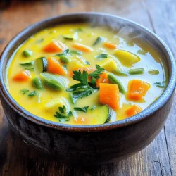 To make this soup, you need some key items. Here’s what you’ll need: - 2 tablespoons olive oil - 1 medium onion, diced - 2 garlic cloves, minced - 2 medium carrots, diced - 2 celery stalks, diced - 1 medium potato, peeled and diced - 1 zucchini, diced - 1 cup green beans, chopped - 4 cups vegetable broth - 1 cup heavy cream or coconut milk - 1 teaspoon dried thyme - 1 teaspoon dried basil - Salt and pepper to taste - Fresh parsley for garnish These ingredients create a rich and creamy base for your soup. If you want to switch things up, you can use different options for cream and broth. For a lighter soup, try low-fat milk or almond milk. If you prefer a vegan option, choose coconut milk as it adds a nice flavor. For the broth, vegetable stock works great. You can also make your own broth from vegetable scraps. This adds extra taste and is eco-friendly. Garnishes make your soup look and taste better. Fresh parsley adds a pop of color. You can also use croutons for crunch. A sprinkle of chili flakes gives a spicy kick. If you like cheese, add some grated parmesan on top. These simple additions can elevate your soup to a new level. To make the best creamy vegetable soup, start with fresh ingredients. Gather your tools: a large pot and a sturdy knife. Dice the onion, carrots, and celery into small pieces. This helps them cook evenly. Mince the garlic finely to release its strong flavor. Peel and dice the potato and zucchini. Chop the green beans into smaller bits. Having everything ready will speed up your cooking process. Heat two tablespoons of olive oil in your large pot over medium heat. Add the diced onion and cook for about three to four minutes. Stir often until the onion softens. Next, add the minced garlic and cook for one more minute. Then, toss in the diced carrots and celery. Stir them around and let them cook for five minutes. After that, add the potato and zucchini. Cook for three more minutes. Pour in four cups of vegetable broth and add the chopped green beans, dried thyme, and dried basil. Bring the mixture to a boil. Lower the heat and let it simmer for 15 to 20 minutes. You want all the vegetables to become tender. Once your soup is ready, use an immersion blender to blend it until smooth. This tool is great because you can blend right in the pot. If you don't have one, pour the soup into a regular blender in batches. Be careful with hot soup! After blending, stir in one cup of heavy cream or coconut milk. This adds that lovely creaminess. Finally, season with salt and pepper to your taste. Heat for an additional five minutes. Your soup is now ready to serve! To boost flavor, use fresh herbs when you can. Fresh parsley adds a bright touch. Dried thyme and basil work well too. Add them early in the cooking for deep flavor. Try a pinch of red pepper flakes for warmth. Balance the spices to make the soup sing. Cut vegetables into similar sizes for even cooking. This ensures that all pieces cook at the same time. Sautéing them first helps develop their natural sweetness. Use medium heat to avoid browning too fast. Simmering allows the flavors to blend and the veggies to soften just right. Prep all your ingredients before cooking. Dice the onion, garlic, and veggies ahead of time. This makes the cooking process smoother and faster. Keep everything organized in bowls or containers. It’ll help you focus on the fun of cooking instead of scrambling for ingredients. {{image_2}} You can make this soup more filling by adding protein. Cooked chicken or turkey works well. Simply shred or dice the meat and stir it in before serving. If you prefer plant-based options, try adding cooked lentils or chickpeas. Both options add flavor and texture. Using seasonal vegetables makes your soup taste fresh and vibrant. In spring, try asparagus or peas. Summer brings zucchini and tomatoes. In fall, use squash or sweet potatoes. Each season offers unique flavors to enhance your soup. Just chop them up and add them when the recipe calls for veggies. If you want a vegan option, swap heavy cream for coconut milk. Coconut milk adds a creamy texture and subtle sweetness. For added flavor, use vegetable broth instead of chicken broth. Make sure to check labels for dairy-free options. You can still enjoy a rich, creamy soup without dairy! To keep your One Pot Creamy Vegetable Soup fresh, let it cool first. Once cooled, transfer the soup to an airtight container. You can store it in the fridge for up to three days. Label the container with the date so you can track its freshness. Avoid leaving it out at room temperature for more than two hours. This helps prevent bacteria growth. When you’re ready to enjoy your leftover soup, pour it into a pot. Heat it over medium heat on the stove. Stir it often to avoid sticking. You can also reheat it in the microwave. Use a microwave-safe bowl and cover it loosely. Heat in short bursts of two minutes, stirring in between. This keeps the soup creamy and tasty. If you want to keep the soup longer, freezing is a great option. Let the soup cool completely. Then, pour it into freezer-safe bags or containers. Leave some space at the top, as the soup will expand when frozen. Be sure to label the bags with the date. You can freeze it for up to three months. To thaw, place it in the fridge overnight before reheating. Yes, you can make this soup ahead of time. It tastes great after a day in the fridge. The flavors mix and get richer. Just store it in an airtight container. When you are ready to eat, heat it up on the stove. To reheat the soup, pour it into a pot. Heat it over medium heat. Stir it often until it gets hot. You can also use a microwave. Just use a microwave-safe bowl and heat in short bursts. Stir between each burst to ensure even heating. Absolutely! Frozen vegetables work well in this soup. They are quick and easy to use. You can skip the chopping step. Just add them to the pot when the recipe calls for fresh veggies. Cook them until they are tender, just like the fresh ones. You now know how to make a delicious one pot creamy vegetable soup. We explored the essential ingredients, cooking steps, and tips to boost flavor. You can even customize it with different proteins, vegetables, or vegan options. Remember to store leftovers properly for the best taste later. Enjoy this comforting dish any day of the week. It is easy and fun to make, perfect for sharing with others. Dive in and start cooking!