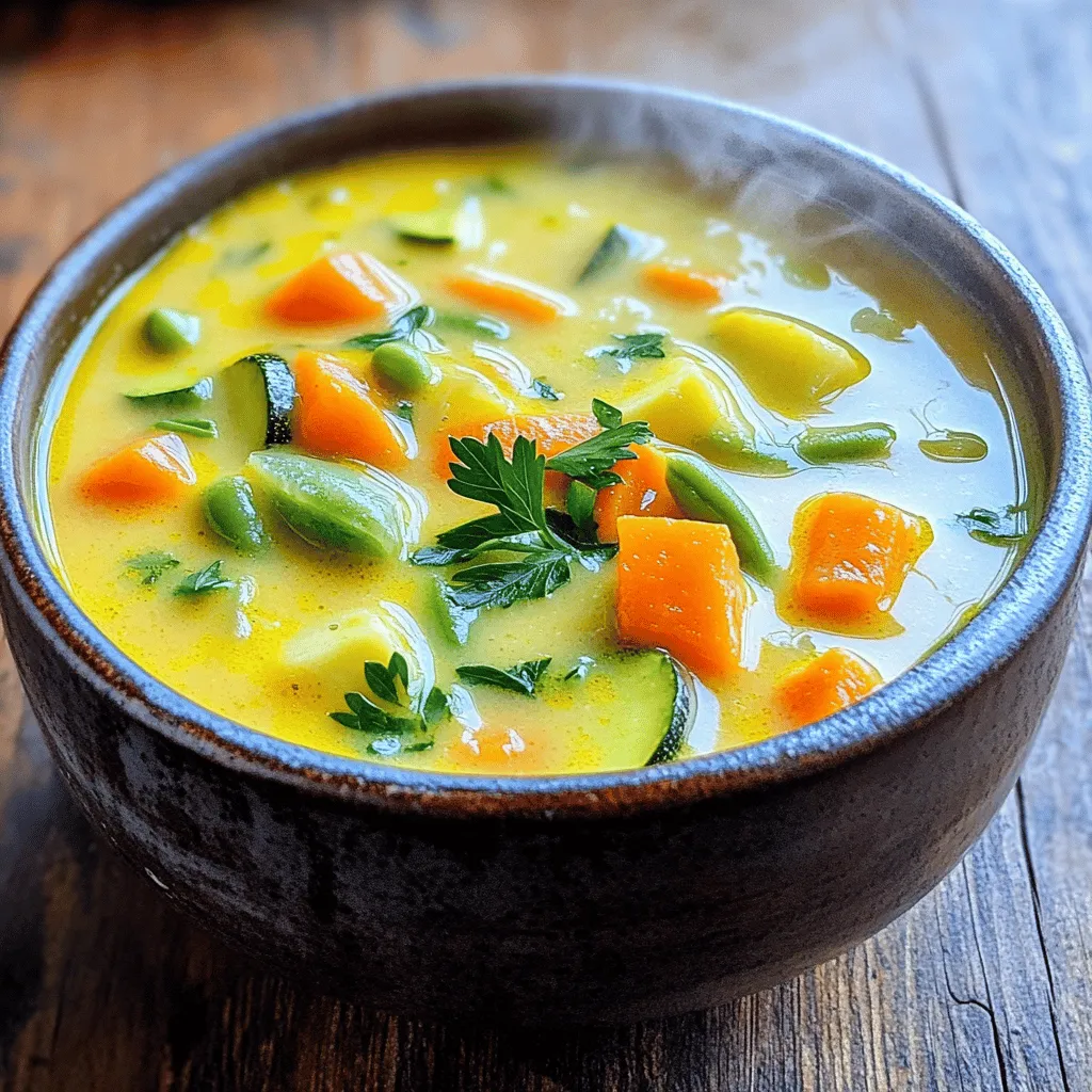 To make this soup, you need some key items. Here’s what you’ll need: - 2 tablespoons olive oil - 1 medium onion, diced - 2 garlic cloves, minced - 2 medium carrots, diced - 2 celery stalks, diced - 1 medium potato, peeled and diced - 1 zucchini, diced - 1 cup green beans, chopped - 4 cups vegetable broth - 1 cup heavy cream or coconut milk - 1 teaspoon dried thyme - 1 teaspoon dried basil - Salt and pepper to taste - Fresh parsley for garnish These ingredients create a rich and creamy base for your soup. If you want to switch things up, you can use different options for cream and broth. For a lighter soup, try low-fat milk or almond milk. If you prefer a vegan option, choose coconut milk as it adds a nice flavor. For the broth, vegetable stock works great. You can also make your own broth from vegetable scraps. This adds extra taste and is eco-friendly. Garnishes make your soup look and taste better. Fresh parsley adds a pop of color. You can also use croutons for crunch. A sprinkle of chili flakes gives a spicy kick. If you like cheese, add some grated parmesan on top. These simple additions can elevate your soup to a new level. To make the best creamy vegetable soup, start with fresh ingredients. Gather your tools: a large pot and a sturdy knife. Dice the onion, carrots, and celery into small pieces. This helps them cook evenly. Mince the garlic finely to release its strong flavor. Peel and dice the potato and zucchini. Chop the green beans into smaller bits. Having everything ready will speed up your cooking process. Heat two tablespoons of olive oil in your large pot over medium heat. Add the diced onion and cook for about three to four minutes. Stir often until the onion softens. Next, add the minced garlic and cook for one more minute. Then, toss in the diced carrots and celery. Stir them around and let them cook for five minutes. After that, add the potato and zucchini. Cook for three more minutes. Pour in four cups of vegetable broth and add the chopped green beans, dried thyme, and dried basil. Bring the mixture to a boil. Lower the heat and let it simmer for 15 to 20 minutes. You want all the vegetables to become tender. Once your soup is ready, use an immersion blender to blend it until smooth. This tool is great because you can blend right in the pot. If you don't have one, pour the soup into a regular blender in batches. Be careful with hot soup! After blending, stir in one cup of heavy cream or coconut milk. This adds that lovely creaminess. Finally, season with salt and pepper to your taste. Heat for an additional five minutes. Your soup is now ready to serve! To boost flavor, use fresh herbs when you can. Fresh parsley adds a bright touch. Dried thyme and basil work well too. Add them early in the cooking for deep flavor. Try a pinch of red pepper flakes for warmth. Balance the spices to make the soup sing. Cut vegetables into similar sizes for even cooking. This ensures that all pieces cook at the same time. Sautéing them first helps develop their natural sweetness. Use medium heat to avoid browning too fast. Simmering allows the flavors to blend and the veggies to soften just right. Prep all your ingredients before cooking. Dice the onion, garlic, and veggies ahead of time. This makes the cooking process smoother and faster. Keep everything organized in bowls or containers. It’ll help you focus on the fun of cooking instead of scrambling for ingredients. {{image_2}} You can make this soup more filling by adding protein. Cooked chicken or turkey works well. Simply shred or dice the meat and stir it in before serving. If you prefer plant-based options, try adding cooked lentils or chickpeas. Both options add flavor and texture. Using seasonal vegetables makes your soup taste fresh and vibrant. In spring, try asparagus or peas. Summer brings zucchini and tomatoes. In fall, use squash or sweet potatoes. Each season offers unique flavors to enhance your soup. Just chop them up and add them when the recipe calls for veggies. If you want a vegan option, swap heavy cream for coconut milk. Coconut milk adds a creamy texture and subtle sweetness. For added flavor, use vegetable broth instead of chicken broth. Make sure to check labels for dairy-free options. You can still enjoy a rich, creamy soup without dairy! To keep your One Pot Creamy Vegetable Soup fresh, let it cool first. Once cooled, transfer the soup to an airtight container. You can store it in the fridge for up to three days. Label the container with the date so you can track its freshness. Avoid leaving it out at room temperature for more than two hours. This helps prevent bacteria growth. When you’re ready to enjoy your leftover soup, pour it into a pot. Heat it over medium heat on the stove. Stir it often to avoid sticking. You can also reheat it in the microwave. Use a microwave-safe bowl and cover it loosely. Heat in short bursts of two minutes, stirring in between. This keeps the soup creamy and tasty. If you want to keep the soup longer, freezing is a great option. Let the soup cool completely. Then, pour it into freezer-safe bags or containers. Leave some space at the top, as the soup will expand when frozen. Be sure to label the bags with the date. You can freeze it for up to three months. To thaw, place it in the fridge overnight before reheating. Yes, you can make this soup ahead of time. It tastes great after a day in the fridge. The flavors mix and get richer. Just store it in an airtight container. When you are ready to eat, heat it up on the stove. To reheat the soup, pour it into a pot. Heat it over medium heat. Stir it often until it gets hot. You can also use a microwave. Just use a microwave-safe bowl and heat in short bursts. Stir between each burst to ensure even heating. Absolutely! Frozen vegetables work well in this soup. They are quick and easy to use. You can skip the chopping step. Just add them to the pot when the recipe calls for fresh veggies. Cook them until they are tender, just like the fresh ones. You now know how to make a delicious one pot creamy vegetable soup. We explored the essential ingredients, cooking steps, and tips to boost flavor. You can even customize it with different proteins, vegetables, or vegan options. Remember to store leftovers properly for the best taste later. Enjoy this comforting dish any day of the week. It is easy and fun to make, perfect for sharing with others. Dive in and start cooking!