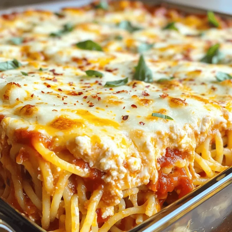 - 12 oz spaghetti - 8 oz cream cheese, softened - 1 cup mozzarella cheese, shredded - 1 cup ricotta cheese - 2 cups marinara sauce To create this tasty casserole, you need some key items. The spaghetti forms the base. Cream cheese adds a rich, creamy texture. Mozzarella and ricotta cheeses make it cheesy and delicious. Marinara sauce gives it a tasty, savory flavor. - 1/2 cup grated Parmesan cheese - 1/2 teaspoon garlic powder - 1/2 teaspoon onion powder - 2 tablespoons fresh basil, chopped (or 1 teaspoon dried basil) - 1/4 teaspoon red pepper flakes (optional for a spicy kick) These optional items add more taste. Parmesan cheese boosts the cheese flavor. Garlic and onion powders give it depth. Fresh or dried basil brings a nice herb touch. Red pepper flakes can add just the right amount of heat. - Gluten-free pasta options - Dairy-free substitutes for cheese - Adding vegetables like spinach or bell peppers You can change things up too! Use gluten-free pasta if needed. You can find dairy-free cheese for a different taste. You can also add veggies like spinach or bell peppers for extra nutrition. This makes the dish even better and more colorful. To start, cook your spaghetti until it is al dente. This means it should be firm to the bite. Follow the package instructions closely. Once cooked, drain the spaghetti and set it aside. Next, soften the cream cheese. You can do this by letting it sit at room temperature for about 30 minutes. This makes mixing much easier. In a large bowl, blend the softened cream cheese and ricotta cheese. Add half of the mozzarella cheese, garlic powder, onion powder, basil, salt, and pepper. Mix until everything is smooth and well combined. Now, toss the drained spaghetti into this cheese mixture. Make sure every strand of spaghetti is well coated. This helps the flavors spread evenly. Now, it’s time to layer your casserole. Spread half of the marinara sauce on the bottom of a 9x13-inch baking dish. Then, layer the spaghetti mixture over the sauce evenly. Pour the remaining marinara sauce over the spaghetti layer. Finally, sprinkle the rest of the mozzarella cheese and grated Parmesan cheese on top. If you like a bit of heat, add red pepper flakes now. Preheat your oven to 350°F (175°C). Cover the baking dish with aluminum foil and bake for 25 minutes. After this, remove the foil and bake for an extra 15 minutes. Look for a bubbly, golden top. This is your sign that it is ready. Let the casserole rest for 5 minutes before serving. This will help the layers set nicely. To make your casserole perfect, ensure even cooking for the cheeses. Mix them well. This helps the flavors blend together. Letting the casserole rest is important too. After baking, allow it to sit for five minutes. This gives it time to set, making it easier to serve. Yes, you can make this casserole a day in advance! Just prepare it as usual, then cover it and store it in the fridge. When ready to bake, take it out and let it warm a bit. For leftovers, store them in an airtight container. Reheat in the oven for the best results. You can also use the microwave, but the oven keeps the cheese nice and melty. To add more flavor, consider herbs or spices like fresh basil or garlic powder. A dash of red pepper flakes can add a spicy kick. Pair your casserole with a fresh salad or garlic bread. This makes a complete meal that everyone will love! {{image_2}} You can make this dish more colorful and healthy. Start by adding vegetables like spinach, bell peppers, or zucchini. These veggies not only taste great but also add nutrition. If you want a vegan option, swap out the cream cheese and other cheeses with plant-based alternatives. Look for vegan cream cheese and mozzarella. This way, everyone can enjoy the dish. For those who love meat, adding protein can make this dish heartier. Ground turkey or beef works well. You can simply brown the meat before mixing it into the cheese and pasta. Chicken is another tasty option. Cook it until it’s tender, then chop it up and mix it in. Each choice gives you a rich flavor boost. While marinara is classic, don’t hesitate to switch it up. Alfredo sauce brings a creamy twist to the dish. You can even try pesto for a fresh taste. Feel free to mix sauces too. Combining marinara with Alfredo can create a unique flavor that everyone will love. To keep your Baked Cream Cheese Spaghetti Casserole fresh, store it in the fridge. - Use an airtight container for best results. - If you want to freeze it, wrap the casserole tightly in plastic wrap, then in foil. - This helps prevent freezer burn. You can reheat your casserole in two ways: in the oven or the microwave. - For the oven, preheat to 350°F (175°C). - Cover the dish with foil to keep the cheese from drying out. - Bake for about 20 minutes or until heated through. - In the microwave, heat in short bursts of 1-2 minutes. - Stir between intervals for even heating. Your casserole will last about 3-4 days in the fridge. - Look for signs like an off smell or mold. - If it smells bad or looks strange, throw it away. - Always trust your senses when it comes to food safety. Yes, you can use other pasta shapes. Penne, fusilli, or farfalle work well. Each shape holds sauce differently. Choose what you like best! Yes, you can freeze it. Assemble the casserole but don’t bake it. Wrap it tightly in foil. When ready, bake from frozen at 350°F for about 1 hour. Check for doneness. I recommend a fresh salad or garlic bread. A Caesar salad pairs nicely. You can also serve steamed vegetables for a complete meal. Add more red pepper flakes for heat. You can also use spicy sausage in the mix. For a kick, try jalapeños on top before baking. Baked Cream Cheese Spaghetti Casserole is simple and versatile. You can use different cheeses, pastas, or veggies. Follow the steps for a tasty dish that everyone will enjoy. Remember to let your casserole cool before serving for the best taste. Explore new flavors by adding spices or herbs. Enjoy this meal with sides like salads or bread. By trying different ingredients, you can make every version special. Cooking should be fun, so let your creativity shine!