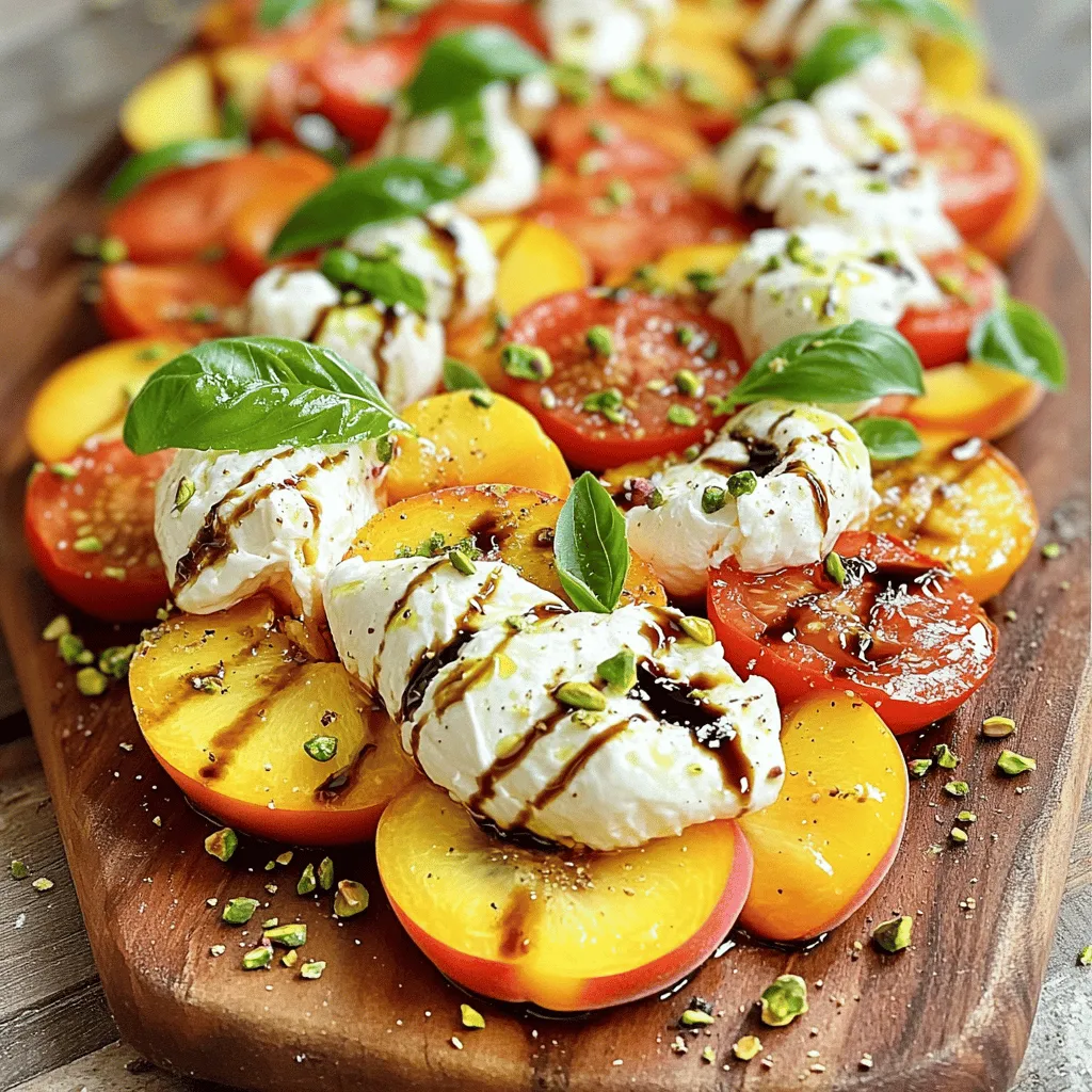 To create a delicious Tomato Peach Burrata Salad, gather the following fresh ingredients: - 2 ripe peaches, sliced - 2 cups heirloom tomatoes, assorted colors, sliced - 1 ball of fresh burrata cheese - 1/4 cup fresh basil leaves, torn - 2 tablespoons extra-virgin olive oil - 1 tablespoon balsamic glaze - Salt and freshly cracked black pepper, to taste - Optional: Crushed pistachios for garnish Using fresh peaches and heirloom tomatoes makes all the difference. The sweet, juicy peaches pair well with the rich, creamy burrata. The colorful heirloom tomatoes add a nice crunch and flavor. Fresh basil gives the salad a bright, herbal note. Olive oil and balsamic glaze bring together the flavors, making each bite a joy. If you want to elevate the salad, consider adding crushed pistachios. They provide a lovely crunch and extra taste. This salad is perfect for a summer meal or a light appetizer. Enjoy the fresh flavors and beautiful colors on your plate! 1. Selecting and preparing the peaches and tomatoes Choose ripe peaches and colorful heirloom tomatoes. Look for firm peaches with a sweet smell. Gently rinse the peaches and tomatoes. Slice the peaches into wedges. Cut the tomatoes into rounds or wedges, too. 2. Arranging ingredients on the serving platter Take a large serving platter. Arrange the peach slices and tomato slices in a beautiful pattern. Mix colors for a bright display. Aim for balance and a joyful look. 3. Preparing and adding burrata cheese Grab the fresh burrata cheese. Tear it into chunks with your hands. Place the chunks on top of the salad. Make sure some creamy center shows; it looks nice and tastes amazing. 4. Making and drizzling the dressing In a small bowl, whisk together extra-virgin olive oil and balsamic glaze. Add salt and freshly cracked black pepper to taste. Drizzle this dressing all over the salad. Let the flavors come together. 5. Adding optional garnishes For a tasty crunch, sprinkle crushed pistachios on top. This adds a nice texture. You can also add extra fresh basil leaves if you wish. 6. Serving suggestions Serve the salad right away. It tastes best fresh. You can present it on a wooden board or a nice platter. For an extra touch, add a drizzle of balsamic glaze just before serving. Enjoy the vibrant flavors! How to select ripe peaches and tomatoes Look for peaches that feel soft but not mushy. Their skin should have a nice blush. For tomatoes, choose ones that feel heavy for their size. They should smell sweet and earthy. Ensuring burrata's creaminess Burrata is best when fresh. Check the date on the package. When you tear it, you want to see creamy goodness inside. Let it sit at room temperature for ten minutes before serving for the best texture. Presentation enhancements Make your salad pop by using a large wooden board or a colorful platter. Arrange the peaches and tomatoes in a circle. Tear the burrata into pieces and place it in the center. Drizzle extra balsamic glaze over the top for a great look. Flavor balancing tips Add salt and pepper to bring out the flavors. The sweet peaches and tangy tomatoes need this. Use fresh basil to add a burst of flavor. If you like crunch, sprinkle crushed pistachios on top. {{image_2}} You can change the burrata cheese if you want a different taste. Try using fresh mozzarella or goat cheese. Both provide a creamy texture. They also pair well with sweet peaches and tomatoes. For tomatoes, there are many options. You can use cherry tomatoes for a sweet burst. Roma tomatoes work well too because they are meaty. Any fresh tomato brings color and flavor to your salad. You can also add different herbs or dressings. Try using mint for a refreshing twist. A drizzle of lemon juice can brighten the flavors. If you want a tangy kick, swap balsamic glaze for a lemon vinaigrette. Each change gives the salad a unique taste! To store your Tomato Peach Burrata Salad, follow these steps: - Best practices for storing leftovers: Place any leftover salad in an airtight container. Make sure to keep the dressing separate to avoid soggy ingredients. This way, the salad stays fresh and crisp for longer. - How long the ingredients last: If stored properly, the salad can last in the fridge for 1 to 2 days. The peaches and tomatoes will stay good for about 2 to 3 days. The burrata cheese is best used within one day for optimal creaminess. - Recommendations for next-day use: If you plan to enjoy the salad the next day, consider using different ingredients to keep it fresh. Add more herbs or a splash of olive oil to revive flavors. Toss in some fresh greens like arugula for a delightful twist. This approach keeps your meal exciting and delicious, even on day two! Yes, you can make this salad ahead of time. However, keep the dressing separate. Combine it just before serving. This helps keep the salad fresh and vibrant. If you add the dressing early, the tomatoes and peaches may get soggy. You can try mozzarella or feta cheese. Both have nice flavors and textures. Ricotta also works if you prefer a creamier touch. Each cheese brings its own twist to the salad. To serve a crowd, double the recipe. Use a large platter or bowl. Layer the ingredients nicely for a stunning display. You can also create individual servings in small bowls, which makes it easy for guests to enjoy. This salad is packed with vitamins and minerals. Peaches are rich in vitamins A and C. Heirloom tomatoes have antioxidants that support heart health. Burrata adds protein and calcium, making the salad filling. Fresh basil offers anti-inflammatory benefits too. Overall, it is a healthy and delightful dish! This blog post covered everything you need to know for a Tomato Peach Burrata Salad. You learned about fresh ingredients and their role in creating balance and flavor. I shared steps for easy preparation and tips to elevate your dish. You now have storage tips and answers to common questions. Enjoy making this colorful and healthy salad. It is perfect for any occasion. You’ll impress your guests with its taste and beauty. Happy cooking!