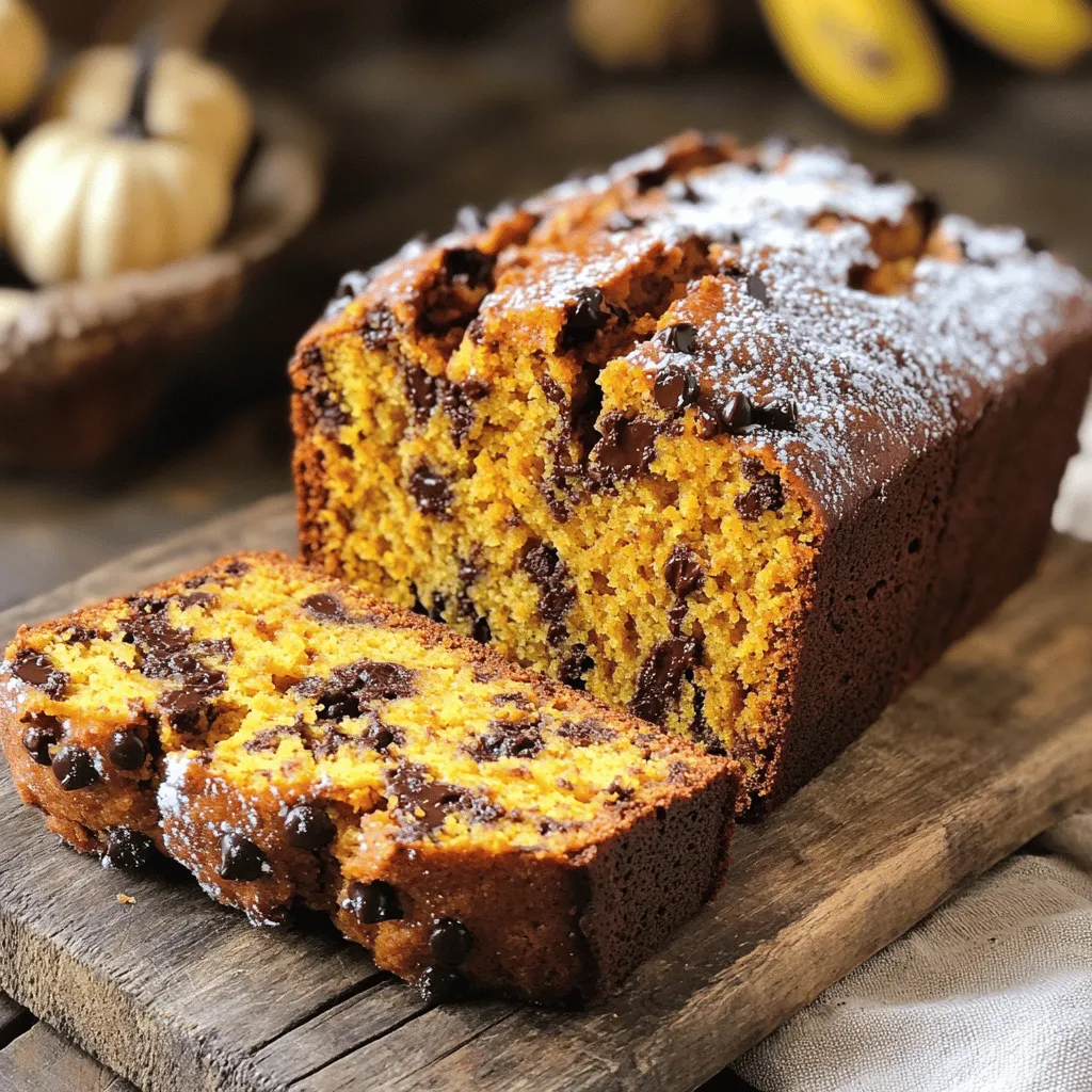 To make the best banana chocolate chip pumpkin bread, you need a few key ingredients. Here’s what you’ll need: - 1 cup mashed ripe bananas (about 2-3 bananas) - 1 cup pumpkin puree (canned or fresh) - 1/2 cup melted coconut oil or unsalted butter - 3/4 cup brown sugar - 1/4 cup granulated sugar - 2 large eggs - 1 teaspoon vanilla extract - 1 teaspoon baking soda - 1/2 teaspoon baking powder - 1 teaspoon ground cinnamon - 1/2 teaspoon ground nutmeg - 1/4 teaspoon ground ginger - 1/2 teaspoon salt - 1 1/2 cups all-purpose flour - 1/2 cup chocolate chips (semi-sweet or dark) - 1/4 cup chopped walnuts or pecans (optional) Each of these ingredients plays a big role in flavor and texture. The ripe bananas add natural sweetness and moisture. Pumpkin puree brings a rich, earthy taste. Coconut oil or butter gives the bread a nice, soft crumb. The sugars balance sweetness and caramelize during baking. Eggs add structure and richness. Vanilla extract enhances the overall flavor. The baking soda and baking powder ensure a perfect rise. Spices like cinnamon, nutmeg, and ginger create warmth and depth. Salt brings out all the flavors. Lastly, flour provides structure, while chocolate chips add that delightful chocolatey touch. You can toss in nuts if you like some crunch. Gather these ingredients, and you’re ready to create a delicious loaf that everyone will love! 1. Preheat your oven to 350°F (175°C). Grease a 9x5 inch loaf pan with oil or butter. 2. In a large bowl, combine 1 cup of mashed ripe bananas, 1 cup of pumpkin puree, and 1/2 cup of melted coconut oil or unsalted butter. Add 3/4 cup of brown sugar and 1/4 cup of granulated sugar. Mix everything until it is smooth. 3. Beat in 2 large eggs one at a time. Then, stir in 1 teaspoon of vanilla extract until well mixed. 1. In a separate bowl, whisk together 1 teaspoon of baking soda, 1/2 teaspoon of baking powder, 1 teaspoon of ground cinnamon, 1/2 teaspoon of ground nutmeg, 1/4 teaspoon of ground ginger, 1/2 teaspoon of salt, and 1 1/2 cups of all-purpose flour. 2. Gradually add the dry mixture to the wet ingredients. Fold gently until just combined. Be careful not to overmix. 1. Fold in 1/2 cup of chocolate chips and, if you like, 1/4 cup of chopped walnuts or pecans. 2. Pour the batter into the prepared loaf pan and spread it evenly. 3. Bake for 55-65 minutes. Check with a toothpick. It should come out clean or with a few moist crumbs. 4. Let the bread cool in the pan for 10 minutes. Then, transfer it to a wire rack to cool completely before slicing. Achieving the perfect texture To get soft and moist bread, use ripe bananas. They should be brown and spotty. This adds natural sweetness. Additionally, pumpkin puree must be smooth. It helps keep the bread moist. Use melted coconut oil for a rich flavor. If you prefer, you can use unsalted butter. Avoiding overmixing for fluffy bread Mix the wet and dry ingredients gently. Overmixing makes the bread tough. When adding flour, fold it in until you see no dry bits. This keeps the texture light and airy. Best accompaniments for the bread This bread pairs well with cream cheese. Spread a layer on each slice. You can also use butter for a rich taste. For a sweet touch, drizzle melted chocolate on top. A sprinkle of powdered sugar adds charm. Presentation ideas for a homemade touch Slice the bread neatly and arrange it on a platter. You can add fresh fruit around it. Berries or slices of orange brighten the display. Use a pretty cloth napkin for a cozy look. How to store unused bread Wrap the bread in plastic wrap. This keeps it fresh and moist. Place it in an airtight container. You can store it at room temperature for up to three days. Best practices for freezing leftovers To freeze, slice the bread first. Wrap each slice in plastic wrap. Then place all slices in a freezer bag. This way, you can take out just what you need. The bread stays good for about three months. When ready, let it thaw in the fridge overnight. {{image_2}} You can easily boost the flavor of banana chocolate chip pumpkin bread. - Adding spices for extra flavor: Consider adding a pinch of allspice or cloves. These spices add warmth and depth. You can also try a bit of cardamom for a unique twist. Adjust the amount based on your taste. - Substitute chocolate chips with other mix-ins: If you want a change, try using white chocolate or butterscotch chips. You can also add dried fruit like cranberries or raisins. Chopped apples can bring a fresh crunch, too. This recipe can fit many diets with simple swaps. - Gluten-free options: To make the bread gluten-free, use a gluten-free flour blend. Look for one that includes xanthan gum for better texture. - Vegan adaptations: You can replace eggs with flax eggs or applesauce. Use plant-based butter or coconut oil. Ensure the chocolate chips are dairy-free to keep it vegan. Make this bread special for the seasons. - Holiday twists for special occasions: Add a splash of eggnog or maple syrup for holiday cheer. You can also sprinkle some festive nuts on top before baking. - Using different types of squash or sweeteners: Try using butternut squash puree instead of pumpkin. You can also swap brown sugar for coconut sugar for a different flavor. Honey or maple syrup work well, too. With these variations, you can customize your banana chocolate chip pumpkin bread to fit any occasion or preference. Enjoy experimenting! Each slice of banana chocolate chip pumpkin bread has about 200 calories. This is a tasty treat, but keep an eye on how much you eat. The bread has a balance of nutrients, making it a smart choice. Each slice contains: - 3 grams of protein - 8 grams of fat - 36 grams of carbohydrates - 2 grams of fiber This mix offers a good amount of energy while keeping you full. Using bananas and pumpkin in this recipe adds great health perks. Bananas provide potassium and vitamins. They help your heart and support digestion. Pumpkin brings in fiber and beta carotene. This can boost your immune system and help your skin. Adding nuts, like walnuts or pecans, enhances the benefits. Nuts offer healthy fats and protein. They can lower your risk of heart disease and help with weight control. So, don’t skip the nuts if you want extra nutrition. For portion control, aim for one slice at a time. This bread is rich, so smaller servings will help you enjoy it without overdoing it. Pair it with a piece of fruit or a yogurt to balance your meal. Eating this bread with other meals can help too. For breakfast, enjoy a slice with eggs or a smoothie. For dessert, a small piece with tea or coffee is perfect. This way, you get the best of both worlds—flavor and nutrition! Can I substitute fresh pumpkin for canned? Yes, you can use fresh pumpkin. Just cook and mash it first. Canned pumpkin is easy and saves time. Both options will give you a tasty bread. How can I make this bread less sweet? To make it less sweet, cut back on both sugars. You can reduce brown sugar to half and skip the granulated sugar. This will keep the bread tasty without being too sweet. How do I know when the bread is done baking? Check for doneness with a toothpick. Insert it into the center. If it comes out clean or with a few moist crumbs, it’s done. What can I do if my bread is too dense? If your bread is too dense, try mixing less. Overmixing can cause it to become heavy. You can also check your baking powder and soda for freshness. How long does banana chocolate chip pumpkin bread last? Banana chocolate chip pumpkin bread stays fresh for about 3-5 days at room temperature. If you keep it in an airtight container, it stays moist longer. Can I refrigerate this bread? Yes, you can refrigerate the bread. It lasts up to a week in the fridge. Just cover it well to avoid drying out. For longer storage, consider freezing it. This blog covered a delicious recipe for banana chocolate chip pumpkin bread. We shared essential ingredients, step-by-step instructions, and tips for perfect results. You learned how to enhance flavors and cater to dietary needs. Enjoying homemade bread brings joy to any kitchen. Try to use the tips and variations to make it your own. This bread is not just tasty; it's also healthy. Bake this treat, share it with friends, and savor every bite!