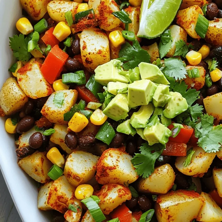 To make Mexican potatoes, you need fresh, simple ingredients. Here’s what you'll need: - 4 large russet potatoes, diced into 1-inch cubes - 2 tablespoons olive oil - 1 teaspoon smoked paprika - 1 teaspoon garlic powder - 1 teaspoon onion powder - 1 teaspoon ground cumin - 1/2 teaspoon chipotle powder (adjust for spiciness) - Salt and pepper to taste - 1 cup black beans, drained and rinsed - 1 cup corn kernels (fresh or frozen) - 1/2 cup red bell pepper, diced - 1/2 cup green onions, sliced - 1/2 cup fresh cilantro, chopped - 1 avocado, diced - Lime wedges for serving These ingredients blend together to create a dish full of flavor. The russet potatoes give a hearty base, while the beans and corn add texture. Mexican cuisine uses spices that make dishes exciting. Here are the key spices in this recipe: - Smoked Paprika: Adds a smoky flavor. - Garlic Powder and Onion Powder: These enhance the taste without extra chopping. - Ground Cumin: Gives a warm, earthy flavor. - Chipotle Powder: This spice adds heat and a smoky kick. Using these spices helps capture the essence of Mexican cooking. You can customize your Mexican potatoes with extra ingredients. Here are some ideas: - Jalapeños: For more heat, add fresh or pickled jalapeños. - Cheese: Crumbled queso fresco or shredded cheese adds creaminess. - Sour Cream: A dollop on top enhances the dish. - Lime Juice: A squeeze brightens the flavors. Feel free to mix and match these add-ins to suit your taste! Start by gathering all your ingredients. You will need four large russet potatoes. Dice them into one-inch cubes. Next, measure two tablespoons of olive oil. Then, get your spices ready: one teaspoon each of smoked paprika, garlic powder, onion powder, and ground cumin. Add half a teaspoon of chipotle powder for some heat. Finally, don’t forget to grab salt and pepper for taste. Preheat your oven to 400°F (200°C). In a large bowl, mix the diced potatoes with olive oil and all the spices. Toss them well so every piece gets coated. Spread the potatoes on a baking sheet lined with parchment paper. Roast them for 25 to 30 minutes. Flip them halfway through to get them crispy on all sides. When they’re golden and crispy, take them out of the oven. In a separate bowl, combine one cup of black beans, one cup of corn, half a cup of diced red bell pepper, and half a cup of sliced green onions. Add half of the fresh cilantro to this mix for extra flavor. Once the potatoes are done, add them to this bowl. Gently toss everything together. Serve warm, and top with diced avocado, the rest of the green onions, and cilantro. Add lime wedges on the side for a zesty finish. Enjoy your flavorful Mexican potatoes! To get crispy potatoes, I recommend using russet potatoes. Their high starch content helps them crisp up nicely. First, dice your potatoes into even 1-inch cubes. This size cooks evenly and ensures a great texture. Toss them in olive oil and spices well. Make sure each piece has a good coat. Spread them out on a baking sheet. Avoid crowding, as this leads to steaming instead of roasting. Roast at 400°F for 25 to 30 minutes. Flip them halfway through for even browning. This method gives you that perfect crunch. Want to control the heat? Start with just a 1/4 teaspoon of chipotle powder. Mix it in with the other spices. Taste the potatoes after roasting. You can always add more spice later. If you prefer milder flavors, use less smoked paprika too. For those who love heat, feel free to increase the chipotle powder. Remember, everyone's taste is different, so tailor it to your liking. Preparing ahead can boost the taste of your Mexican potatoes. You can chop the potatoes and mix the spices the night before. Store them in the fridge in an airtight container. This allows the flavors to meld. You can also prepare the bean and corn mixture ahead. Just combine the black beans, corn, and diced red bell pepper. Keep it in the fridge until you roast the potatoes. This makes the cooking process quicker and easier. Plus, you'll enjoy a richer flavor when you serve them. {{image_2}} You can switch up the ingredients in Mexican potatoes for new tastes. Try sweet potatoes instead of russet potatoes for a sweet twist. If you want a creamy texture, add diced zucchini or yellow squash. Chopped tomatoes can also bring freshness. For a meaty flavor, include cooked chorizo or ground beef. This recipe is easy to make vegan and gluten-free. Just leave out any animal products. The spices and veggies provide plenty of flavor. Use gluten-free tamari instead of regular soy sauce in your toppings. Pair it with avocado and lime for richness. Dipping sauces can add fun to your meal. Try salsa for a classic choice. Guacamole is another great option, bringing creaminess. For something spicy, mix hot sauce with sour cream or yogurt. You can also serve these potatoes with a tangy cilantro dressing. Each sauce adds a new layer of taste. To store leftover Mexican potatoes, let them cool first. Then, place them in an airtight container. This keeps them fresh for up to three days in the fridge. Make sure to label the container with the date. This helps you remember when you cooked them. When you're ready to eat the leftovers, preheat your oven to 350°F (175°C). Spread the potatoes on a baking sheet. Heat them for about 15-20 minutes until warm. You can also use a microwave. Place the potatoes in a microwave-safe dish and cover it. Heat for 2-3 minutes, stirring halfway through. To freeze Mexican potatoes, let them cool completely. Then, place them in a freezer-safe bag. Squeeze out the air before sealing. They can last up to three months in the freezer. When you want to eat them, thaw in the fridge overnight. Reheat them in the oven or microwave as described above. Yes, you can make Mexican potatoes in an air fryer. Set the air fryer to 400°F (200°C). Toss the diced potatoes with olive oil and spices as before. Place them in a single layer in the air fryer basket. Cook for about 20-25 minutes, shaking halfway through. This method gives you crispy potatoes with less oil. Some great authentic Mexican sides are: - Mexican rice - Refried beans - Grilled corn on the cob - Fresh salsa - Guacamole These dishes add flavor and enhance your meal. To spice up these potatoes, try adding more chipotle powder. You can also include fresh jalapeños or serrano peppers. Mixing in spicy salsa before serving can also boost the heat. Adjust the spice to your taste for the perfect kick. Potatoes hold a special place in Mexican food. They are versatile and used in many dishes. They can be fried, mashed, or roasted. Potatoes add texture and flavor. They symbolize comfort and home cooking in many Mexican families. This blog post shared how to make tasty Mexican potatoes. We covered the key ingredients, spices, and optional add-ins. I guided you through step-by-step instructions for preparation and roasting. You learned tips for crispy texture and spice adjustments. I explored different variations and storage methods. In conclusion, cooking Mexican potatoes can be fun and rewarding. Feel free to experiment with flavors. Enjoy making this delicious dish for you and your loved ones!