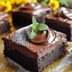 - 1 cup unsweetened cocoa powder - 1 cup granulated sugar - 1/2 cup brown sugar, packed - 1/2 cup all-purpose flour - 1/4 teaspoon salt - 1/2 cup unsalted butter, melted - 3 large eggs - 1 teaspoon vanilla extract - 1 cup heavy cream (for mousse) - 1 cup dark chocolate chips - 1 tablespoon powdered sugar - 1/2 teaspoon vanilla extract (for mousse) To make chocolate mousse brownies, gather your ingredients. Start with the dry ingredients. You need cocoa powder, granulated sugar, brown sugar, flour, and salt. These create the rich base for the brownies. Next, prepare the wet ingredients. Melt the unsalted butter and mix it with eggs and vanilla. This blend adds moisture and flavor to the brownies. For the mousse, you will use dark chocolate chips, heavy cream, powdered sugar, and a bit more vanilla. The chocolate chips give that deep, rich taste everyone loves. This list is key. Each ingredient plays a role. The cocoa provides chocolate flavor, while the sugars add sweetness. The butter and eggs create a fudgy texture. The mousse layers on top will add a creamy finish. Focus on quality. Use good cocoa and chocolate. This makes a big difference. With these ingredients, you're on your way to a truly decadent treat. - Preheat your oven to 350°F (175°C). Grease a 9x9 inch baking pan. Line it with parchment paper. This helps with easy removal. - In a large bowl, whisk together 1 cup of cocoa powder, 1 cup of granulated sugar, and 1/2 cup of brown sugar. Add 1/2 cup of melted unsalted butter. Mix until smooth. - Crack 3 large eggs into the bowl, one at a time. Mix well after adding each egg. Stir in 1 teaspoon of vanilla extract. Make sure it’s well combined. - Gently fold in 1/2 cup of all-purpose flour and 1/4 teaspoon of salt. Do not overmix. This step is key for soft brownies. - Pour the brownie batter into your prepared pan. Spread it evenly. Bake in the oven for 25-28 minutes. A toothpick should come out with a few moist crumbs. - While the brownies bake, melt 1 cup of dark chocolate chips. Use a microwave-safe bowl. Heat in 30-second intervals. Stir between each until it’s smooth. - In a separate bowl, whip 1 cup of heavy cream. Whip until soft peaks form. Then, add 1 tablespoon of powdered sugar and 1/2 teaspoon of vanilla extract. Keep whipping until you see stiff peaks. - Gently fold the melted chocolate into the whipped cream. Mix until it’s fully combined and silky smooth. This is your rich mousse. - Once the brownies cool in the pan for about 15 minutes, remove them. Let them cool completely. - Spread the chocolate mousse evenly on top of the brownies. Use a spatula for a smooth finish. - Refrigerate the brownies with the mousse for at least one hour. This helps the mousse set before slicing. Enjoy your chocolate mousse brownies! To check if your brownies are done, use a toothpick. Insert it into the center. If it comes out with a few moist crumbs, they are ready. If it’s clean, they might be overbaked. Overbaking leads to dry brownies, which no one wants. I always set a timer for 25 minutes and check from there. Avoiding overmixing is key for soft brownies. Mix the flour and salt in gently. Stir until just combined, and stop there. If you mix too much, the brownies can become tough. Remember, we want them fudgy and soft. For a silky mousse, start with room temperature ingredients. Melt the dark chocolate slowly. Use 30-second bursts in the microwave. Stir well after each until smooth. This helps avoid lumps. Next, whip the heavy cream until soft peaks form. This adds air and lightness. Then, gently fold in the melted chocolate. This keeps the mousse airy. Chill the mousse for at least an hour. It sets nicely and thickens for the best texture. Garnish your brownies for a stunning look. A light dusting of powdered sugar adds elegance. A sprig of mint on top gives a fresh touch. You can also add some chocolate shavings for extra flair. Serve chilled for the best taste. Cut into squares for easy serving. They look fantastic on a nice plate. Enjoy sharing these rich delights with friends! {{image_2}} You can make your chocolate mousse brownies even more exciting. Adding nuts or chocolate chunks offers great texture. I love using walnuts or pecans for a nice crunch. If you prefer a sweeter touch, sprinkle in dark chocolate chunks. Infusing flavors like espresso or orange zest can elevate the taste. A teaspoon of espresso powder will add rich depth. Alternatively, a bit of orange zest brightens the chocolate flavor. Just remember to keep it balanced. If you need gluten-free options, swap all-purpose flour with almond flour or a gluten-free blend. Both work well in this recipe, keeping the brownies moist. For vegan substitutions, use a flax egg instead of regular eggs. Combine one tablespoon of flaxseed meal with two and a half tablespoons of water. Let it sit until it thickens. You can also use coconut oil instead of butter, and choose vegan chocolate chips for the mousse. I enjoy serving brownies in different ways. Brownie trifles are a fun twist. Layer brownie squares with mousse and whipped cream in a glass. It looks stunning and tastes divine. Mini mousse brownie cups are another great idea. Use cupcake liners and pour small brownie batter portions. Once baked and cooled, top with mousse. These bite-sized treats are perfect for parties! To keep your chocolate mousse brownies fresh, store them in an airtight container. This will prevent them from drying out. Place a piece of parchment paper between layers to avoid sticking. When stored this way, they can last up to five days in the fridge. You can freeze the brownies before adding the mousse. Cut them into squares and wrap each piece in plastic wrap. Then, place them in a freezer-safe bag. They will stay fresh for about three months. When you want to enjoy them, take them out and let them thaw in the fridge overnight. To reheat your brownies, the best method is to use the oven. Preheat it to 350°F (175°C). Place the brownies on a baking sheet. Warm them for about 10 minutes. This way, they stay soft and tasty. Avoid using the microwave, as it may dry them out. Store chocolate mousse brownies in an airtight container. Keep them in the fridge. They will stay fresh for about five days. If you want to enjoy them later, wrap them tightly in plastic wrap first. This keeps the mousse from drying out. Yes, you can make chocolate mousse brownies ahead of time. Bake the brownies and cool them completely. Then add the mousse on top. Cover and chill them for up to two days before serving. This makes it easy for parties or gatherings. To check if the brownies are done, insert a toothpick into the center. If it comes out with a few moist crumbs, they are ready. If it comes out clean, they may be overcooked. Keep an eye on them during baking. You can substitute some ingredients. Use coconut oil instead of butter for a dairy-free option. For gluten-free brownies, use almond flour in place of all-purpose flour. Make sure to keep the ratios similar for the best results. Chocolate mousse brownies pair well with vanilla ice cream. Fresh berries also make a great side. You can serve them with a drizzle of caramel sauce or a cup of coffee. These options balance the rich flavors nicely. This blog post walks you through making delicious chocolate mousse brownies. We covered each step, from the ingredients needed to the final assembly of the dessert. Remember, perfect brownies require care in mixing and baking. For the mousse, whip it well for that silky finish. You can customize flavors to suit your taste, making this dessert even more special. Follow the storage tips to enjoy your brownies later. With a bit of effort, you can create a treat that impresses everyone!