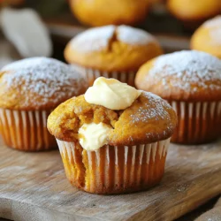 - 1 ½ cups all-purpose flour - 1 teaspoon baking soda - ½ teaspoon baking powder - ½ teaspoon salt - 1 teaspoon ground cinnamon - ½ teaspoon ground nutmeg - ½ teaspoon ground ginger - 2 large eggs - 1 cup canned pumpkin puree - ⅔ cup granulated sugar - ⅓ cup brown sugar, packed - ⅓ cup vegetable oil - 1 teaspoon vanilla extract - 4 ounces cream cheese, softened - 2 tablespoons powdered sugar - 1 tablespoon milk The ingredients in Bakery-Style Pumpkin Cream Cheese Muffins give them their great taste. Each part plays a role in making these muffins soft and flavorful. Dry Ingredients: Flour forms the base. Baking soda and baking powder help them rise. Salt adds flavor. Cinnamon, nutmeg, and ginger give warmth and spice. Wet Ingredients: Eggs bind everything together. Pumpkin puree brings moisture and a nice pumpkin taste. Granulated and brown sugars sweeten the muffins while giving a rich flavor. Vegetable oil adds softness, and vanilla extract brightens the mix. Cream Cheese Filling: Cream cheese offers a creamy, tangy surprise inside. Powdered sugar sweetens it, while milk helps blend everything smoothly. This blend of ingredients makes for a warm, cozy treat. You’ll want to enjoy one with a cup of coffee or tea! - Preheat oven to 350°F (175°C). - Line muffin tin with paper liners or spray with non-stick cooking spray. - Whisk together flour, baking soda, baking powder, salt, cinnamon, nutmeg, and ginger. - This step mixes the dry ingredients well, ensuring even flavor. - Beat eggs and combine with pumpkin puree, sugars, vegetable oil, and vanilla extract. - Mix until smooth and uniform. - Gradually add dry ingredients to the wet mix. - Stir until just combined; lumps are fine. - Blend cream cheese, powdered sugar, and milk until smooth. - A creamy filling brings a lovely surprise in each muffin. - Fill each muffin liner halfway with pumpkin batter. - Add a dollop of cream cheese filling on top. - Use the remaining batter to cover the cream cheese. - This layering creates a delightful taste experience. - Bake for 18-20 minutes. - Check doneness with a toothpick; it should come out clean. - Cool in the pan for 5 minutes. - Transfer muffins to a wire rack to cool completely. - Avoid overmixing the batter. Mix just until combined. - Use room temperature ingredients for best results. This helps with even mixing. - Ensure cream cheese is softened for easy blending. Soft cream cheese mixes well. - Dust with powdered sugar for a bakery finish. This adds charm and sweetness. - Serve on a rustic wooden board. It makes your muffins look appealing. {{image_2}} You can easily make these muffins gluten-free. Just swap the all-purpose flour for a gluten-free blend. Make sure the blend you choose has a good mix of flours for the best texture. Look for blends that include brown rice or almond flour. This option keeps the muffins moist and tasty without gluten. To make these muffins dairy-free, replace the cream cheese with a dairy-free alternative. Many brands offer vegan cream cheese that works great. You can also use nut-based cream cheeses for extra flavor. This change makes your muffins suitable for those with dairy allergies. Feel free to add a twist to your muffins. Chocolate chips bring a rich, sweet touch that pairs well with pumpkin. You can also mix in chopped walnuts for extra crunch. Both options add texture and elevate the flavor. Try one or both for a fun twist on this classic treat! Keep your bakery-style pumpkin cream cheese muffins in an airtight container. Store them at room temperature for up to 3 days. This keeps them fresh and moist. If you want to enjoy them later, consider freezing them. You can freeze these muffins for longer storage. Place them in freezer-safe bags. They will last for up to 3 months in the freezer. When you're ready to eat, just take them out and thaw. This way, you always have a treat on hand. To enjoy the muffins warm, you can reheat them easily. Use the microwave for quick warming. Just heat them for about 15-20 seconds. If you prefer the oven, preheat it to 350°F (175°C). Bake for about 5-10 minutes. This will bring back the fresh taste you love. Yes, but it may affect moisture levels. Fresh pumpkin has more water. This can change the texture of your muffins. If you use fresh, cook and drain it well. A toothpick inserted should come out clean. Check in the center of a muffin. If it’s wet, bake a few more minutes. Reduce the sugar amounts to taste. Start by cutting the sugar by a quarter. Taste the batter before baking. Adjust until it’s just right for you. Pumpkin pie filling contains spices and sugars, while puree is plain pumpkin. Puree is best for baking. It gives a pure pumpkin taste without extra flavors. Yes, for a simpler pumpkin muffin version. Just fill the liners with the batter. The muffins will still be soft and tasty! These pumpkin muffins are easy to make with simple steps. You learned how to mix dry and wet ingredients, create a smooth cream cheese filling, and bake until golden. I shared tips for texture and presentation, plus variations for different diets. Storing and reheating ideas keep your muffins fresh. Enjoy your delicious treats knowing you can tweak them as you like! Happy baking!