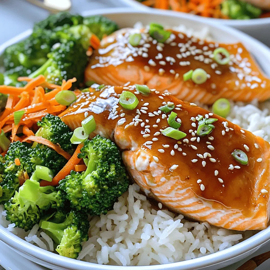 - 2 salmon fillets (about 6 ounces each) - 1/4 cup honey - 3 cloves garlic, minced - 2 tablespoons soy sauce - 1 tablespoon fresh ginger, grated - 1 tablespoon sesame oil - Salt and pepper to taste The salmon is the star here. It gives a rich flavor. The marinade made with honey, garlic, and soy sauce makes it sweet and savory. Fresh ginger adds a kick. Sesame oil adds depth to the dish. - 1 cup jasmine rice - 2 cups water or broth (chicken or vegetable) - 1 cup steamed broccoli florets - 1/2 cup shredded carrots Jasmine rice is fragrant and pairs well with salmon. The broccoli adds crunch and color. Carrots bring sweetness and nutrients. Together, they create a balanced meal. - 1/4 cup green onions, sliced - Sesame seeds for garnish Green onions add freshness and a little sharpness. Sesame seeds give a nice crunch. You can skip these but they enhance the dish. Using these ingredients, you can create a tasty and quick meal. Adjust the flavors to your liking. Enjoy making this dish! To make the marinade, grab a small bowl. Whisk together the honey, minced garlic, soy sauce, grated ginger, sesame oil, salt, and pepper. This mixture will add great flavor to the salmon. It’s easy and takes only a few minutes. Once mixed, set it aside. Next, let’s cook the rice. Start by measuring one cup of jasmine rice and two cups of water or broth. Pour them into a medium saucepan. Bring the mixture to a boil over high heat. When it boils, reduce the heat to low. Cover the pan and let it simmer for 15 minutes. The rice should become tender. After 15 minutes, remove it from the heat. Keep it covered for another five minutes, then fluff it gently with a fork. Now, we’ll cook the salmon. First, preheat a skillet over medium-high heat. Take the salmon fillets out of the marinade. Place them in the hot skillet. Cook each side for about 5-6 minutes. You’ll know they are done when they flake easily with a fork. Meanwhile, take the leftover marinade and heat it in a small saucepan. Bring it to a simmer for 2-3 minutes to thicken it. To assemble your bowls, start with a layer of fluffed jasmine rice in each bowl. Add steamed broccoli and shredded carrots on top. Place a cooked salmon fillet in each bowl. Drizzle the thickened glaze over everything. Finally, garnish with sliced green onions and a sprinkle of sesame seeds. This meal is colorful and delicious! To get the best flavor, marinate your salmon well. Use a shallow dish for even coverage. Pour the marinade over the salmon and make sure it coats every side. Let it sit for at least 15 minutes. If you have time, marinate it for up to an hour in the fridge. This lets the flavors really soak in. Remember to save some marinade for later to use as a glaze. Cooking jasmine rice can be easy if you follow a few steps. First, rinse the rice under cold water until the water runs clear. This removes extra starch and helps the rice stay fluffy. Use a 1:2 ratio of rice to water or broth. After boiling, reduce the heat and cover it tightly. Let it simmer for 15 minutes without lifting the lid. After cooking, let it stand for 5 minutes. Fluff it gently with a fork before serving. Cook your salmon to perfection by following these tips. Preheat your skillet before adding the salmon. This creates a nice sear. Cook each side for about 5-6 minutes. You'll know it's done when it flakes easily with a fork. If you want a little extra flavor, baste the salmon with the marinade while it cooks. This adds a tasty glaze and keeps the fish moist. {{image_2}} You can swap the salmon for other proteins. Chicken works well with this honey garlic sauce. Use about 2 boneless, skinless chicken breasts instead of salmon. You can also try shrimp. They cook quickly and soak up the flavors nicely. For a plant-based option, use tofu or tempeh. Just press and marinate them like the salmon. Each protein brings its own taste to the dish. Feel free to mix up the veggies in your rice bowl. Asparagus or snap peas can add a nice crunch. You might like bell peppers for their sweetness. Try zucchini slices for a lighter touch. You can also use kale or spinach, which are full of nutrients. Just remember to steam or sauté them lightly. This keeps their bright color and flavor. The marinade is key to this dish. You can change its flavor easily. Add a splash of lime juice for a citrusy twist. Or, mix in some sriracha if you want heat. Swap soy sauce for tamari to make it gluten-free. You can also add a teaspoon of sesame seeds to the marinade for extra texture. Each of these changes can give your rice bowl a new life. To keep your honey garlic salmon rice bowls fresh, store them in airtight containers. Place the salmon, rice, and veggies in separate sections if possible. This helps keep textures nice. Let the food cool to room temperature first. Then, seal the containers and refrigerate. Use the leftovers within three days for the best taste and safety. When you're ready to enjoy your leftovers, reheating is simple. For the rice, use a microwave-safe bowl. Add a splash of water to keep it moist. Cover it with a damp paper towel. Heat it in short bursts, stirring in between. For the salmon, place it on a plate and microwave it for about 30 seconds. Check if it’s warm. If not, heat a bit longer. You can also reheat salmon in a skillet on low heat for a few minutes. The shelf life of your honey garlic salmon rice bowl varies by ingredient. Cooked salmon usually lasts about 3 days in the fridge. Jasmine rice can stay fresh for up to 5 days if stored properly. Steamed broccoli and shredded carrots will keep well for about 3 days too. Always check for any signs of spoilage before eating. To reduce the sweetness, cut back on the honey. You can use half or even a quarter of it. You can also add a bit more soy sauce. This will give it a saltier taste that balances the sweetness. Another option is to add a splash of vinegar, like rice vinegar. This will add a nice tang. Adjusting these ingredients makes the dish suit your taste. If you don’t have jasmine rice, you can use long-grain rice. Basmati rice is also a great choice. Quinoa works well if you want a healthier option. Brown rice gives a nice nutty flavor but takes longer to cook. Just remember to adjust cooking times as needed. Each option brings a unique taste to your bowl. Yes, you can prepare some parts in advance. You can marinate the salmon for up to an hour. This allows the flavors to soak in. You can also cook the rice a few hours before serving. Just keep it covered to stay warm. For the vegetables, you can steam them ahead too. Assemble everything just before serving for the best taste. In this blog post, we covered how to make honey garlic salmon bowls. You learned about the main ingredients, how to cook the rice, and how to prepare the salmon. We also shared useful tips for marinating and cooking. You can try variations with different proteins and veggies for more flavors. Remember to store leftovers properly and reheat them well. I hope this guide helps you create delicious meals that you and your family will enjoy. Happy cooking!