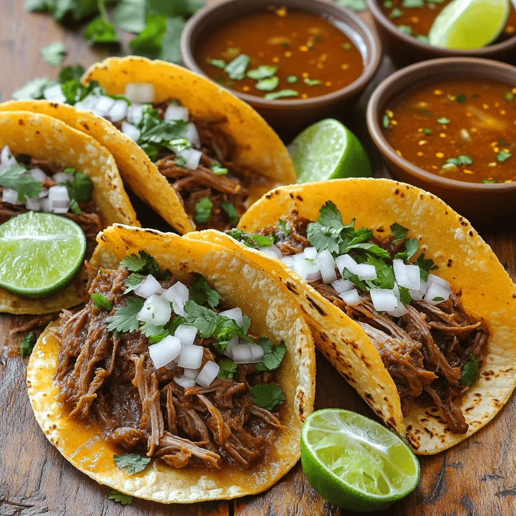 To make tasty birria tacos, you need these key ingredients: - 2 lbs beef chuck roast, cut into large chunks - 1 lb bone-in beef short ribs - 4 dried guajillo chilies - 3 dried ancho chilies - 2 tablespoons olive oil - 1 large onion, chopped - 4 cloves garlic, minced - 1 teaspoon ground cumin - 1 teaspoon dried oregano - 1/2 teaspoon black pepper - 1 teaspoon salt (add more to taste) - 4 cups beef broth - 8 small corn tortillas These ingredients create a rich flavor in the tacos. The beef chuck roast gives a hearty base. The short ribs add depth with their bone flavor. Guajillo and ancho chilies add a warm spice. To enhance your tacos, consider these garnishes: - Fresh cilantro, chopped - Diced onions - Lime wedges These garnishes add fresh tastes and color. They brighten up the rich flavors of the birria. You will need a few tools for easy cooking: - A large pot for cooking the meat - A blender for the marinade - A skillet for toasting tortillas Having these tools ready makes the process smooth. You’ll enjoy making birria tacos at home with ease. Start by preparing the chiles. Take four dried guajillo chilies and three dried ancho chilies. Remove the stems and seeds. This helps reduce bitterness. Next, heat a dry skillet over medium heat. Toast the chiles for about 2-3 minutes. You want them fragrant, not burnt. After toasting, place the chiles in a bowl. Cover them with hot water and let them soak for 15 minutes. This softens them, making them easy to blend. Now, let’s marinate the meat. You need 2 pounds of beef chuck roast and 1 pound of bone-in beef short ribs. Cut the beef into large chunks. In a blender, combine the softened chiles, one chopped onion, four minced garlic cloves, one teaspoon of ground cumin, one teaspoon of dried oregano, half a teaspoon of black pepper, and one teaspoon of salt. Blend this mix with one cup of beef broth until smooth. In a large bowl, place the beef chunks. Pour the marinade over the meat, ensuring it coats every piece. Cover the bowl and refrigerate. Let it marinate for at least two hours, or overnight for better flavor. For cooking, heat two tablespoons of olive oil in a large pot over medium heat. Add the marinated meat to the pot, saving the marinade for later. Sear the meat on all sides until it turns brown. This locks in the juices. Once browned, add the reserved marinade and the remaining beef broth. Bring it to a boil, then reduce to a simmer. Cover the pot and let it cook for about 2-2.5 hours. The meat should become tender and easy to shred. After cooking, take the meat out and shred it using two forks. Return the shredded meat to the pot to soak up the rich broth. With these steps, you are on your way to making delicious birria tacos! Searing meat well locks in flavor. Start with a hot pot. Add olive oil and let it shimmer. Place the marinated meat in the pot without crowding. Brown the meat on all sides, about 3-4 minutes per side. This step creates a rich crust that adds depth to your birria. To boost flavor, marinate the meat overnight. This allows the spices to soak in deeply. Use fresh ingredients like garlic and onion for a vibrant taste. When blending the marinade, ensure it is smooth. A well-mixed marinade coats the meat evenly, enhancing every bite. For a stunning presentation, arrange the tacos on a large platter. Serve the consommé in small bowls for dipping. Add lime wedges and chopped cilantro on the side. This not only adds color but also enhances the meal’s flavor profile. Enjoying birria tacos with friends makes the meal even better! {{image_2}} You can use different meats for birria tacos. The classic choice is beef. However, you can also try lamb, goat, or pork. Each meat gives a unique taste. Lamb brings a rich flavor, while goat is a bit gamey. Pork is sweeter and very tender. Just adjust cooking times for each type. You can make a tasty vegan version of birria tacos. Use jackfruit or mushrooms as the main ingredient. Both soak up flavors well. Cook them with spices just like the meat. You can also use lentils for a hearty option. Make sure to create a rich broth using vegetable stock and spices. Birria has many regional styles. In Jalisco, they serve it with a spicy broth called consommé. In Tijuana, you'll find it served with a side of cheese. Some places use different spices like cinnamon or clove. Each region adds its twist, making birria tacos a fun dish to explore. To keep your leftover birria tacos fresh, place them in an airtight container. Make sure the tacos are cool before sealing. You can store them in the fridge for up to three days. If you have leftover meat and broth, store them separately for the best taste. When you're ready to enjoy your leftovers, pull them out of the fridge. To reheat tacos, place them in a skillet over medium heat. Warm them for about 2-3 minutes on each side. For the meat, add it to a pot with some broth. Heat gently until warm, about 5-7 minutes. This method keeps the flavors strong. Freezing is a great option for longer storage. First, let the tacos cool completely. Wrap each taco in plastic wrap and then in aluminum foil. This helps prevent freezer burn. You can freeze them for up to three months. When you're ready to eat, thaw them in the fridge overnight. Reheat as mentioned above for best results. Birria tacos are a tasty Mexican dish. They feature slow-cooked, shredded meat, often beef. The meat is seasoned with spices and chiles. It is served in corn tortillas. These tacos are often paired with a rich broth called consommé. The broth adds great flavor and moisture. People love dipping their tacos into the consommé. This dish comes from the state of Jalisco in Mexico. To make Birria tacos at home, follow these steps: 1. Prepare the chiles: Toast dried guajillo and ancho chiles in a skillet. Soak them in hot water to soften. 2. Make the marinade: Blend softened chiles with onion, garlic, and spices. Add beef broth for a smooth mix. 3. Marinate the meat: Coat cut beef chuck and short ribs with the marinade. Let them sit in the fridge for at least 2 hours. 4. Cook the meat: Sear the marinated meat in olive oil. Add the reserved marinade and more broth. Simmer until tender. 5. Shred the meat: Remove the cooked meat and shred it with forks. Return it to the pot to soak in the broth. 6. Prepare the tortillas: Toast corn tortillas until warm. 7. Assemble the tacos: Fill tortillas with shredded meat. Top with onions and cilantro. 8. Serve with consommé: Ladle broth into bowls for dipping. This method ensures you enjoy rich flavors and tender meat in your tacos. The best Birria tacos can be found at local taquerias. Look for places with long lines; that often means great food. Many cities have food trucks that serve delicious Birria tacos. Check online reviews to find popular spots in your area. You can also make them at home with my recipe! This way, you can enjoy fresh, homemade Birria tacos anytime. Birria tacos are a tasty and fun dish to make at home. This post covered key ingredients, from main spices to optional garnishes. I shared clear, step-by-step instructions on preparing the chiles, marinating the meat, and cooking it to perfection. I also offered tips for the best flavor and presentation ideas. Plus, we explored meat options, vegan choices, and how to store leftovers. With these insights, you can create delicious birria tacos your friends and family will love. Enjoy your cooking journey and share these flavors!