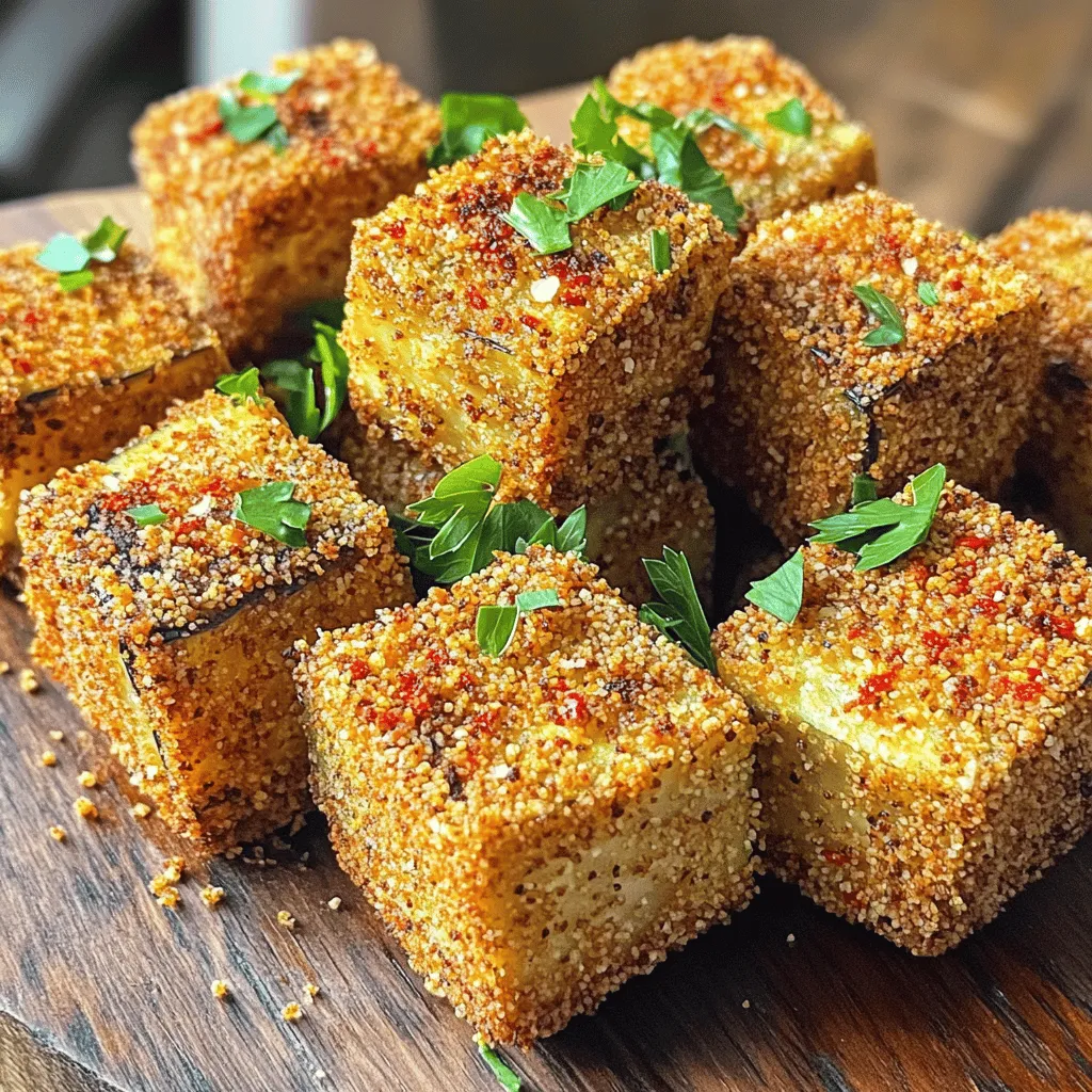 To make low-calorie air fryer eggplant, you need: - 1 medium eggplant, cut into 1-inch cubes - 1 tablespoon olive oil - 1 teaspoon garlic powder - 1 teaspoon smoked paprika - ½ teaspoon salt - ½ teaspoon black pepper - ½ cup whole wheat bread crumbs For a cheesy taste, add: - 2 tablespoons nutritional yeast You can also garnish with: - Fresh parsley, chopped Each serving has about: - Calories: 120 - Protein: 4g - Carbs: 15g - Fiber: 5g - Fat: 6g This dish gives you a tasty way to enjoy eggplant with less guilt. The olive oil helps to crisp the eggplant, while the spices add a punch of flavor. Nutritional yeast is optional, but it brings a nice cheesy note without the calories. Enjoy your cooking! Start by gathering your ingredients. You will need: - 1 medium eggplant, cut into 1-inch cubes - 1 tablespoon olive oil - 1 teaspoon garlic powder - 1 teaspoon smoked paprika - ½ teaspoon salt - ½ teaspoon black pepper - ½ cup whole wheat bread crumbs - 2 tablespoons nutritional yeast (optional for a cheesy flavor) - Fresh parsley, chopped (for garnish) 1. Preheat your air fryer to 375°F (190°C). This helps the eggplant cook evenly. 2. In a large bowl, toss the eggplant cubes with olive oil. Make sure all cubes are coated. 3. Add garlic powder, smoked paprika, salt, and black pepper. Mix well to evenly coat each piece. 1. In a separate bowl, combine the whole wheat bread crumbs and nutritional yeast if using. 2. Dredge each eggplant cube in the breadcrumb mixture. Ensure they are fully coated for extra crunch. 3. Place the coated eggplant cubes in the air fryer basket. Arrange them in a single layer. You may need to cook in batches. 4. Air fry for 12-15 minutes. Shake the basket halfway through. This helps them cook evenly and become crispy. 1. Once cooked, remove the eggplant from the air fryer. They should be crispy and golden brown. 2. Garnish with chopped fresh parsley for a pop of color and flavor. 3. Serve immediately for the best taste. Enjoy your low-calorie air fryer eggplant bites as a snack or side dish! When selecting eggplant, look for smooth, shiny skin. The skin should be firm and free of blemishes. Choose medium-sized eggplants. They are less bitter than larger ones. Heavier eggplants often have more moisture and taste better. Always check for freshness by pressing gently. It should feel slightly soft but not mushy. To get that perfect crunch, slice the eggplant into 1-inch cubes. This size helps them cook evenly. Toss the eggplant with olive oil and spices to coat them well. The oil helps achieve that crispy texture. Air fry at 375°F (190°C) for 12-15 minutes. Don't forget to shake the basket halfway through cooking. This step ensures all sides get crispy. You can boost flavor without adding too many calories. Use spices like garlic powder and smoked paprika. These add a tasty kick without extra fat. Nutritional yeast gives a cheesy flavor while being low in calories. Fresh herbs, like parsley, brighten the dish without extra calories. Try mixing different spices to find your favorite flavor combo. {{image_2}} Want some heat? You can make spicy air fryer eggplant bites. Just add cayenne pepper or red pepper flakes to the eggplant mix. Use about ½ teaspoon to start. Taste and add more if you like it spicier. This small change brings a kick and makes your snack exciting. If you want a cheesy flavor without dairy, use nutritional yeast. It adds a nice taste and is healthy too. You can also use vegan cheese shreds. Just sprinkle them on top of the eggplant bites before cooking. Check the package for the right amount. This option keeps your dish creamy and flavorful. Herbs and spices can boost the flavor of your air fryer eggplant. Try adding dried oregano, thyme, or basil to the mix. Use about 1 teaspoon of each. You can also add lemon zest for brightness. These herbs make each bite fresh and tasty. Feel free to mix and match to find your favorite blend! To store leftover air fryer eggplant, let it cool first. Place it in an airtight container. You can keep it in the fridge for up to three days. This keeps the flavors fresh and helps maintain texture. To reheat your eggplant bites, use the air fryer again. Set it to 350°F (175°C). Heat for about 5 to 7 minutes. This will make them crispy again. You can also use a regular oven. Just place them on a baking sheet. Yes, you can freeze eggplant bites. First, let them cool completely. Place them in a single layer on a baking sheet. Freeze for about an hour. Once frozen, transfer them to a freezer bag. They can last up to three months. When ready to eat, bake directly from frozen. To reduce bitterness in eggplant, sprinkle salt on the cubes. Let them sit for 20 minutes. The salt draws out moisture and bitterness. After 20 minutes, rinse the eggplant and pat it dry. This step makes a big difference in taste. Yes, you can use many vegetables in the air fryer. Try zucchini, bell peppers, or cauliflower. Each vegetable has a unique flavor and texture. Adjust cook times based on the type and size of the vegetable. This way, you can enjoy a variety of healthy snacks. Low-calorie air fryer eggplant pairs well with many foods. Serve it with a fresh salad or a dip, like hummus or tzatziki. You can also add it to pasta dishes or grain bowls. This adds flavor and nutrition to your meals. Enjoy mixing and matching! This blog post covered how to make tasty low-calorie air fryer eggplant. We discussed the key ingredients and steps for preparation and cooking. You learned tips for selecting the best eggplant and ways to keep it crispy. We also explored fun variations and how to store leftovers. In the end, making air fryer eggplant is simple and rewarding. Enjoy experimenting with flavors and textures. This dish is a great way to eat healthy while enjoying great taste. Happy cooking!