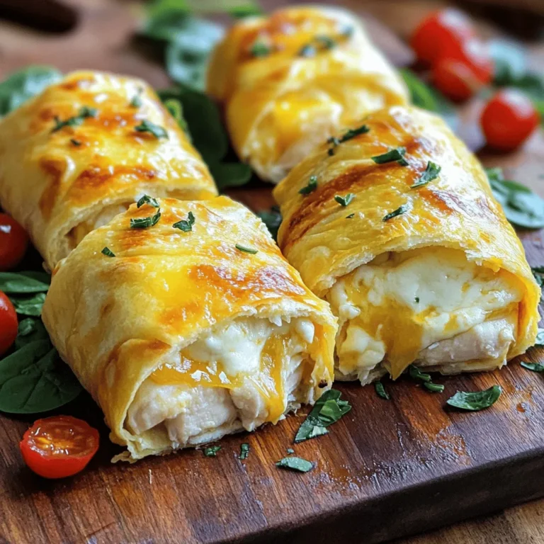 - 2 cups cooked chicken, shredded - 1 cup shredded mozzarella cheese - 1/2 cup cream cheese, softened The main ingredients in Cheesy Garlic Chicken Wraps are simple yet tasty. I love using shredded chicken because it adds great texture. Mozzarella cheese brings a rich, gooey feel. Cream cheese adds creaminess and ties all the flavors together. - 2 cloves garlic, minced - 1 teaspoon dried oregano - 1 teaspoon paprika - Salt and pepper to taste Seasonings make a big difference. Garlic gives a strong flavor that you can’t resist. Oregano brings a hint of earthiness. Paprika adds a touch of warmth and color. Don't forget to adjust salt and pepper to your taste. - 4 large flour tortillas - 1 cup spinach leaves - 1/2 cup cherry tomatoes, halved For the wraps, I choose large flour tortillas. They hold the filling well. Fresh spinach adds a nice crunch and color. Cherry tomatoes give a juicy burst in every bite. Together, these ingredients create a balanced meal that is both fun and satisfying. - Mix the chicken and cheese filling In a large bowl, combine 2 cups of shredded chicken, 1 cup of shredded mozzarella, and 1/2 cup of softened cream cheese. Add 2 cloves of minced garlic, 1 teaspoon of dried oregano, 1 teaspoon of paprika, and salt and pepper to taste. Mix until everything is well combined. - Prepare the tortillas Lay 4 large flour tortillas flat on a clean surface. This makes it easier to fill them without spilling. - Distributing filling and toppings Evenly spread the chicken mixture across the center of each tortilla. Leave about an inch of space at the edges. On top of the chicken, add fresh spinach leaves and halved cherry tomatoes. - Rolling the tortillas Fold in the sides of each tortilla first. Then, roll from the bottom to the top. This keeps all the yummy filling inside. - Preheating the skillet Heat a skillet on medium heat. This helps the wraps cook evenly and become nice and crispy. - Cooking time and technique Lightly brush the outside of each wrap with olive oil. Place the wraps seam-side down in the skillet. Cook for 3-4 minutes on each side. Look for a golden brown color and a crispy texture. Remove them from the skillet and let them cool for a minute before slicing them in half. To boost the taste of your cheesy garlic chicken wraps, consider these options: - Suggested seasonings: Add a pinch of cayenne for heat. Try Italian herbs for a fresh kick. - Cheese alternatives: Swap mozzarella for cheddar or pepper jack. Cream cheese can be replaced with ricotta for a lighter touch. Getting the right crispiness is key to a great wrap. Here’s how: - Achieving the perfect crispiness: Make sure your skillet is hot before adding the wraps. Brush the outside with olive oil for that golden crust. - Skillet alternatives: Use an air fryer for a healthier option. It cooks evenly and gives a nice crunch without much oil. A pretty wrap makes for a tasty meal. Here are some ideas: - Garnishing suggestions: Sprinkle fresh herbs like parsley or basil on top. Add a slice of lemon for color and zest. - Serving recommendations: Place your wraps on a wooden board. Pair them with a side of salsa or a creamy dip for extra flavor. {{image_2}} Alternative proteins If you do not have chicken, try turkey or pork. You can also use canned tuna for a quick meal. For a delicious twist, shredded beef works well too. Each option brings its own taste. Vegetarian options For a meatless wrap, use beans or lentils. They give you protein and fiber. Grilled mushrooms add a nice texture and flavor. You can also use roasted veggies for a fresh, colorful option. Baking vs. frying Baking wraps gives them a healthy twist. Preheat your oven to 400°F. Place the wraps on a baking sheet and cook for about 15 minutes. This method keeps them crispy without extra oil. Frying, on the other hand, gives you a golden, crunchy outside. Cook them in a skillet for about 3-4 minutes per side. Grilling ideas Grilling adds a tasty char. Preheat your grill, then place the wraps on it for about 5 minutes. Use a pan if you want to keep all the filling inside. The grill marks and smoky flavor enhance the dish. Adding spices Want to spice things up? Add chili powder or cumin for a kick. You can also try Italian herbs for a new flavor. Just a pinch of cayenne adds heat without overwhelming the taste. Pairing sauces Sauces make wraps even better. A zesty salsa adds freshness. You could also serve them with ranch or garlic aioli. Each sauce brings out different flavors in the wrap. Choose based on your mood! To keep your cheesy garlic chicken wraps fresh, store them in the fridge. Use an airtight container. This helps keep them moist and tasty. You can also wrap each one in plastic wrap. This keeps them from drying out. They stay good in the fridge for up to three days. When you want to enjoy your wraps again, reheating is key. The best way is to use a skillet. Heat it on medium. Place the wraps in the skillet for about three minutes on each side. This keeps them crispy. You can also use a microwave, but the wraps might get soft. If you use the microwave, heat for 30 seconds. Then check if they are warm enough. Freezing your wraps is a great way to save leftovers. First, let them cool completely. Then, wrap each one in plastic wrap. After that, place them in a freezer bag. This helps prevent freezer burn. Your wraps will stay good for up to two months in the freezer. To thaw, place them in the fridge overnight or microwave for a few minutes. To make Cheesy Garlic Chicken Wraps, first, mix cooked chicken, mozzarella cheese, cream cheese, minced garlic, oregano, paprika, salt, and pepper in a bowl. Then lay out your tortillas flat. Spread the chicken mixture in the middle of each tortilla. Add fresh spinach and cherry tomatoes on top. Fold in the sides and roll the tortillas tightly. Finally, cook them in a skillet until golden brown and crispy. This simple method gives you delicious wraps in just 25 minutes. Yes, you can use different types of cheese in your wraps. Cheddar, gouda, or pepper jack can all work well. Each cheese brings its own flavor. Mixing cheeses can also enhance the taste. Just make sure to use a cheese that melts well for a creamy texture. You can serve Cheesy Garlic Chicken Wraps with many sides. A fresh salad pairs nicely. You can also add salsa or a creamy dipping sauce for extra flavor. Consider tortilla chips for a crunchy side. These wraps are versatile and fit well with many side dishes. You can store the wraps in the fridge for up to three days. Keep them in an airtight container to maintain freshness. If you want to keep them longer, you can freeze them. Just wrap them tightly in plastic wrap and place them in a freezer bag. They can last up to three months in the freezer. In this blog post, we covered how to make Cheesy Garlic Chicken Wraps. We looked at the key ingredients, from shredded chicken and mozzarella cheese to fresh spinach and cherry tomatoes. You learned the step-by-step process, tips for flavor, and ways to vary this dish. Remember, cooking should be fun! Try new flavors and make it your own. Enjoy these wraps as a tasty meal or snack any time. Happy cooking!