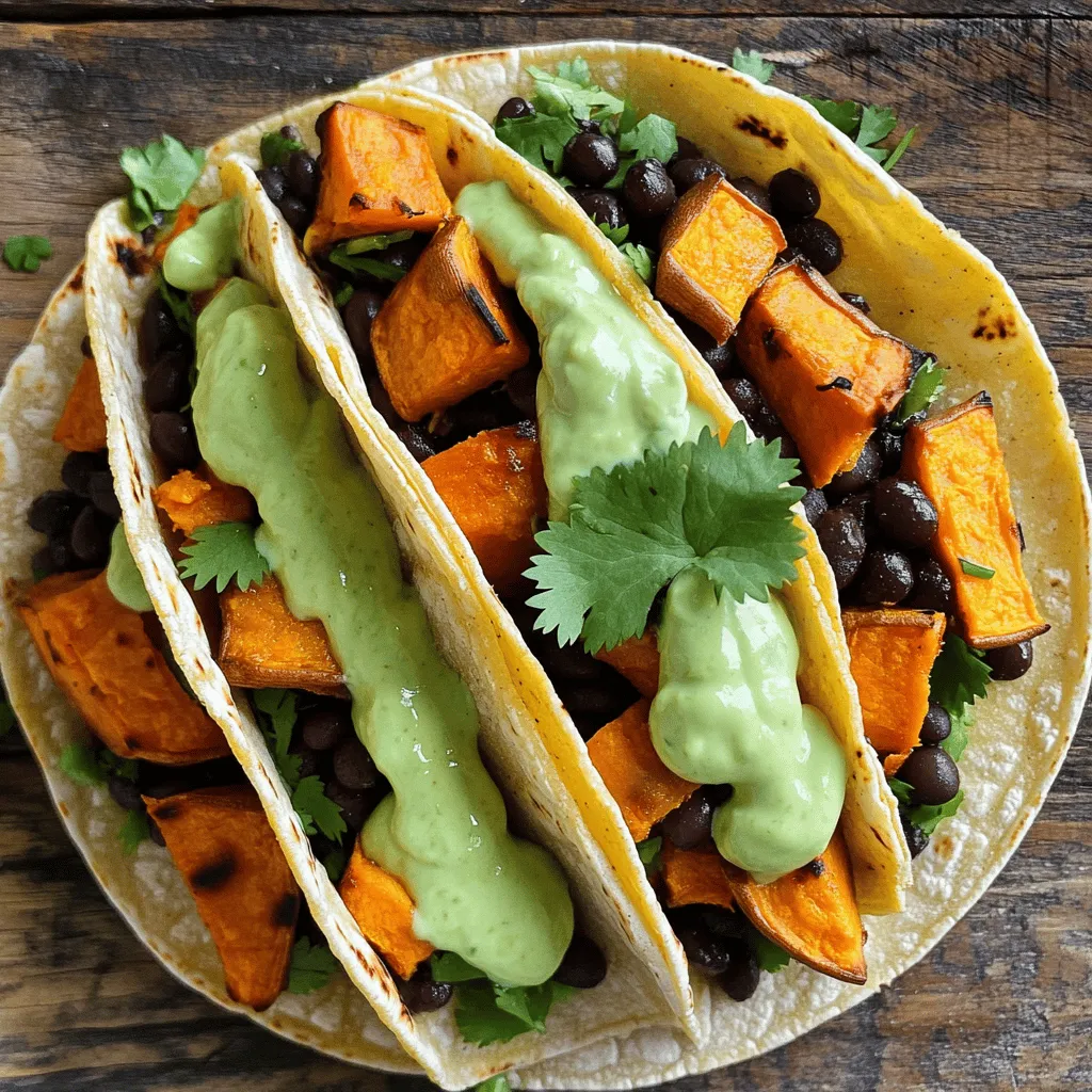- 2 medium sweet potatoes, peeled and diced - 1 can (15 oz) black beans, rinsed and drained - 8 small corn tortillas Sweet potatoes add a sweet and creamy texture to your tacos. I love how they pair with black beans for protein and fiber. Corn tortillas are the perfect wrap to hold all the flavors. - 1 ripe avocado - 1/2 cup Greek yogurt - 1 tablespoon lime juice - 1 garlic clove, minced - Salt to taste Avocado crema gives your tacos a rich and creamy touch. The lime juice adds a nice zing, while Greek yogurt keeps it light and healthy. This blend makes the perfect topping! - 1 tablespoon olive oil - 1 teaspoon cumin - 1 teaspoon smoked paprika - 1/2 teaspoon chili powder - Salt and pepper to taste - Fresh cilantro, chopped (for garnish) Seasonings bring the whole dish to life. Olive oil helps roast the sweet potatoes, making them tender. Cumin, smoked paprika, and chili powder add layers of flavor. Fresh cilantro brightens everything up and adds color. - Preheat the Oven: First, set your oven to 425°F (220°C). This high heat helps the sweet potatoes roast perfectly. - Prepare the Avocado Crema: Next, grab a blender. Add one ripe avocado, half a cup of Greek yogurt, one tablespoon of lime juice, one minced garlic clove, and a pinch of salt. Blend until smooth. Taste it and adjust the salt if needed. - Roast the Sweet Potatoes: In a bowl, mix two medium sweet potatoes, peeled and diced, with one tablespoon of olive oil, one teaspoon of cumin, one teaspoon of smoked paprika, and half a teaspoon of chili powder. Add salt and pepper to taste. Spread this mix on a baking sheet in a single layer. Roast for 25-30 minutes, stirring halfway. They should be tender and a bit caramelized. - Warm the Tortillas: To warm eight small corn tortillas, heat a skillet over medium. Cook each tortilla for about 30 seconds on each side until they are soft. Alternatively, wrap them in foil and warm them in the oven for about 10 minutes. - Assemble the Tacos: For each warm tortilla, add a generous scoop of the roasted sweet potatoes. Then, add a spoonful of black beans, which you should rinse and drain first. - Garnish and Serve: Drizzle your smooth avocado crema over the tacos. Lastly, sprinkle chopped fresh cilantro on top for extra flavor and color. Serve these tacos warm and enjoy! Choosing the Best Sweet Potatoes Look for sweet potatoes that are firm and smooth. They should be free of bruises or soft spots. I prefer medium-sized sweet potatoes for this recipe. They cook evenly and fit well in tacos. Mixing Seasonings for Optimal Flavor To boost flavor, combine cumin, smoked paprika, and chili powder. These spices add warmth and depth. Adjust the spice levels to suit your taste. A pinch of salt enhances all the flavors. Adding Spice or Fresh Herbs You can spice up the avocado crema easily. Try adding jalapeños for heat or fresh cilantro for a burst of flavor. Fresh lime juice brightens the crema, making it even tastier. Substituting Greek Yogurt If you want a dairy-free option, swap Greek yogurt with silken tofu. This will keep the crema creamy. You can also use coconut yogurt for a unique twist. Best Methods for Warming Tortillas Warm tortillas on a skillet or in the oven. Heat them for about 30 seconds on each side. This makes them soft and easy to fold. Wrapping them in foil keeps them warm too. Gluten-Free Options for Tortillas Choose corn tortillas for a gluten-free option. They add a nice flavor and texture. You can also find gluten-free flour tortillas at many stores. {{image_2}} You can switch black beans for different beans. Pinto beans or kidney beans add a nice twist. Each type brings its own flavor and texture. If you want more protein, try adding lentils. Lentils cook quickly and mix well with sweet potatoes. They make the tacos heartier and filling. Tacos are great with many toppings. You can add salsa for extra zest. A sprinkle of cheese can give a creamy touch. Don’t forget to try different veggies. Shredded cabbage or diced tomatoes can add crunch. Fresh jalapeños bring heat and flavor. Let your taste guide you! When it comes to flavor, you can mix sweet and savory. A touch of honey or maple syrup can enhance sweetness. For those who like it hot, add chili flakes or hot sauce. Lime juice adds brightness and cuts through richness. Experiment with these flavors to find your perfect taco! To keep your tacos fresh, store the sweet potato and black bean mix in an airtight container. This way, they stay tasty for up to three days. For the tortillas, wrap them in foil or place them in a zip-top bag. This helps prevent them from drying out. When it comes to the avocado crema, store it separately. Use a small jar with a tight lid. The crema can last for two days in the fridge. If you notice browning, stir it well before using. A little lime juice can also help keep it bright green. To reheat the sweet potato tacos, use a skillet over medium heat. Place your mix in the skillet and warm it for about five minutes. Stir it often to ensure even heating. If you want to keep your tortillas soft, wrap them in a damp paper towel. Microwave them for 15-20 seconds. This keeps them warm and pliable. Another option is to place the tortillas in the oven. Wrap them in foil and heat for about 10 minutes at 350°F (175°C). This method warms them through without making them crispy. You can freeze the sweet potato and black bean mix as well. Place it in a freezer-safe container and use it within three months. When you’re ready to eat, just thaw it overnight in the fridge and reheat it. However, freezing avocado crema is tricky. It can change in texture when thawed, becoming grainy. If you want to try, freeze it in ice cube trays. Once frozen, transfer to a zip-top bag. Use within one month for the best taste. To make these tacos vegan, swap Greek yogurt for a plant-based option. You can use coconut yogurt or cashew cream. Both add creaminess without dairy. For toppings, try fresh avocado slices, diced tomatoes, or a zesty salsa. These options keep the flavors bright and fresh. Yes, you can use frozen sweet potatoes! First, thaw them in the fridge overnight. If you're short on time, microwave them until soft. Drain any excess water before roasting. Toss them in olive oil and spices like you would fresh sweet potatoes. Roast until they are tender and caramelized. These tacos pair well with a simple salad or rice. A fresh corn salad adds a nice crunch. For drinks, try a light beer or a fruity mocktail. These choices complement the flavors without overpowering them. Enjoy a complete meal with easy sides and drinks! You now know how to make delicious sweet potato black bean tacos. We covered the key ingredients, like sweet potatoes and black beans, and the easy steps to make them. The avocado crema adds a creamy twist. Remember, you can adjust flavors and toppings to fit your taste. Store leftovers properly and reheat them right. Get creative and have fun with this recipe. Enjoy your taco night.