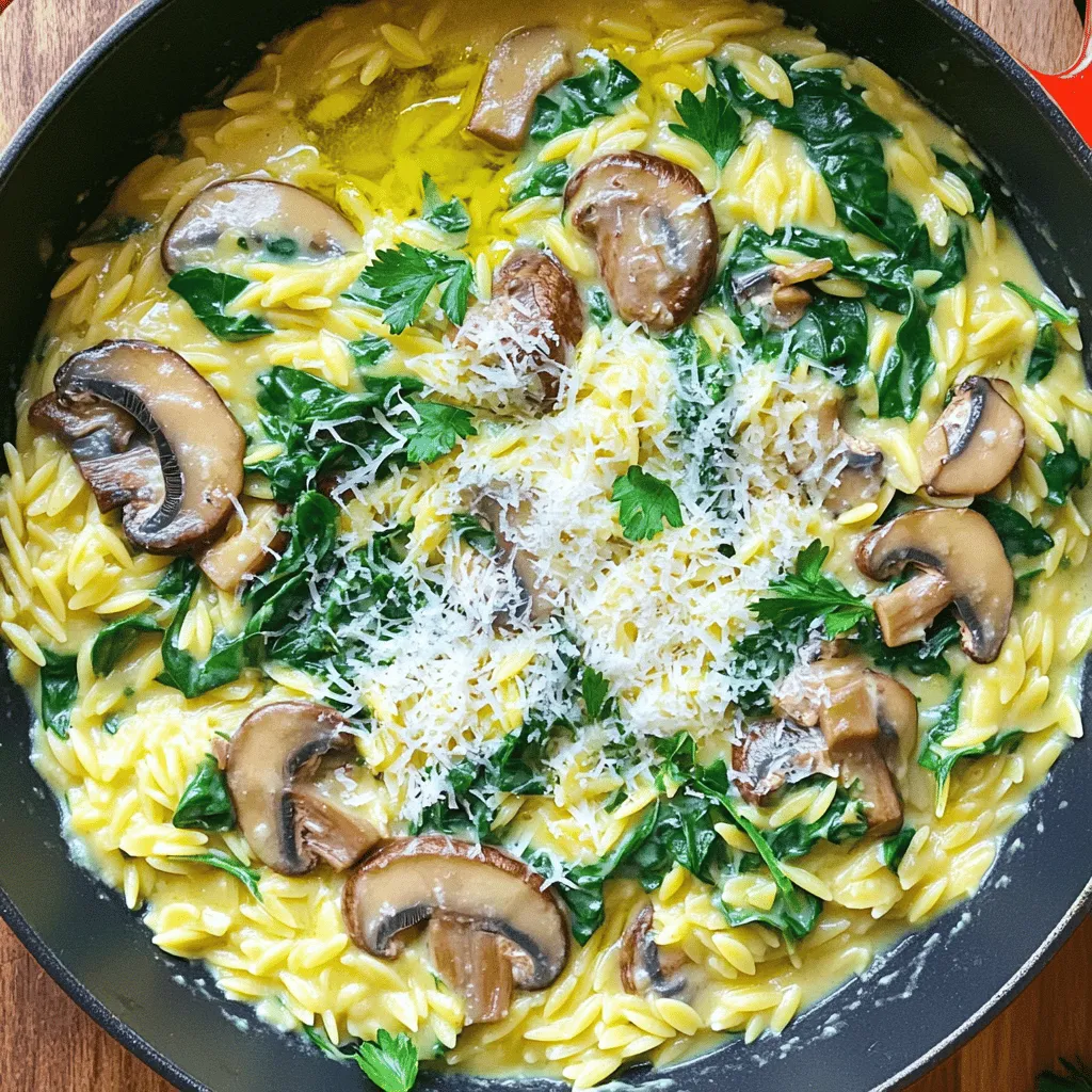 - 1 cup orzo pasta - 2 tablespoons olive oil - 1 small onion, finely chopped - 3 cloves garlic, minced - 8 ounces mushrooms, sliced (cremini or button) - 2 cups fresh spinach - 1 ½ cups vegetable broth - ½ cup heavy cream - ½ cup grated Parmesan cheese - Salt and pepper to taste - 1 teaspoon dried thyme - 1 teaspoon lemon juice - Fresh parsley, chopped for garnish (optional) To make creamy mushroom spinach orzo, gather all your ingredients first. I like to prep everything before cooking. It keeps me organized and makes the process smooth. You need orzo pasta, which is small and cooks quickly. Olive oil adds a rich flavor and helps sauté the onion. A finely chopped small onion and minced garlic give a great base. Mushrooms bring umami and texture. I prefer cremini or button mushrooms; they are easy to find and tasty. Fresh spinach adds color and nutrients. Vegetable broth provides depth and moisture. Heavy cream turns the dish creamy and rich. Parmesan cheese adds a salty kick. Salt and pepper balance the flavors, while dried thyme infuses a warm aroma. A splash of lemon juice brightens the dish, and fresh parsley makes it pretty. With these ingredients ready, you’re one step closer to a delicious meal! 1. Heating the olive oil and sautéing onion Start by heating 2 tablespoons of olive oil in a large skillet over medium heat. Add 1 small chopped onion. Sauté for about 3-4 minutes until it turns soft and clear. This step builds a tasty base for your dish. 2. Adding garlic and mushrooms to the skillet Next, add 3 minced cloves of garlic and 8 ounces of sliced mushrooms to the skillet. Cook this mix for about 5-7 minutes. Stir often until the mushrooms soften and release their moisture. This adds rich flavor to your meal. 3. Incorporating orzo and toasting it slightly Now, pour in 1 cup of orzo pasta. Stir it into the mushroom mix. Toast the orzo for 1-2 minutes. This step adds a nice nutty taste to the dish. 4. Pouring in vegetable broth and adding thyme After toasting, pour in 1 ½ cups of vegetable broth and add 1 teaspoon of dried thyme. Stir it all together and bring it to a boil. The broth gives your orzo a nice depth of flavor. 5. Simmering the orzo mixture Once it’s boiling, lower the heat to keep it at a gentle simmer. Cover the skillet and let it cook for about 10-12 minutes. Stir occasionally. The orzo should absorb most of the liquid and become tender during this time. 6. Adding spinach and cream for creaminess When the orzo is ready, add 2 cups of fresh spinach and ½ cup of heavy cream. Stir until the spinach wilts and the mixture turns creamy. This step makes your dish rich and comforting. 7. Stirring in Parmesan cheese and seasoning Finally, mix in ½ cup of grated Parmesan cheese and 1 teaspoon of lemon juice. Season with salt and pepper to taste. Stir until everything is creamy and well combined. This adds a nice cheesy flavor and a hint of brightness. 8. Serving suggestions with garnish Serve your creamy mushroom spinach orzo warm. For a lovely touch, garnish with fresh chopped parsley if you like. This adds a pop of color and flavor to your dish. Enjoy your meal! - Choosing the right type of mushrooms: I love using cremini or button mushrooms. They add great flavor and texture. Cremini mushrooms have a deeper taste, while button mushrooms are milder. You can mix them for a fun twist! - Cooking the orzo for the perfect texture: Cook orzo until it’s al dente. This means it should be firm, but not hard. Stir often to prevent it from sticking. You want each piece to soak up the broth without becoming mushy. - How to achieve creaminess without curdling: To keep your dish creamy, add heavy cream slowly. Stir it in gently over low heat. This way, it blends well and doesn’t curdle. A little lemon juice helps balance the flavors too! - Prepping ingredients in advance: Chop your onions and garlic ahead of time. You can also slice mushrooms and wash the spinach. Having everything ready makes cooking faster and easier. - Using pre-sliced vegetables and broth: If you’re short on time, buy pre-sliced mushrooms and ready-made vegetable broth. These small changes cut down prep time and still taste great! - Recommended skillet types: A good non-stick skillet is your best friend for this dish. It helps cook evenly and makes clean-up a breeze. A cast-iron skillet also works well if you prefer a little more heat retention. - Essential tools for easy cooking: Use a wooden spoon for stirring. A measuring cup for orzo and broth helps too. Don’t forget a sharp knife for chopping! These tools keep your cooking smooth and efficient. {{image_2}} You can swap out veggies based on what you have. Try zucchini, bell peppers, or carrots. Each brings a new taste and crunch. For a dairy-free option, use coconut cream or cashew cream. Both give a rich texture without dairy. Add fresh herbs like basil or parsley for a fresh pop. You can also sprinkle in some red pepper flakes for heat. Want more protein? Toss in cooked chicken, shrimp, or even chickpeas. They boost nutrition and make the dish heartier. For gluten-free needs, choose gluten-free orzo made from rice or corn. This keeps the dish tasty without gluten. Looking for vegan options? Skip the cream and cheese, using plant-based substitutes instead. Nutritional yeast can add a cheesy flavor too. To keep your creamy mushroom spinach orzo fresh, store it in the fridge. Use an airtight container to prevent it from drying out. Make sure to cool the dish to room temperature before sealing it. This helps keep flavors intact. When you want to enjoy leftovers, reheat them on the stove or in the microwave. If using the stove, add a splash of broth or cream. This will help keep it creamy. Stir well to mix in the moisture. If using a microwave, heat in short bursts and stir in between. Yes, you can freeze this dish! To freeze, let it cool completely, then transfer it to a freezer-safe container. Label the container with the date. When ready to eat, thaw it in the fridge overnight. Reheat gently on the stove, adding a bit of cream to restore its creamy texture. How do I make the orzo more flavorful? To make the orzo tasty, you can add spices. Try using garlic powder, onion powder, or a pinch of red pepper flakes. You can also sauté the orzo in olive oil before adding broth. This step gives it a nice nutty flavor that enhances the dish. Can I use frozen spinach instead of fresh? Yes, you can use frozen spinach. Just make sure to thaw and drain it well. Frozen spinach can save you time and still adds great flavor. It may not have the same texture as fresh, but it works well in this dish. What's a good alternative to Parmesan cheese? If you need a substitute for Parmesan, try Pecorino Romano or nutritional yeast. Both can add a salty flavor. You can also use any hard cheese you like, such as Grana Padano or aged Gouda. How long does it take to cook orzo? Cooking orzo takes about 10 to 12 minutes. It cooks quickly, so keep an eye on it. You want it to be tender but still firm to the bite. Can I make this dish in advance? Yes, you can prepare this dish ahead of time. Just store it in the fridge and reheat it later. The flavors will meld together nicely, making it even tastier. What kind of broth is best for this recipe? Vegetable broth works well for this recipe. It adds depth without overpowering the other flavors. You can also use chicken broth for a richer taste. Can I omit the cream for a lighter version? Yes, you can leave out the cream. Instead, add extra vegetable broth or a splash of milk. This change will keep the dish creamy without the heaviness of cream. This dish combines simple ingredients and easy steps for a tasty meal. You learned how to cook orzo with mushrooms and spinach, creating a creamy delight. The tips and tricks provided help you improve your cooking skills and save time. Remember, you can adjust flavors and ingredients to fit your taste. Leftovers are easy to store and reheat. Experiment with variations to keep meals exciting. Enjoy making this dish, and share it with family and friends for a comforting meal!