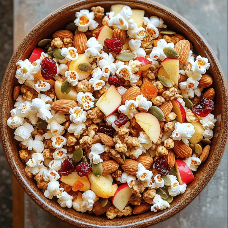 - 2 cups mixed nuts (walnuts, pecans, almonds) - 1 cup pumpkin seeds (pepitas) - 1 cup dried cranberries - 1 cup dried apple chunks - 1 cup popcorn (popped, lightly salted) - 1 teaspoon ground cinnamon - ½ teaspoon nutmeg - ¼ cup maple syrup - Pinch of sea salt The key ingredients for Autumn Harvest Snack Mix bring warmth and flavor. Mixed nuts like walnuts, pecans, and almonds add crunch and protein. Pumpkin seeds give a fun twist with their nutty taste. Dried cranberries and apple chunks add sweet and tart notes, making each bite exciting. Seasonal touches like ground cinnamon and nutmeg enhance the fall vibe. These spices create a cozy aroma that fills your kitchen. The maple syrup ties everything together with a hint of natural sweetness. You can customize your mix by adding in extras. Try dark chocolate chips for a sweet kick. Sunflower seeds can replace pumpkin seeds for a different crunch. You might also consider adding raisins or coconut flakes for variety. This snack mix is all about making it your own! 1. Preheating and preparing your workspace First, set your oven to 350°F (175°C). This is the perfect temperature for toasting nuts and warming syrup. While it heats, clear your counter and gather your tools. You will need a large mixing bowl, a small saucepan, and a baking sheet lined with parchment paper. 2. Mixing dry ingredients for the snack mix In your large bowl, combine two cups of mixed nuts. Use walnuts, pecans, or almonds—whatever you like best. Add one cup of pumpkin seeds. Next, toss in one cup of dried cranberries and one cup of dried apple chunks. Mix these together gently; this way, each bite is full of flavor. 3. Creating the spiced syrup Take your small saucepan and add a quarter cup of maple syrup. Then, add one teaspoon of ground cinnamon, half a teaspoon of nutmeg, and a pinch of sea salt. Heat this mixture on low. Stir until it blends well. The warm syrup adds a sweet and spicy kick to your snack mix. 1. Spreading the mix on a baking sheet After combining your dry ingredients with the syrup, pour the mixture onto your lined baking sheet. Spread it out evenly. This helps each part of the mix toast nicely. 2. Importance of stirring halfway Bake the mix for 15 to 20 minutes. But remember to stir it halfway through! This step ensures that all the nuts and fruits toast evenly and develop that perfect crunch. 3. Cooling and combining with popcorn Once baked, take the sheet out and let the mix cool completely. This cooling time helps it firm up. After it cools, add one cup of lightly salted popcorn to the mix. Toss everything together well. This adds a fun, airy texture to your autumn treat. Now you have a delicious snack mix, ready to enjoy! To make the best autumn harvest snack mix, start with toasting your nuts. This brings out their flavor and crunch. Spread them in a single layer on a baking sheet. Toast them at 350°F for about 8-10 minutes. Watch closely to avoid burning. Next, balance the flavors. You want sweet, salty, and spicy notes. The dried cranberries and apple chunks add sweetness. The maple syrup gives a rich taste. Use just the right amount of salt to bring out these flavors. Adjusting sweetness and spice is key. If you like it sweeter, add more maple syrup. For a spicier kick, increase the cinnamon or add a pinch of cayenne. Taste as you go to find your perfect mix. This snack mix is great for many occasions. Serve it at fall parties, game nights, or family gatherings. It’s a perfect snack for road trips or movie nights too. Pair your snack mix with warm apple cider or a spiced hot chocolate. The sweet drink complements the nutty flavors. You can also enjoy it with a light beer or sparkling water. Presentation matters! Use a large bowl for sharing. You can also fill small bags for guests to take home. Add a few decorative touches, like autumn leaves, for a festive look. {{image_2}} To make your Autumn Harvest Snack Mix even more fun, try adding chocolate or caramel. A handful of dark chocolate chips gives a sweet touch. Drizzling melted caramel over the mix can also add a nice twist. You can also experiment with seasonal fruits. Figs or pears can add a fresh, juicy bite. Just chop them into small pieces before mixing them in. Each fruit brings a unique flavor that brightens the mix. Changing up the nuts and seeds can create new tastes. You might use cashews, hazelnuts, or sunflower seeds. Each nut offers a different crunch and flavor, making the mix yours. If you need a gluten-free option, you can easily swap out any ingredients. The nuts, seeds, and fruits are naturally gluten-free. Just make sure your popcorn is also gluten-free. For those who want a vegan treat, replace maple syrup with agave nectar. This keeps the sweetness while ensuring it fits a vegan diet. If you want to cut down on sugar, use unsweetened dried fruits. You can also reduce the amount of maple syrup. Your snack mix will still taste great with less sweetness. To keep your Autumn Harvest Snack Mix fresh, use an airtight container. Glass jars or plastic containers work well. They help keep air out and flavors in. Store your snack mix in a cool, dry place. A pantry or kitchen cabinet is great. Avoid warm spots, as heat can spoil the nuts and seeds. If you want to keep your mix extra fresh, place a piece of bread in the container. It can help absorb moisture. This tip is simple yet effective! Your Autumn Harvest Snack Mix can last up to two weeks when stored properly. The mixed nuts and pumpkin seeds are key ingredients that keep well. Dried fruits also have a long shelf life, but they can lose flavor over time. Check for any signs of spoilage. If the nuts smell off or taste stale, it’s best to toss them. Keep an eye on the mix. Freshness makes a big difference in taste! How can I make this snack mix gluten-free? To make this snack mix gluten-free, use gluten-free oats or popcorn. Check all labels on nuts and seeds to ensure they are gluten-free. Most mixed nuts and seeds are safe, but some brands may add gluten. Can I use fresh fruit instead of dried? You can use fresh fruit, but it will change the texture. Fresh fruit has more water, which can make the mix soggy. If you use fresh fruit, eat the mix right away. What is the best way to serve and store leftovers? Serve this mix in a big bowl for sharing. For leftovers, store the mix in an airtight container. Keep it in a cool, dry place. It stays fresh for up to two weeks. Overview of calorie count and serving size One serving of this snack mix is about 1/2 cup. Each serving has roughly 200 calories. This is a great snack to keep you full without overdoing it. Main nutrients and health benefits of ingredients - Mixed nuts: High in healthy fats, protein, and fiber. They support heart health. - Pumpkin seeds: Rich in magnesium and zinc. They help boost your immune system. - Dried cranberries: Packed with antioxidants. They are good for your skin. - Dried apple chunks: Provide natural sweetness and fiber. They aid digestion. - Popcorn: Low in calories and high in fiber. It helps you feel full. - Cinnamon and nutmeg: Add flavor and may help control blood sugar. - Maple syrup: A natural sweetener that gives energy without refined sugars. This article covered how to make a delicious Autumn Harvest Snack Mix. We explored key ingredients, preparation steps, and baking tips. I shared advice on perfecting flavors and serving suggestions for any occasion. You can also customize the mix to suit your tastes or dietary needs. Remember to store it well to keep it fresh. Enjoy creating your snack mix, knowing it fits the season and your needs. Dive into your kitchen and make something tasty today!