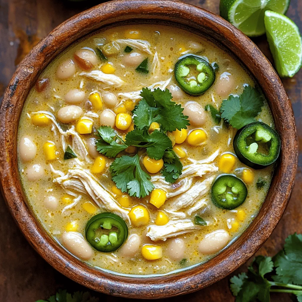 - 1.5 lbs boneless, skinless chicken breasts - 1 medium onion, chopped - 2 cloves garlic, minced - 1 can (15 oz) white beans, drained and rinsed - 1 can (15 oz) corn, drained - 1 can (4 oz) diced green chilies - 4 cups chicken broth - 1 teaspoon ground cumin - 1 teaspoon smoked paprika - ½ teaspoon ground coriander - Salt and pepper to taste - 1 cup heavy cream or coconut cream for a lighter option For this creamy white chicken chili, I suggest starting with fresh, high-quality chicken. It makes a big difference in taste. The onion and garlic add a strong base flavor. Together, they create a warm and inviting aroma as they cook. Use canned white beans and corn for easy prep. They add texture and nutrition. Diced green chilies bring a mild heat that elevates the dish. The chicken broth is key. It keeps everything moist and full of flavor. Season the chili with ground cumin, smoked paprika, and coriander. These spices add depth and warmth to the dish. Finally, adjust your salt and pepper to match your taste. - Fresh cilantro - Jalapeños - Lime wedges Garnishes can transform your dish. Fresh cilantro adds a burst of color and a bright taste. Sliced jalapeños provide a spicy kick for those who enjoy heat. Lime wedges give a fresh and zesty finish. Squeeze some lime juice over your bowl for a perfect blend. These garnishes not only enhance the look but also the flavor of your chili. 1. Start with the chicken. Place the chicken breasts right at the bottom of the slow cooker. This helps them cook evenly. 2. Next, add the chopped onion and minced garlic on top of the chicken. This will give your chili a tasty base. 3. Layer in the white beans, corn, and diced green chilies next. These add great texture and flavor. 4. Pour in the chicken broth. Then, sprinkle the cumin, smoked paprika, ground coriander, salt, and pepper on top. This builds the chili's flavor profile. 1. Now, cover the slow cooker. Set it on low for 7-8 hours or high for 4-5 hours. The chicken should cook until it is tender and juicy. 2. After cooking, take the chicken out. Use two forks to shred the chicken into bite-sized pieces. This makes it easier to mix back into the chili. Return the shredded chicken to the slow cooker. 1. Stir in the heavy cream or coconut cream. This will make your chili rich and creamy. Let it heat through for 10-15 minutes on low. 2. Finally, taste your chili. Adjust the seasoning by adding more salt and pepper if needed. This ensures each bite is full of flavor. Selecting the right chicken Choose boneless, skinless chicken breasts for this recipe. They cook evenly and shred well. You can use thighs if you prefer a richer taste. Just make sure they are skinless for a creamy chili. Ensuring perfect texture Cook the chicken low and slow. This method makes it tender and easy to shred. If you are short on time, cook on high for 4-5 hours. Either way, shred the chicken back into the chili for a great mix of flavors and textures. Bowl presentation ideas Serve your chili in deep bowls. Top it with fresh cilantro and jalapeño slices. A squeeze of lime adds a bright touch. This makes every bite burst with flavor and looks great too! Storing leftovers Place any leftover chili in an airtight container. Store it in the fridge for up to three days. You can also freeze it for up to three months. Thaw in the fridge overnight before reheating for the best taste. {{image_2}} You can change the protein in this chili. Try turkey or pork for a new taste. If you want a vegetarian option, use tofu or beans. These swaps keep flavors rich and delicious. Adding more vegetables adds nutrition. You can mix in bell peppers or zucchini. Spinach or kale also works well. These veggies boost flavor and color. You can adjust the spice levels to suit your taste. If you like heat, add more diced jalapeños. A pinch of cayenne pepper gives it a nice kick. If you prefer mild flavors, hold back on the spices. For cream options, you can use coconut cream for a lighter touch. This adds a hint of sweetness. You can also try Greek yogurt for a tangy twist. These choices make it fun to experiment! Store your leftover creamy white chicken chili in an airtight container. This helps keep it fresh. You can refrigerate it for up to three days. When you want a quick meal, just grab it from the fridge. For longer storage, freeze the chili. Use freezer-safe containers or bags. It can stay good for up to three months in the freezer. Be sure to label the bags with the date. This way, you always know what you have on hand. When you're ready to enjoy your chili again, you have a couple of easy options. For the microwave, pour the chili into a bowl. Heat it on high for one to two minutes. Stir halfway through to heat evenly. If you prefer the stove, pour the chili into a pot. Heat it over medium heat. Stir often until it’s hot. This method keeps the chili creamy and rich. Adjust the heat as needed to avoid boiling. Enjoy it warm like the first time! Can I make this chili without chicken? Yes, you can. Use beans or tofu instead of chicken. This makes it a great vegetarian dish. You can add more veggies like zucchini or bell peppers for extra flavor and nutrition. How long can I store leftovers? You can keep leftovers in the fridge for up to three days. Make sure to store it in an airtight container. If you want to keep it longer, freeze it for up to three months. What to serve with white chicken chili? This chili pairs well with cornbread or tortilla chips. You can also add a side salad for freshness. Lime wedges and extra cilantro make great toppings. Why did my chili turn out watery? A watery chili can come from too much broth or not enough thickening agents. Make sure to measure your broth carefully. You can also add more beans to help thicken it. How can I thicken the chili? To thicken your chili, mash some beans in the pot. You can also add a mixture of cornstarch and water. Let it cook a little longer to help it thicken up. What spices enhance the flavor? Using spices like cumin, smoked paprika, and ground coriander adds depth. You can also try cayenne for heat or oregano for a fresh taste. A pinch of salt and pepper brightens all the flavors. You learned about making white chicken chili. We covered key ingredients like chicken, veggies, and broth. The step-by-step guide helped you layer flavors and cook perfectly. I shared tips for texture and serving ideas. Feel free to customize the recipe with different proteins or add more veggies. Don’t forget to store leftovers correctly for future meals. With these insights, you're ready to create a tasty chili that’s sure to please everyone. Happy cooking!