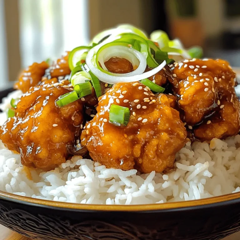 For the main part of the dish, you need: - 1 lb boneless chicken thighs, cut into bite-sized pieces - 1/2 cup cornstarch - 1/2 cup all-purpose flour - 1 teaspoon baking powder - 1 teaspoon garlic powder - 1 teaspoon onion powder - Salt and pepper to taste - Oil for frying These ingredients are key for that crispy texture. The chicken thighs stay juicy inside, while the coating gets golden brown. The sauce is what makes this dish shine. Gather these items: - 1/4 cup soy sauce - 1/4 cup chicken broth - 2 tablespoons rice vinegar - 2 tablespoons brown sugar - 1 tablespoon hoisin sauce - 1 tablespoon sesame oil - 2 teaspoons ginger, minced - 2 teaspoons garlic, minced - 1 teaspoon red pepper flakes (adjust to taste) This mix brings a balance of sweet and savory. The spice level can be changed based on your taste. For the final touch, you will need: - Sliced green onions - Toasted sesame seeds These garnishes add color and a bit of crunch. They make your dish look pretty and tasty. Start with 1 pound of boneless chicken thighs. Cut them into bite-sized pieces. In a large bowl, mix 1/2 cup of cornstarch, 1/2 cup of all-purpose flour, 1 teaspoon of baking powder, 1 teaspoon of garlic powder, and 1 teaspoon of onion powder. Add salt and pepper to taste. Mix this well. Now, add the chicken pieces to the bowl. Make sure each piece is coated well with the flour mix. In another saucepan, you'll create the sauce. Combine 1/4 cup of soy sauce, 1/4 cup of chicken broth, 2 tablespoons of rice vinegar, and 2 tablespoons of brown sugar. Add 1 tablespoon of hoisin sauce, 1 tablespoon of sesame oil, 2 teaspoons of minced ginger, 2 teaspoons of minced garlic, and 1 teaspoon of red pepper flakes. Heat this mixture over medium heat. Stir it occasionally until the sauce thickens slightly, about 3-5 minutes. Now, heat oil in a deep frying pan over medium-high heat. Once the oil is hot, carefully add the coated chicken pieces. Fry them in batches until golden brown and crispy, about 5-7 minutes. Use a slotted spoon to remove the chicken and let it drain on paper towels. After frying, add the chicken pieces to the sauce. Toss them well to coat. Cook for 2 more minutes, and then serve hot. To get that perfect crunch, use a mix of cornstarch and flour. The cornstarch creates a light, crispy coating. Make sure to coat each chicken piece well. Fry in hot oil to seal in the crunch. It takes about 5 to 7 minutes to get golden brown. Avoid overcrowding the pan. This helps keep the oil hot and the chicken crispy. To boost flavor, try adding a splash of orange juice to the sauce. It gives a nice citrus twist. You can also add more garlic and ginger for a punch. Red pepper flakes can be adjusted for spice levels. Toss in some green onions for freshness just before serving. This gives a nice crunch and color. If you need to swap ingredients, you can use chicken breasts instead of thighs. They are leaner but still tasty. For gluten-free options, use gluten-free soy sauce and cornstarch. If you lack hoisin sauce, try a mix of soy sauce and a bit of sugar. You can also use vegetable oil instead of sesame oil for frying. Just remember, these swaps may change the final flavor a bit! {{image_2}} You can make General Tso Chicken healthier. Swap chicken thighs for chicken breasts. Chicken breasts have less fat. Use less oil when frying. Instead of frying, try baking the chicken. Coat it lightly in the flour mixture. Bake at 400°F for about 20-25 minutes. This method keeps the taste while cutting calories. You can also use whole wheat flour instead of all-purpose flour. This adds more fiber to your meal. Want a meatless dish? Use tofu or tempeh instead of chicken. Cut the tofu into cubes and press out extra water. Coat the tofu in the flour mixture. Fry or bake until crispy. For a vegan sauce, swap chicken broth for vegetable broth. Check that your soy sauce is vegan. This way, you enjoy a tasty General Tso dish without meat. If you love heat, make it spicier! Add more red pepper flakes to the sauce. You can also include fresh chopped chili peppers. Sauté them with the garlic and ginger in the sauce. Another option is to drizzle sriracha on top before serving. Adjust the spice level to fit your taste. Enjoy every spicy bite! After enjoying your General Tso Chicken, let it cool completely. Place leftovers in an airtight container. Store in the fridge for up to three days. Keeping the chicken in its sauce helps it stay moist. When you're ready to eat leftovers, reheat them gently. Use a microwave-safe dish and cover it with a lid or microwave-safe wrap. Heat on medium power for about two minutes. Stir halfway to ensure even warmth. For a crispier texture, use a skillet over medium heat. Add a splash of water to steam the chicken slightly. If you want to save some for later, freezing works well. First, cool the chicken and sauce. Then, transfer them to freezer bags or containers. Remove as much air as possible to prevent freezer burn. You can freeze the dish for up to three months. To enjoy, thaw it overnight in the fridge and reheat as mentioned. To make General Tso Chicken less spicy, simply cut back on red pepper flakes. Start by adding only half a teaspoon. You can also use sweet chili sauce instead of the red pepper flakes. This change adds sweetness and flavor without too much heat. Don't forget to taste the sauce as you go. Adjust it until it fits your taste. Yes, you can use chicken breast instead of thighs. Chicken breast is leaner and will cook faster. Just be careful not to overcook it. Cut the chicken into bite-sized pieces to ensure even cooking. You may want to add a little extra sauce to keep it moist. General Tso Chicken pairs well with steamed white rice or fried rice. You can also serve it with sautéed vegetables for a colorful plate. Broccoli, bell peppers, and snap peas work great. For extra crunch, sprinkle some toasted sesame seeds on top. Sliced green onions make a nice garnish too. Enjoy your meal! This blog post covered all you need for General Tso Chicken. You learned key ingredients, step-by-step cooking, and tips for best results. We also explored tasty variations and how to store your dish. Remember, cooking is about fun and trying new things. Use this guide as your go-to for making a delicious meal. Enjoy your cooking adventure!