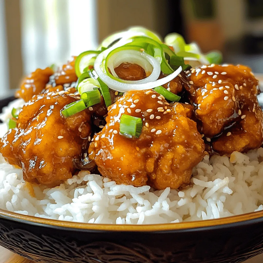 For the main part of the dish, you need: - 1 lb boneless chicken thighs, cut into bite-sized pieces - 1/2 cup cornstarch - 1/2 cup all-purpose flour - 1 teaspoon baking powder - 1 teaspoon garlic powder - 1 teaspoon onion powder - Salt and pepper to taste - Oil for frying These ingredients are key for that crispy texture. The chicken thighs stay juicy inside, while the coating gets golden brown. The sauce is what makes this dish shine. Gather these items: - 1/4 cup soy sauce - 1/4 cup chicken broth - 2 tablespoons rice vinegar - 2 tablespoons brown sugar - 1 tablespoon hoisin sauce - 1 tablespoon sesame oil - 2 teaspoons ginger, minced - 2 teaspoons garlic, minced - 1 teaspoon red pepper flakes (adjust to taste) This mix brings a balance of sweet and savory. The spice level can be changed based on your taste. For the final touch, you will need: - Sliced green onions - Toasted sesame seeds These garnishes add color and a bit of crunch. They make your dish look pretty and tasty. Start with 1 pound of boneless chicken thighs. Cut them into bite-sized pieces. In a large bowl, mix 1/2 cup of cornstarch, 1/2 cup of all-purpose flour, 1 teaspoon of baking powder, 1 teaspoon of garlic powder, and 1 teaspoon of onion powder. Add salt and pepper to taste. Mix this well. Now, add the chicken pieces to the bowl. Make sure each piece is coated well with the flour mix. In another saucepan, you'll create the sauce. Combine 1/4 cup of soy sauce, 1/4 cup of chicken broth, 2 tablespoons of rice vinegar, and 2 tablespoons of brown sugar. Add 1 tablespoon of hoisin sauce, 1 tablespoon of sesame oil, 2 teaspoons of minced ginger, 2 teaspoons of minced garlic, and 1 teaspoon of red pepper flakes. Heat this mixture over medium heat. Stir it occasionally until the sauce thickens slightly, about 3-5 minutes. Now, heat oil in a deep frying pan over medium-high heat. Once the oil is hot, carefully add the coated chicken pieces. Fry them in batches until golden brown and crispy, about 5-7 minutes. Use a slotted spoon to remove the chicken and let it drain on paper towels. After frying, add the chicken pieces to the sauce. Toss them well to coat. Cook for 2 more minutes, and then serve hot. To get that perfect crunch, use a mix of cornstarch and flour. The cornstarch creates a light, crispy coating. Make sure to coat each chicken piece well. Fry in hot oil to seal in the crunch. It takes about 5 to 7 minutes to get golden brown. Avoid overcrowding the pan. This helps keep the oil hot and the chicken crispy. To boost flavor, try adding a splash of orange juice to the sauce. It gives a nice citrus twist. You can also add more garlic and ginger for a punch. Red pepper flakes can be adjusted for spice levels. Toss in some green onions for freshness just before serving. This gives a nice crunch and color. If you need to swap ingredients, you can use chicken breasts instead of thighs. They are leaner but still tasty. For gluten-free options, use gluten-free soy sauce and cornstarch. If you lack hoisin sauce, try a mix of soy sauce and a bit of sugar. You can also use vegetable oil instead of sesame oil for frying. Just remember, these swaps may change the final flavor a bit! {{image_2}} You can make General Tso Chicken healthier. Swap chicken thighs for chicken breasts. Chicken breasts have less fat. Use less oil when frying. Instead of frying, try baking the chicken. Coat it lightly in the flour mixture. Bake at 400°F for about 20-25 minutes. This method keeps the taste while cutting calories. You can also use whole wheat flour instead of all-purpose flour. This adds more fiber to your meal. Want a meatless dish? Use tofu or tempeh instead of chicken. Cut the tofu into cubes and press out extra water. Coat the tofu in the flour mixture. Fry or bake until crispy. For a vegan sauce, swap chicken broth for vegetable broth. Check that your soy sauce is vegan. This way, you enjoy a tasty General Tso dish without meat. If you love heat, make it spicier! Add more red pepper flakes to the sauce. You can also include fresh chopped chili peppers. Sauté them with the garlic and ginger in the sauce. Another option is to drizzle sriracha on top before serving. Adjust the spice level to fit your taste. Enjoy every spicy bite! After enjoying your General Tso Chicken, let it cool completely. Place leftovers in an airtight container. Store in the fridge for up to three days. Keeping the chicken in its sauce helps it stay moist. When you're ready to eat leftovers, reheat them gently. Use a microwave-safe dish and cover it with a lid or microwave-safe wrap. Heat on medium power for about two minutes. Stir halfway to ensure even warmth. For a crispier texture, use a skillet over medium heat. Add a splash of water to steam the chicken slightly. If you want to save some for later, freezing works well. First, cool the chicken and sauce. Then, transfer them to freezer bags or containers. Remove as much air as possible to prevent freezer burn. You can freeze the dish for up to three months. To enjoy, thaw it overnight in the fridge and reheat as mentioned. To make General Tso Chicken less spicy, simply cut back on red pepper flakes. Start by adding only half a teaspoon. You can also use sweet chili sauce instead of the red pepper flakes. This change adds sweetness and flavor without too much heat. Don't forget to taste the sauce as you go. Adjust it until it fits your taste. Yes, you can use chicken breast instead of thighs. Chicken breast is leaner and will cook faster. Just be careful not to overcook it. Cut the chicken into bite-sized pieces to ensure even cooking. You may want to add a little extra sauce to keep it moist. General Tso Chicken pairs well with steamed white rice or fried rice. You can also serve it with sautéed vegetables for a colorful plate. Broccoli, bell peppers, and snap peas work great. For extra crunch, sprinkle some toasted sesame seeds on top. Sliced green onions make a nice garnish too. Enjoy your meal! This blog post covered all you need for General Tso Chicken. You learned key ingredients, step-by-step cooking, and tips for best results. We also explored tasty variations and how to store your dish. Remember, cooking is about fun and trying new things. Use this guide as your go-to for making a delicious meal. Enjoy your cooking adventure!