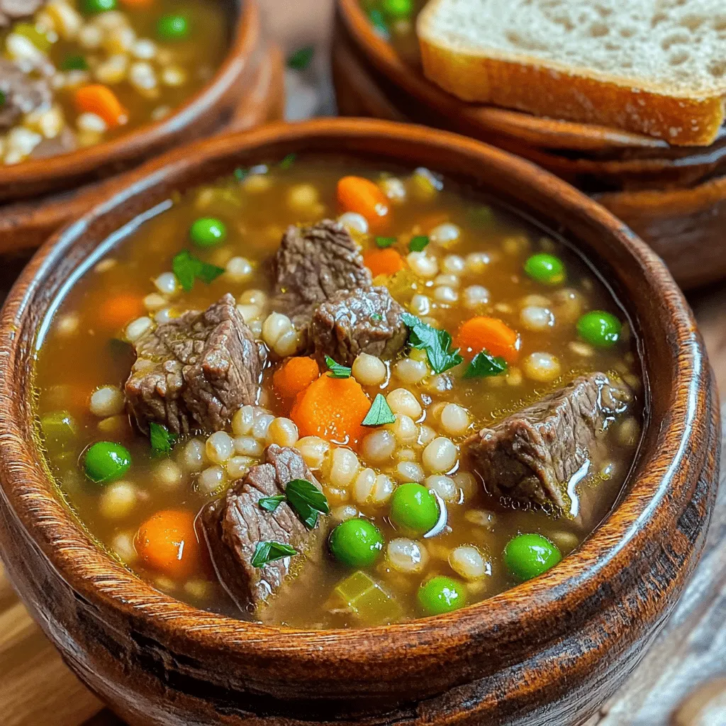 - 1 lb beef stew meat - 1 cup pearl barley - 1 large onion - 3 carrots - 2 celery stalks - 1 teaspoon dried thyme - 1 teaspoon dried rosemary - 2 bay leaves - Salt and pepper to taste - 4 garlic cloves - 6 cups beef broth - 1 cup peas (fresh or frozen) - 2 tablespoons olive oil - Chopped fresh parsley When it comes to making my hearty beef barley soup, I like to keep it simple yet flavorful. You will need one pound of beef stew meat cut into one-inch cubes. Choosing good-quality beef makes a big difference in taste and texture. Next, grab a cup of pearl barley. This grain adds a nice chew to the soup and thickens it beautifully. For the veggies, I use one large onion, three sliced carrots, and two sliced celery stalks. These aromatic ingredients form the base of the soup, giving it depth. I also add four minced garlic cloves for that extra punch. For seasonings, I rely on one teaspoon each of dried thyme and dried rosemary. These herbs bring warmth and earthiness. Don’t forget two bay leaves and some salt and pepper to taste. They round out the flavors perfectly. Lastly, we need six cups of beef broth to create a rich and hearty soup. If you like, you can use homemade broth for even better taste. I also add one cup of peas, which you can use fresh or frozen. They add a pop of color and sweetness. To finish, I drizzle two tablespoons of olive oil at the start to help the beef brown nicely. A sprinkle of chopped fresh parsley at the end adds a bright touch. With these ingredients, you're on your way to a warm and satisfying bowl of beef barley soup! - Preheat and prepare the pot: Start by heating your large pot over medium heat. Add two tablespoons of olive oil to the pot. This oil helps the meat brown nicely. - Cut meat and vegetables: While the pot heats, cut 1 lb of beef stew meat into 1-inch cubes. Dice 1 large onion, slice 3 carrots, and slice 2 celery stalks. Mince 4 garlic cloves. - Browning the beef: Once the oil is hot, add the beef cubes to the pot. Brown the meat on all sides for about 5-7 minutes. This step adds great flavor. - Sauté the vegetables: Next, add the diced onion, sliced carrots, and sliced celery to the pot. Sauté these vegetables for 4-5 minutes. You want them to soften a bit. - Combining ingredients: Stir in the minced garlic and cook for another minute. Then, pour in 6 cups of beef broth. Add 1 cup of pearl barley, 1 teaspoon of dried thyme, 1 teaspoon of dried rosemary, and 2 bay leaves. Season with salt and pepper to taste. - Simmering the soup: Bring the mixture to a boil. Once boiling, reduce the heat to low and cover the pot. Let it simmer for about 45 minutes. This allows the barley and beef to become tender. - Adding the peas: During the last 10 minutes of cooking, add 1 cup of peas to the pot. Fresh or frozen peas work great. - Adjusting the seasoning: After simmering, remove the bay leaves. Check the seasoning and adjust if needed. Ladle the soup into bowls and garnish with fresh parsley before serving. Using homemade beef broth makes a big difference. It adds richness and depth. You can make it by simmering bones, veggies, and herbs in water. If you don't have time, store-bought broth works, too. Just choose a low-sodium option for better control over the salt. Adjust the seasoning to your taste. After cooking, taste the soup. You may want to add more salt or pepper. Fresh herbs can also brighten up the flavor. Just sprinkle some in before serving. Ensuring tender beef is key. To do this, brown the beef well before adding other ingredients. This step builds flavor. Simmer the soup low and slow. This helps the meat become soft and juicy. Achieving the right barley consistency is also important. Pearl barley should be tender but not mushy. Keep an eye on it while it cooks. The soup should have a thick, hearty feel. Serve the soup in rustic bowls for a cozy vibe. It makes the meal feel special. Add a sprinkle of fresh parsley on top. This adds color and freshness. Consider serving with a slice of crusty bread. It’s perfect for dipping. This simple touch makes the meal even more enjoyable. {{image_2}} You can switch out the beef for chicken or turkey. This change gives the soup a lighter taste. Use the same cooking method. Just ensure the meat is cooked through. For a meat-free soup, try vegetable broth. This makes a great base for a hearty dish. Add beans or lentils for protein in this version. Feel free to add more veggies like potatoes or corn. They bring extra flavor and texture. You can also use seasonal vegetables for freshness. Try squash in the fall or green beans in summer. This way, your soup stays vibrant and exciting. A splash of red wine can lift the flavors of your soup. It adds depth and richness that’s hard to beat. You can also mix in different herbs for unique flavors. Basil or oregano can give a fresh twist. Each herb brings its own special taste, making your soup fun to explore. To store Beef Barley Soup in the fridge, let it cool first. Place it in a sealed container. This keeps the soup fresh and tasty. You can store it in the fridge for up to 3 days. Make sure it is cold before sealing to avoid steam buildup. If you want to freeze your soup, use an airtight container. Leave some space at the top, as soup expands when frozen. You can freeze Beef Barley Soup for up to 3 months. To thaw, place it in the fridge overnight. For quick thawing, you can use the microwave. When reheating, do it slowly on the stove or in the microwave. Stir often to heat it evenly. You might need to add a bit of broth or water, as the soup can thicken when frozen. Leftovers can be a treat! You can turn your soup into a stew by adding more veggies or potatoes. A great option is to use it as a filling for a pot pie. For a quick meal, serve it over rice or pasta. When reheating, do not forget to stir! This helps keep the flavors mixed. Enjoy your leftovers with a fresh side salad or some crusty bread. This way, you can make the most of your Beef Barley Soup. You can store Beef Barley Soup in the fridge for about 3 to 4 days. Make sure to use an airtight container. If you want to keep it longer, consider freezing it. In the freezer, the soup can last for up to 3 months. When you want to eat it, just thaw it in the fridge overnight. After that, reheat it on the stove or in the microwave. Yes, you can make Beef Barley Soup in a slow cooker! Start by browning the beef in a pan. After that, add all the ingredients to the slow cooker. Pour in the beef broth, and then add the barley, veggies, and spices. Cook it on low for about 7 to 8 hours. If you’re in a hurry, you can cook it on high for 3 to 4 hours. Add the peas in the last 10 minutes of cooking. Beef Barley Soup has many health benefits. The beef provides protein for strong muscles. Barley is a whole grain that offers fiber, which helps digestion. The veggies add vitamins and minerals. Carrots are great for your eyes, while celery is low in calories. Plus, the herbs add flavor without extra salt. This soup is a hearty meal that warms you up and keeps you healthy. In this article, we explored how to make a hearty Beef Barley Soup. We detailed the main ingredients, from beef stew meat to pearl barley and fresh veggies. I shared step-by-step cooking instructions and valuable tips to enhance flavor and texture. You learned about variations and how to store leftovers effectively. This soup is not just filling; it's fun to customize. Experiment with your favorite flavors. Enjoy creating this dish for your next meal!