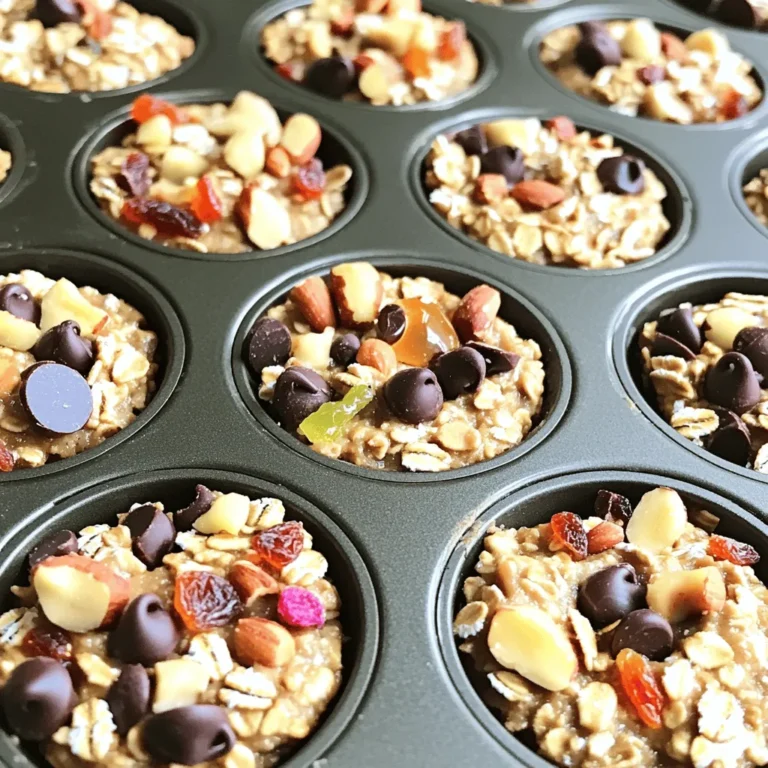 To make No-Bake Peanut Butter Oat Cups, you need simple and wholesome ingredients. Here’s what you will need: - 1 cup rolled oats - 1/2 cup creamy peanut butter - 1/4 cup honey or maple syrup - 1/4 cup almond flour - 1/2 teaspoon vanilla extract - 1/4 teaspoon sea salt - 1/2 cup dark chocolate chips - 1/3 cup chopped nuts (like walnuts or almonds) - 1/4 cup dried fruits (such as cranberries, raisins, or apricots) Each ingredient plays a role. Rolled oats form the base. They give you fiber and texture. Peanut butter adds richness and protein. Honey or maple syrup brings sweetness and binds everything. Almond flour adds a nutty flavor and helps with texture. Vanilla extract enhances the taste. Sea salt balances the sweetness. Dark chocolate chips offer a delicious touch. Chopped nuts give crunch, while dried fruits add chewiness and extra flavor. Feel free to mix in your favorite nuts or fruits. Customize it to your taste! - Mixing the dry ingredients: Start by taking a large mixing bowl. Add 1 cup of rolled oats, 1/4 cup of almond flour, and 1/4 teaspoon of sea salt. Stir these together well. This step is key for the right texture. - Combining the wet ingredients: In another bowl, mix 1/2 cup of creamy peanut butter, 1/4 cup of honey (or maple syrup), and 1/2 teaspoon of vanilla extract. Blend until smooth and creamy. This blend adds flavor and helps bind the cups. - Forming the oat cups: Pour the wet mix into the dry ingredients. Use a spatula to combine everything until it feels crumbly. Next, gently fold in 1/2 cup of dark chocolate chips, 1/3 cup of chopped nuts, and 1/4 cup of dried fruits. This step adds texture and sweetness. - Chilling time: Line a muffin tin with paper liners or spray it with cooking spray. Scoop the mixture into each muffin cup. Press down firmly. Place the muffin tin in the fridge for at least 30 minutes. This helps the cups hold their shape. - Checking firmness: After chilling, check if the oat cups are firm to the touch. If they are, pop them out of the tin. If they need more time, let them chill a bit longer. - How to serve: Serve the oat cups as a quick snack or dessert. They are perfect for kids and adults alike. - Pairing ideas: Try pairing these oat cups with fresh fruit or yogurt. You can also enjoy them with a glass of milk or a smoothie for a balanced treat. To get the right texture, you may need to adjust the mix. If your oat cups feel too dry, add a bit more peanut butter or sweetener. This small change can make a big difference. If they feel too wet, add more oats or almond flour. You can also substitute some ingredients to change the texture. For example, use quick oats instead of rolled oats for a softer feel. Or, swap almond flour with oat flour to keep it simple. Adding spices can take these cups to the next level. Try cinnamon or nutmeg for warmth. You can also add a dash of sea salt for balance. When it comes to flavor, both chocolate and vanilla shine in this recipe. Dark chocolate adds richness, while vanilla brings a sweet note. You can even mix both for a well-rounded taste. Serving is all about creativity. You can layer these cups in clear cups for a fun look. Top them with extra chocolate chips or nuts for a pop of color. Using different molds can also spice things up. Try mini muffin tins for bite-sized treats or silicone molds for fun shapes. This not only looks great but makes the cups easy to pop out too. {{image_2}} You can easily make these oat cups fit your needs. For a gluten-free option, swap the rolled oats for certified gluten-free oats. This change keeps the recipe safe for those with gluten allergies. If nuts are a concern, use sunflower seed butter instead of peanut butter. You can also skip the nuts and add seeds like pumpkin or chia for crunch. Try different nut butters to change the flavor. Almond or cashew butter works well and adds a smooth taste. You can also mix in superfoods like chia seeds or flaxseeds. These add extra nutrition without changing the taste too much. For a fun twist, add some protein powder to boost energy and keep you full longer. You can make seasonal versions of these oat cups. In the fall, add spices like cinnamon or nutmeg for warmth. You can also mix in chopped apples or pumpkin puree. For summer, think fruity! Add chopped strawberries or blueberries for a fresh taste. Dried fruits like cranberries or apricots work well too. These changes keep your oat cups exciting all year round! Store your no-bake peanut butter oat cups in airtight containers. This keeps them fresh and tasty. Place a layer of parchment paper between cups if they stack. For best results, put them in the fridge right after making. This helps maintain their firm texture. These oat cups last up to a week in the fridge. If you want them to last longer, try freezing them. They can stay good for about three months in the freezer. Wrap each cup in plastic wrap or foil before freezing. This ensures they do not stick together and keeps them fresh. To re-enjoy your oat cups, let them sit at room temperature for a few minutes. This makes them easier to bite into. You can also warm them in the microwave for about 10-15 seconds. Be careful to not overheat, as this can change the texture. Enjoy them cold or slightly warmed for the best taste! These oat cups last for about one week in the fridge. Store them in an airtight container to keep them fresh. If you want to keep them longer, you can freeze them for up to three months. Just remember to wrap them well to avoid freezer burn. Yes, you can use other sweeteners like agave or stevia. These can give you a different taste while still keeping the cups sweet. Just be sure to adjust the amount, as some sweeteners are much sweeter than honey or maple syrup. If you don’t have almond flour, you can use oat flour or coconut flour. You can even use all-purpose flour if you don’t mind gluten. Just make sure to keep the consistency right. You might need to add a bit more liquid if you use coconut flour, as it absorbs more moisture. Absolutely! These oat cups are great for kids. They are sweet, chewy, and packed with good stuff. The peanut butter adds protein, and the oats give energy. Plus, kids can help make them, making it a fun kitchen activity. These no-bake peanut butter oat cups are fun and easy to make. We learned about the simple ingredients and step-by-step instructions for perfecting these treats. I shared tips for texture and flavor, plus ways to store and enjoy them. You can also try variations for each season. These cups are great for kids and anyone wanting a tasty snack. Now, it’s time to gather the ingredients and create your own delicious oat cups! Enjoy the process and the tasty results.