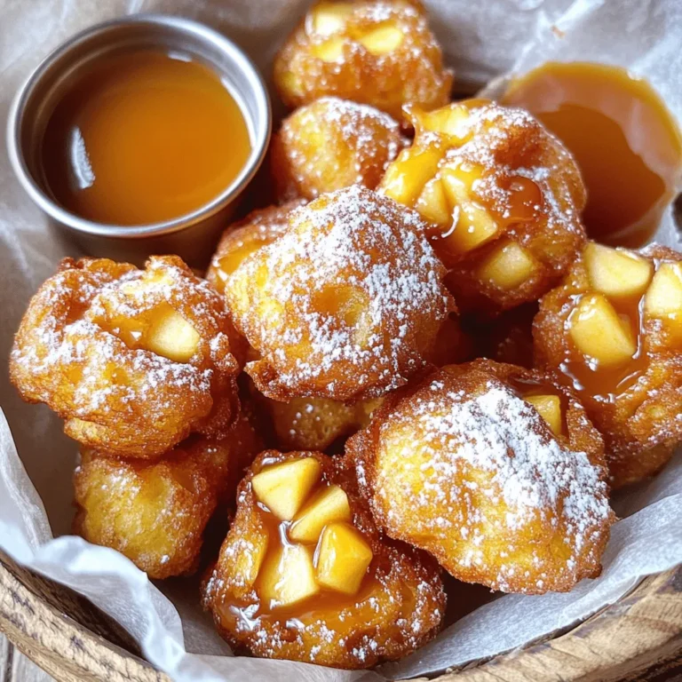 To make tasty apple fritter bites, you need simple ingredients. Gather the following: - 2 medium apples (Granny Smith or Honeycrisp), peeled and diced - 1 cup all-purpose flour - 1/2 cup sugar - 1 teaspoon baking powder - 1/2 teaspoon cinnamon - 1/4 teaspoon nutmeg - 1/2 teaspoon salt - 1/2 cup milk - 1 large egg - 1 teaspoon vanilla extract - Oil for frying - Powdered sugar for dusting Each ingredient plays a key role. The apples give a sweet and tart flavor. The flour holds it all together. Sugar adds sweetness, while baking powder helps them puff up. Cinnamon and nutmeg bring warmth and spice. Milk, egg, and vanilla create a smooth batter. Finally, oil is essential for frying. Dusting with powdered sugar makes them look and taste delightful. Start by gathering your ingredients. You will need: - 2 medium apples (Granny Smith or Honeycrisp), peeled and diced - 1 cup all-purpose flour - 1/2 cup sugar - 1 teaspoon baking powder - 1/2 teaspoon cinnamon - 1/4 teaspoon nutmeg - 1/2 teaspoon salt - 1/2 cup milk - 1 large egg - 1 teaspoon vanilla extract - Oil for frying - Powdered sugar for dusting 1. In a mixing bowl, whisk together the flour, sugar, baking powder, cinnamon, nutmeg, and salt. Make sure they mix well. 2. In another bowl, beat the egg. Add the milk and vanilla extract. Mix until smooth and creamy. 3. Gradually pour the wet mix into the dry mix. Stir gently until just combined. A few lumps are fine. 4. Fold in the diced apples, coating them well with the batter. 1. Heat oil in a deep frying pan over medium heat. The oil should reach about 350°F or 175°C. It must be hot but not smoking. 2. Use a small scoop or spoon to drop bite-sized balls of batter into the hot oil. Fry them in batches to avoid crowding. 3. Cook each side for about 2-3 minutes. They should turn a nice golden brown. Use a slotted spoon to remove them and place them on a paper towel-lined plate to drain the excess oil. 1. Once drained, take your warm fritter bites and dust them with powdered sugar. This adds sweetness and a lovely finish. 2. Serve them in a rustic basket lined with parchment paper. A small bowl of caramel sauce or maple syrup on the side makes a great dip. Enjoy each delightful bite! - Ensuring the right oil temperature: Heat your oil to about 350°F (175°C). You want it hot, but not smoking. If the oil is too cool, the bites will soak up too much oil. If it's too hot, they will burn. - Avoiding overmixing the batter: Mix just until you see no dry flour. A few lumps are fine. Overmixing can make the fritters tough. - Checking for doneness: Fry the bites for about 2-3 minutes on each side. They should be golden brown. Use a slotted spoon to check their color. A perfect fritter is crisp outside and soft inside. - Presentation ideas for serving: Serve your fritter bites in a rustic basket lined with parchment paper. Dust them with powdered sugar for a lovely look. - Dipping sauces to pair with: Offer a small bowl of caramel sauce or maple syrup on the side. These sweet dips add a nice touch to each bite. - Garnishing options: You can add a sprinkle of cinnamon on top. A few apple slices on the side also looks nice and fresh. {{image_2}} You can change the flavor of your fritter bites easily. One way is to add spices. Try ginger or cloves for a warm twist. These spices add depth and warmth. You can also mix in other fruits. Blueberries and raspberries make great additions. They add color and a burst of flavor. Just make sure to adjust the sugar based on the fruit's sweetness. This way, your bites will stay balanced. If you need gluten-free options, use gluten-free flour. It works well and keeps the taste nice. You can also make these fritters vegan. Replace the egg with a mashed banana or applesauce. Use almond milk instead of regular milk. These swaps help keep the texture right. You still get the tasty fritter bites without the eggs or gluten. To keep your apple fritter bites fresh, store them in an airtight container. You want to place a paper towel at the bottom of the container. This helps absorb extra moisture. You can store them at room temperature for one day. If you have leftovers after that, move them to the fridge. This keeps them fresh for up to three days. For the best taste, reheat your fritter bites in the oven. Preheat the oven to 350°F (175°C). Place the fritter bites on a baking sheet and cover them with foil. Heat for about 10 minutes. This method keeps them warm and crispy. Avoid using the microwave, as it makes them soggy. If you don't have an oven, use a skillet on low heat. This will help them regain some crunch. Can I make these in advance? Yes, you can prepare the batter ahead of time. Mix all the dry and wet ingredients. Store it in the fridge for up to 24 hours. When you’re ready, just fold in the apples and fry. Fresh is best, so try to fry them right before serving. What type of apples are best for fritters? Granny Smith and Honeycrisp apples work well. They add a nice tartness and hold their shape during frying. You can also experiment with other apples for sweetness or texture. Just choose crisp apples for the best bites. How do I store un-fried batter? Keep the un-fried batter in an airtight container. It lasts well in the fridge for one day. If you need to store it longer, consider freezing it. Make sure to thaw it completely before using. Locating pre-made apple fritter bites You can find pre-made apple fritter bites in many grocery stores. Look in the bakery or frozen sections. Some stores even offer them fresh in their pastry cases. Brands and reviews for store-bought options Several brands like Entenmann's and Dunkin' Donuts offer apple fritter bites. Check online reviews to find the best taste. Many people love the sweet glaze and soft texture of these treats. For detailed instructions on how to make these tasty bites, refer to the full recipe [here](#). Making apple fritter bites is easy and fun. We covered the key ingredients, step-by-step instructions, and tips to make them perfect. You learned about flavor variations and storage options to keep them fresh. Try different fruits and spices to make your fritters unique. Enjoy these tasty treats any time. With the right care, they’ll be a hit at your table. Now go ahead, make some fritter bites, and share them with friends and family!