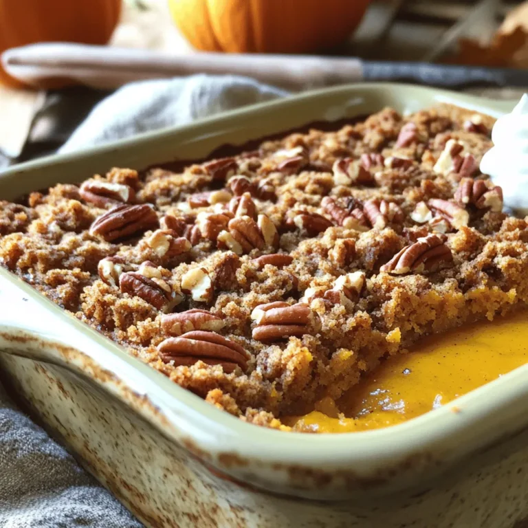 To bake a delicious Pecan Pumpkin Crunch Cake, gather these ingredients: - 1 can (15 oz) pure pumpkin puree - 1 cup granulated sugar - 1 teaspoon ground cinnamon - 1/2 teaspoon ground nutmeg - 1/2 teaspoon ground ginger - 1/2 teaspoon salt - 4 large eggs - 1 cup evaporated milk - 1 cup chopped pecans - 1 cup yellow cake mix (dry) - 1/2 cup unsalted butter, melted - 1 cup brown sugar, packed - Whipped cream for serving (optional) If you have dietary needs, here are some great swaps: - For a gluten-free option, use gluten-free cake mix instead of yellow cake mix. - You can replace the eggs with flaxseed meal. Mix 1 tablespoon of flaxseed with 3 tablespoons of water for each egg. - Use coconut milk or almond milk in place of evaporated milk for a dairy-free version. - For a lower sugar option, use a sugar substitute. To keep your ingredients fresh, follow these tips: - Store pumpkin puree in an airtight container in the fridge. It lasts about a week. - Keep granulated sugar in a cool, dry place. It stays fresh for a long time. - Store chopped pecans in the fridge to keep them from going stale. They last about a month. - Keep your cake mix in a sealed bag or container to avoid moisture. Check the expiration date. 1. Preheat the oven: Set your oven to 350°F (175°C). This step warms the oven for even baking. 2. Grease the dish: Take a 9x13 inch baking dish. Coat it with non-stick spray or butter. This helps the cake come out easily. 3. Mix the pumpkin mixture: In a large bowl, combine: - 1 can (15 oz) pure pumpkin puree - 1 cup granulated sugar - 1 teaspoon ground cinnamon - 1/2 teaspoon ground nutmeg - 1/2 teaspoon ground ginger - 1/2 teaspoon salt - 4 large eggs - 1 cup evaporated milk Whisk until smooth. This creates a creamy base for your cake. 4. Pour the mixture: Carefully pour the pumpkin mix into the greased baking dish. Spread it evenly. This layer will be rich and flavorful. 5. Prepare the topping: In another bowl, mix together: - 1 cup dry yellow cake mix - 1/2 cup packed brown sugar Stir in 1/2 cup melted unsalted butter. Mix until it looks like coarse crumbs. This will add a crunchy topping. 6. Add the topping: Evenly sprinkle the crumb mixture over the pumpkin layer. Then, add 1 cup chopped pecans on top. This adds texture and a nutty flavor. 7. Bake the cake: Place the baking dish in the oven. Bake for 55-60 minutes. The top should turn golden brown. Check with a toothpick; it should come out clean. 8. Cool the cake: Once baked, take the pan out of the oven. Let it cool slightly. This helps with cutting. 9. Serve the cake: Cut into squares. You can serve it warm or at room temperature. Top with whipped cream if you like. This adds a nice touch to your dessert. Enjoy! To make a great pecan pumpkin crunch cake, you need to follow some simple tips. First, use pure pumpkin puree, not pie filling. The filling has added sugar and spices that can change the flavor. Next, whisk your eggs well before adding them to the pumpkin mix. This will help your cake rise better. When you add the cake mix and brown sugar, make sure to mix them until they look like coarse crumbs. This step is key to getting the crunchy topping right. Lastly, let the cake cool slightly before cutting. It helps the layers set and makes serving easier. One common mistake is not measuring ingredients carefully. Too much sugar can make the cake too sweet. Also, don’t skip the spices. They bring out the pumpkin flavor. Another mistake is overbaking the cake. Keep an eye on it during the last few minutes. Use a toothpick to check for doneness. If it comes out clean, your cake is ready. Avoid using a cold baking dish; always grease it first to help the cake release easily. You can add extra flavor to your cake in fun ways. Try mixing in some chocolate chips for a sweet surprise. Adding a pinch of salt can also boost the flavor of the pumpkin. For texture, consider using a mix of nuts. Pecans are great, but walnuts or almonds can add a nice crunch too. If you want a hint of sweetness, drizzle some maple syrup on top before serving. It pairs well with whipped cream and makes the cake even more delightful. {{image_2}} You can make a gluten-free version of this cake. Use a gluten-free yellow cake mix instead of regular mix. Check the label to ensure it’s safe for your diet. The rest of the ingredients stay the same. The taste will still be rich and tasty. Want a vegan option? Replace the eggs with flax eggs. Mix one tablespoon of flaxseed meal with three tablespoons of water for each egg. Let it sit for five minutes. Use coconut milk instead of evaporated milk for a creamy texture. This keeps your cake soft and moist. You can play with flavors to make this cake your own. Adding chocolate chips brings a sweet twist. Try folding in half a cup of chocolate chips into the pumpkin layer. You can also sprinkle some spices like cardamom or cloves for a different taste. These small changes can create a whole new dessert experience. To keep your Pecan Pumpkin Crunch Cake fresh, store it in an airtight container. If you don’t have one, wrap it tightly in plastic wrap. This will help keep moisture inside and prevent it from drying out. Place the cake in the fridge if you plan to eat it within a week. For longer storage, use the freezer. You can freeze Pecan Pumpkin Crunch Cake for up to three months. First, let the cake cool completely. Then, cut it into squares for easy serving later. Wrap each piece in plastic wrap. After that, place the wrapped pieces in a freezer bag. Be sure to remove as much air as possible before sealing. Label the bag with the date so you remember when you froze it. When you're ready to enjoy your frozen cake, remove a piece from the freezer. Let it thaw in the fridge overnight for best results. If you’re in a hurry, you can microwave it. Heat it on low power for 20 seconds at a time until warm. A fresh dollop of whipped cream on top makes it even better! Pecan Pumpkin Crunch Cake lasts about 3 to 5 days. Store it in an airtight container. Keep it in the fridge to stay fresh and tasty. If you notice any changes in smell or appearance, it’s best to toss it out. Yes, you can make this cake a day or two ahead. Just bake it, let it cool, and store it in the fridge. This allows the flavors to blend well. When ready to serve, just slice and enjoy! Pecan Pumpkin Crunch Cake pairs nicely with whipped cream or vanilla ice cream. You can also serve it with a warm cup of coffee or tea. The flavors complement each other perfectly, making your dessert even more delightful! We covered how to make a great Pecan Pumpkin Crunch Cake. You learned about key ingredients and some swaps for dietary needs. The step-by-step guide helps you bake it just right. I shared tips to avoid common mistakes and ways to boost flavor. You also discovered storage tips to keep your cake fresh. Try these variations to suit your taste or diet. Baking this cake is fun and rewarding. Enjoy every bite and share it with friends!
