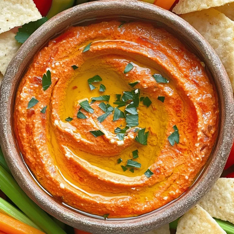 To make this tasty dip, you need: - 2 large red bell peppers - 1 cup crumbled feta cheese - 1/4 cup Greek yogurt - 2 cloves garlic, minced - 2 tablespoons olive oil - 1 tablespoon lemon juice - 1/2 teaspoon smoked paprika - Salt and pepper to taste - Fresh parsley, for garnish The amounts here work well. You can play with them. For less salt, cut back on it. If you want more zing, add lemon juice. You can swap Greek yogurt for sour cream if you like. Feta cheese adds a nice flavor, but you can use goat cheese too for a different taste. Fresh red bell peppers give the best taste. Roasting them brings out the sweet flavor. You can also use jarred roasted peppers for quick prep. They save time but may have added salt. If you choose jarred, rinse them under water to reduce sodium. Fresh ingredients often add more flavor and nutrients. First, gather your red bell peppers. You need two large ones. Wash them well under cool water. This helps remove dirt and any grit. Once clean, dry them off with a towel. Now, they are ready for roasting. Next, preheat your oven to 450°F (230°C). Place the whole red peppers on a baking sheet. Roast them for about 25-30 minutes. Turn them every so often. You want the skin to get charred and blistered. After roasting, take them out and place them in a bowl. Cover the bowl with plastic wrap for about 10 minutes. This steaming makes it easier to peel the skin later. Once the peppers are cool, peel off the skin. Remove the seeds and stems too. Now, place the roasted peppers in a food processor. Add the crumbled feta cheese, Greek yogurt, minced garlic, olive oil, lemon juice, smoked paprika, salt, and pepper. Blend everything until it is smooth and creamy. You might need to scrape the sides down a few times. Taste the dip and adjust the seasoning as needed. When it’s ready, pour it into a serving bowl. Drizzle a bit of olive oil on top for flair. Finally, garnish with fresh parsley for color. Serve with pita chips or veggie sticks for a fun snack! To get the perfect texture, blend the dip well. Use a food processor for a smooth finish. Start with roasted red peppers and feta cheese. Add Greek yogurt for creaminess. Blend until it is silky and soft. If you want it chunkier, pulse less. This way, you keep some bits for a nice bite. You can tweak the flavor to fit your taste. Want it tangy? Add more lemon juice. If you like spice, toss in more smoked paprika. Don’t forget to taste as you go. Add salt and pepper slowly. This lets you control the taste. Each person has their own preference, so make it yours! Serve this dip with fun and tasty sides. Pita chips work great for dipping. Fresh veggie sticks like carrots and cucumbers add crunch. You can also use crackers for a nice touch. For a pop of color, sprinkle fresh parsley on top. This makes your dish look as good as it tastes! {{image_2}} You can change the flavor of your dip easily. Adding spices or herbs makes it special. Try adding a pinch of cayenne pepper for heat. You might also love fresh basil or cilantro. They bring a fresh taste that brightens the dip. Experiment with your favorite spices. This way, each dip can be unique! Do you prefer a smooth or chunky dip? A creamy dip is easy to spread and enjoy. To make it smooth, blend it longer. For a chunkier style, blend less. You can keep some red pepper bits for texture. Both styles taste great and look delicious on a platter! Feta cheese gives the dip a nice tang. But you can switch it up! Try using goat cheese for a creamy twist. Or, blend in some cream cheese for extra richness. Each cheese changes the flavor and texture. It’s fun to explore these options and find your favorite! After enjoying your roasted red pepper and feta dip, you may have some left. Store it in an airtight container. Keep it in the fridge. This dip stays fresh for about five days. If you notice any change in smell or color, it's best to toss it. You can freeze this dip if you want to save it for later. Place the dip in a freezer-safe container. Leave some space at the top for expansion. It will stay good for about three months. When you are ready to eat it, thaw it in the fridge overnight. To reheat your dip, simply warm it in a pot on low heat. Stir it gently to avoid burning. You can also use the microwave. Heat in short bursts, stirring in between. Serve it warm for a delightful taste. Pair it with pita chips or fresh veggies for a fun snack. Yes, you can use roasted red peppers from a jar. They save time and effort. Just drain them well before use. This dip remains tasty and creamy with jarred peppers. The dip lasts about 3 to 5 days in the fridge. Store it in an airtight container. Make sure to keep it well covered. Always check for any changes in smell or texture before eating. You can serve this dip with many things. Pita chips are a great choice. Fresh veggie sticks, like carrots or cucumbers, add crunch. You can also use crackers or toasted bread for dipping. Yes, this dip is gluten-free. All the ingredients are safe for gluten-free diets. Just make sure to check any labels on store-bought items. Enjoy this dip without worry! In this post, we covered how to make a tasty roasted red pepper and feta dip. We explored the best ingredients and their swaps, with clear steps for prepping, roasting, and blending. Tips for texture and flavor added to the fun. You learned about serving ideas and how to store leftovers properly. This dip is flexible. You can easily change spices, textures, and even cheese types. Enjoy your cooking and make this dip your way!